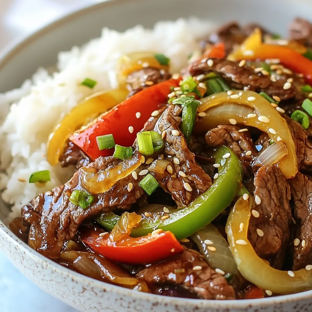 - 1 lb flank steak, thinly sliced against the grain - 1 large green bell pepper, sliced into strips - 1 large red bell pepper, sliced into strips - 1 medium onion, thinly sliced - 3 tablespoons soy sauce - 1 tablespoon oyster sauce - 1 tablespoon cornstarch - 3 cloves garlic, minced - 1 tablespoon fresh ginger, grated - 1 teaspoon freshly ground black pepper - 1 tablespoon brown sugar - 1 teaspoon sesame oil - Chopped green onions - Sesame seeds - Cooked jasmine rice or noodles for serving When you prepare this dish, gather all these ingredients first. The flank steak gives the dish its tender texture. The green and red bell peppers add vibrant colors and crunch. The onion brings sweetness and flavor. For the marinade, soy sauce and oyster sauce give a nice umami kick. Cornstarch helps the steak stay juicy during cooking. The garlic and ginger add depth to the dish. Freshly ground black pepper gives a bit of heat, while brown sugar balances the flavors. Finally, sesame oil adds a nutty finish. Optional garnishes like green onions and sesame seeds make the dish pop. Serve it with jasmine rice or noodles to soak up the tasty sauce. This makes every bite a delight! {{ingredient_image_2}} First, take your flank steak and slice it thinly against the grain. Place it in a mixing bowl. Then, add 3 tablespoons of soy sauce, 1 teaspoon of freshly ground black pepper, and 1 tablespoon of cornstarch. Mix it all together well. Make sure each piece of steak gets coated. Let it marinate for 15 to 20 minutes. This helps the meat soak up all the flavors. Heat a large skillet or wok on high heat. Add 1 tablespoon of vegetable oil. When the oil is hot, add your marinated steak. Stir-fry it for about 2 to 3 minutes. Look for a nice brown color on the outside. The inside can be slightly undercooked since it will cook more later. Once browned, remove the steak from the skillet and set it aside on a plate. In the same skillet, add another tablespoon of vegetable oil. Now, add your sliced onions and bell peppers. Sauté them for 3 to 4 minutes. You want them tender but still a little crunchy. This way, they keep their bright colors and flavors. Next, stir in 3 cloves of minced garlic and 1 tablespoon of grated ginger. Cook this for 1 to 2 minutes. You’ll smell a wonderful aroma. Now, return the cooked steak to the skillet. Add 1 tablespoon of oyster sauce, 1 tablespoon of brown sugar, and 1 teaspoon of sesame oil. Mix everything together thoroughly. Cook for another 3 to 4 minutes until the steak is fully cooked and the vegetables are tender. Taste and adjust seasonings if needed. Serve your sizzling Chinese pepper steak hot over jasmine rice or noodles. Don’t forget to garnish with chopped green onions and sesame seeds. Enjoy! Marinating the steak is key for flavor. The marinade time is important. I suggest 15 to 20 minutes. This allows the meat to soak in the soy sauce and spices. If you like it saltier, add more soy sauce. Want it sweeter? Increase the brown sugar. Adjust the marinade for your taste. The cooking temperature matters. Use high heat for the wok or skillet. This helps the steak sear quickly. It keeps the juices inside. When cooking the veggies, stir-fry them for just 3 to 4 minutes. This keeps them crunchy. Do not overcook. You want vibrant colors and a crisp bite. How you plate your dish can make it special. Serve in a large, shallow bowl. This showcases the colorful steak and veggies. Use a mound of jasmine rice or noodles on the side. It soaks up all the tasty sauce. For garnish, sprinkle green onions and sesame seeds on top. This adds a nice touch and makes it look fancy. Pro Tips Marinate for Maximum Flavor: Allow the flank steak to marinate for at least 20 minutes to enhance the flavor profile. For a deeper taste, consider marinating it for a few hours or even overnight in the refrigerator. High Heat is Key: Cooking the steak over high heat helps achieve a nice sear while keeping it tender. Ensure your skillet or wok is preheated before adding the steak to get that perfect char. Veggie Crunch: To retain the crunch of the bell peppers and onions, avoid overcooking them. Stir-fry just until they are tender but still vibrant in color. Serving Suggestions: Serve your sizzling pepper steak with jasmine rice or noodles, and don't forget to garnish with green onions and sesame seeds for a burst of flavor and a beautiful presentation. {{image_4}} You can switch the flank steak for chicken or tofu. Chicken breast works well, too. Just slice it thinly. Tofu adds a nice texture and absorbs sauces well. Press the tofu first to remove excess water. This helps it soak up flavor better. Marinate it the same way to keep it tasty. Adding extra veggies makes this dish even better. Snow peas add a nice crunch and color. Carrots bring sweetness and color to the stir-fry. Broccoli is another great choice for extra nutrients. Feel free to mix and match your favorite vegetables. Just keep the cooking time in mind so everything stays crisp. Get creative with sauces and spices to change the taste. Try hoisin sauce for a sweeter flavor. You can also add chili paste for heat. Experiment with different spices like five-spice powder for an extra kick. Don’t be afraid to adjust the soy sauce too, depending on your taste. Each change can bring a new twist to your dish. To keep your Chinese pepper steak fresh, store it in an airtight container. Make sure the steak and vegetables are cool before sealing the container. Place it in the fridge. This way, it stays tasty for up to three days. If you want to keep it longer, consider freezing. When warming up your leftovers, use a skillet or a microwave. For the skillet, heat it on medium. Add a splash of water or broth to help keep the steak juicy. Stir often to avoid burning. If you use a microwave, place the dish in a microwave-safe bowl. Cover it with a lid or wrap it to keep moisture in. Heat in short bursts, stirring in between. To freeze your Chinese pepper steak, divide it into portions. Place each portion in a freezer-safe bag or container. Be sure to squeeze out any extra air to prevent freezer burn. This dish can last in the freezer for up to three months. When you're ready to eat, thaw it in the fridge overnight. Reheat it gently to keep its flavor and texture. Yes, you can! While flank steak works well, you can try other cuts. Sirloin steak is a great option. It is tasty and tender. You can also use ribeye for a richer flavor. Just make sure to slice it thinly, like you would with flank steak. This helps it cook evenly and stay tender. To make this dish gluten-free, use gluten-free soy sauce. Look for brands that say "gluten-free" on the label. You can also find gluten-free oyster sauce in stores or online. This way, you can enjoy the same great taste without gluten. You can prep this dish ahead! Slice the steak and veggies and store them in the fridge. Marinate the steak for 15-20 minutes right before cooking. This way, you save time on busy days. Just be sure to cook the dish fresh for the best taste. This dish pairs well with jasmine rice or noodles. They soak up the sauce and make it more filling. You can also serve it with a side of steamed broccoli or snap peas. These add color and extra nutrients to your meal. This blog post covered everything you need for a great Chinese Pepper Steak. We discussed the main ingredients, marinade, seasonings, and tips for cooking. You learned how to marinate the steak and stir-fry the vegetables to get perfect taste and texture. Incorporate your favorite proteins, swap in veggies, or adjust flavors to make it your own. With the right techniques and storage tips, you can enjoy this delightful dish anytime. Now, get cooking and enjoy your meal!
