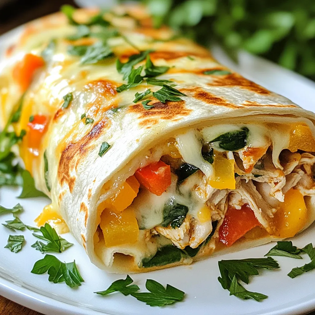 - 2 boneless, skinless chicken breasts - 1 cup shredded mozzarella cheese - 1/2 cup cream cheese, softened - 3 cloves garlic, finely minced - 1 teaspoon dried Italian herbs - 1/2 teaspoon smoked paprika - Salt and black pepper, to taste - 4 large tortillas - 1 cup fresh spinach leaves - 1/2 cup bell peppers, sliced - 2 tablespoons olive oil - Optional: fresh parsley, chopped You can add other veggies like mushrooms or zucchini. Avocado adds creaminess and flavor. Swap mozzarella for cheddar or pepper jack for a spicy kick. Try using different herbs for unique tastes, too. - Calories: About 450 per wrap - Proteins: Approximately 30 grams - Fats: Roughly 25 grams - Carbs: Around 30 grams These wraps provide a balanced meal. The chicken gives you protein, while the veggies add fiber and nutrients. Enjoy these wraps as a tasty, filling option! {{ingredient_image_2}} First, season the chicken breasts with salt, black pepper, and smoked paprika. Use just enough spice to make it tasty. Heat olive oil in a skillet over medium heat. Once hot, add the chicken breasts. Cook them for about 6-7 minutes on each side. You want the chicken to reach 165°F inside. This ensures it is safe to eat. When done, take the chicken out and let it rest for a few minutes. This helps keep it juicy. In a mixing bowl, put the softened cream cheese. Add the minced garlic and dried Italian herbs. Use a fork to mix these ingredients well. You want a smooth and creamy texture. This mixture adds a rich flavor to your wraps. Grab a tortilla and spread a layer of the garlic cream cheese mixture over it. Make sure to cover it evenly. Next, add a handful of fresh spinach leaves. Then, layer on the shredded chicken, sliced bell peppers, and a sprinkle of mozzarella cheese. Be generous with the cheese for extra meltiness. Clean your skillet to remove any leftover bits. Put it back on medium-low heat. Place the wraps seam-side down in the skillet. Cook each wrap for about 2-3 minutes on each side. You want them golden brown and crispy. The cheese should melt nicely inside. Once cooked, take the wraps out and let them cool for a minute. For a nice look, slice each wrap diagonally to show off the colorful filling. To shred chicken well, let it cool for a few minutes. This helps keep it juicy. Use two forks to pull it apart. You can also chop it into small pieces. Aim for bite-sized chunks for easy eating. This method makes your wraps easier to handle and more enjoyable. Choose large tortillas for a better wrap. Whole wheat or flour options work well. Spread a thick layer of the garlic cream cheese mixture on the tortilla. This adds flavor and helps hold the wrap together. Make sure to fold in the sides tightly before rolling. This keeps the filling from spilling out. Cooking the wraps until golden brown gives a nice crunch. Add fresh herbs like parsley on top for color. You can also try different veggies. Chopped tomatoes or avocados add freshness. For more flavor, sprinkle some chili flakes inside. Pair with a light dip like ranch or yogurt. This adds extra taste and makes the meal even better. Serving on a colorful plate makes your wraps look great too! Pro Tips Let the Chicken Rest: Allowing the chicken to rest after cooking helps retain its juices, resulting in a more flavorful and tender wrap. Customize Your Fillings: Feel free to add or substitute ingredients like mushrooms, onions, or different cheese varieties for a personalized touch. Use High Heat for Crispiness: Cooking the wraps on medium-low heat allows the cheese to melt while ensuring the tortilla gets crispy without burning. Experiment with Dips: Serve with a variety of dips such as marinara, garlic sauce, or salsa to add extra flavor and enjoyment to your wraps. {{image_4}} You can swap chicken for turkey. Turkey has a mild taste that works well. Simply season and cook it the same way. If you want a plant-based option, try tofu. Use firm tofu and press it to remove moisture. Then, cube it and cook until golden. Both options are tasty and keep the dish healthy. Cheese adds rich flavor to wraps. While mozzarella is great, consider using cheddar. Cheddar gives a sharp taste that some love. Pepper Jack is another fun choice. It adds a spicy kick to your wrap. Mix and match these cheeses to find your favorite blend. For a vegetarian wrap, just skip the chicken. Instead, use hearty veggies like mushrooms or zucchini. You can still use the garlic cream cheese mix for creaminess. If you want a vegan wrap, replace cream cheese with vegan cream cheese. Add more veggies like roasted peppers or beans for protein. These options are delicious and satisfying. To keep your leftover wraps fresh, wrap them tightly in plastic wrap or foil. Place them in an airtight container. Store them in the fridge for up to three days. This keeps them tasty and ready for your next meal. When you’re ready to enjoy your leftovers, heat a skillet over medium heat. Place the wraps seam-side down in the skillet. Cook for about 2-3 minutes on each side. This will warm the wraps and crisp them up again. You can also use the microwave. Heat them on a plate for about 30 seconds, checking often. If you want to store wraps for a longer time, freezing is a great option. Allow the wraps to cool completely first. Then, wrap each one tightly in plastic wrap. Place them in a freezer-safe bag or container. They can last up to three months in the freezer. To reheat, let them thaw in the fridge overnight before following the reheating instructions. Yes, you can make these wraps ahead of time. Prepare the chicken and garlic mixture. After assembling, wrap them tightly in foil or plastic wrap. Store them in the fridge for up to 24 hours. When ready to eat, heat them in a skillet until warm. These wraps taste great with various dipping sauces. Here are some tasty options: - Ranch dressing - Honey mustard - Garlic aioli - Spicy salsa - Yogurt-based dip Try different sauces to find your favorite! To make these wraps healthier, consider these tips: - Use whole wheat tortillas for more fiber. - Add more fresh veggies like cucumbers or tomatoes. - Substitute low-fat cream cheese for regular. - Use grilled chicken instead of oil-fried. - Limit cheese or use a smaller amount. These changes can help reduce calories without losing flavor. If you want a low-carb choice, try these options: - Lettuce leaves, like romaine or butter lettuce. - Cauliflower wraps, which are easy to make or buy. - Zucchini slices, cut thin and used as a wrap. - Large portobello mushrooms, which hold fillings well. These substitutes can keep your wraps tasty and low in carbs! In this blog post, we explored making tasty Cheesy Garlic Chicken Wraps from start to finish. You learned about the key ingredients, the easy steps for preparation, and helpful tips for success. Customizing your wrap with different proteins or cheeses can add fun twists. Lastly, I shared storage tips to keep your leftovers fresh. Enjoy crafting these wraps at home, and feel free to make them your own! Embrace these ideas, and happy cooking!