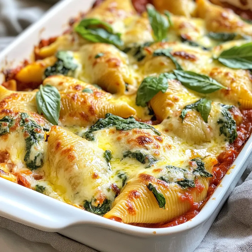 To make delicious Spinach Ricotta Stuffed Shells, gather these simple ingredients: - 12 jumbo pasta shells - 2 cups fresh spinach, finely chopped - 1 cup ricotta cheese - 1 cup shredded mozzarella cheese (plus extra for topping) - 1/2 cup grated Parmesan cheese - 1 large egg, beaten - 2 cups marinara sauce (store-bought or homemade) - 1 teaspoon garlic powder - 1 teaspoon onion powder - Salt and pepper, to taste - Fresh basil leaves, for garnish These ingredients work together to create a tasty dish that pleases everyone. The jumbo pasta shells hold the creamy filling perfectly. Fresh spinach adds a nice touch of color and nutrients. Ricotta cheese gives a rich, smooth base, while mozzarella and Parmesan add a cheesy flavor. The egg helps bind everything together, making the filling easy to scoop into the shells. Marinara sauce brings a burst of flavor and moisture. Garlic and onion powder enhance the taste without being overpowering. Finally, fresh basil leaves not only look great but also add a fresh aroma. Each bite is a delightful combination of flavors and textures. Enjoying this dish is a true treat! {{ingredient_image_2}} First, set your oven to 375°F (190°C). This heat helps the shells bake evenly and perfectly. Next, bring a large pot of salted water to a boil. Add the jumbo pasta shells. Cook them until they are al dente, following the package's directions. When done, drain the shells well and let them cool a bit. Now it’s time to create the filling. In a large bowl, mix the finely chopped spinach, ricotta cheese, shredded mozzarella, grated Parmesan, and beaten egg. Add garlic powder and onion powder. Season with salt and pepper. Mix everything until it’s creamy and well blended. Take each pasta shell and fill it with the spinach and ricotta mixture. Pack the filling well, but don’t let it overflow. In a baking dish, pour half of the marinara sauce. Spread it across the bottom. Place the stuffed shells open-side up in the dish. Pour the rest of the marinara sauce on top. Make sure every shell gets coated for great flavor. Sprinkle extra shredded mozzarella on top for cheesiness. Cover the dish with aluminum foil and bake for 25 minutes. After that, remove the foil and bake for another 10 to 15 minutes. This helps the cheese get bubbly and golden. When finished, let it sit for about 5 minutes before serving. Garnish with fresh basil leaves for a lovely touch. To cook the pasta shells just right, use a large pot. Bring salted water to a boil. Add the shells and cook them until they are al dente. This means they should be firm to the bite. Follow the package instructions for timing. Once cooked, drain the shells carefully. Let them cool slightly before filling. This helps prevent breakage. For a tasty filling, combine fresh spinach with ricotta cheese. Use two cups of finely chopped spinach. Mix in one cup of ricotta cheese for creaminess. Add one cup of shredded mozzarella cheese for extra flavor. Don’t forget half a cup of grated Parmesan cheese. A beaten egg helps bind everything together. Sprinkle in garlic powder and onion powder for a boost. Season with salt and pepper to taste. Stir until creamy and well-mixed. Use high-quality marinara sauce to elevate your dish. You can make your own or use store-bought. If you want to add depth, sauté some garlic and onions before mixing in the sauce. This adds a fresh taste. Pour half of the sauce in your baking dish before adding the shells. Top the stuffed shells with the remaining sauce to keep them moist. For extra flavor, sprinkle some herbs like basil or oregano on top. Pro Tips Fresh Spinach is Key: For the best flavor and texture, use fresh spinach instead of frozen. It adds a vibrant color and freshness to the dish. Cheese Variation: Experiment with different types of cheese such as feta or goat cheese for a unique twist on the traditional filling. Make Ahead: You can prepare the stuffed shells a day in advance and store them in the refrigerator. Just add a few extra minutes to the baking time when you're ready to serve. Herb Infusion: Enhance the flavor by adding fresh herbs like parsley or thyme to the ricotta mixture for an aromatic touch. {{image_4}} You can add meat to your stuffed shells for a heartier meal. Ground beef, turkey, or chicken work well. Simply cook the meat before mixing it with the cheese and spinach. It adds flavor and protein. Use about one cup of cooked meat in your filling. This twist makes the dish filling and satisfying. For a vegan version, swap the ricotta for tofu or cashew cheese. Blend firm tofu with lemon juice, nutritional yeast, and herbs for a creamy filling. You can also use vegan cheese. Ensure your pasta shells are egg-free. This version is just as tasty and perfect for plant-based eaters. If you need a gluten-free meal, choose gluten-free pasta shells. Many brands offer great alternatives that hold up well during baking. Follow the same cooking instructions. This way, everyone can enjoy this delicious dish without worry. After you enjoy your Spinach Ricotta Stuffed Shells, store any leftovers in a sealed container. Place them in the fridge. They will stay fresh for about 3 to 4 days. If you want to keep them longer, freezing is a great option. To reheat your stuffed shells, preheat your oven to 350°F (175°C). Place the shells in a baking dish. Cover them with foil to keep them moist. Heat for about 20 to 25 minutes or until hot. You can also microwave them in a safe dish. Heat for 1 to 2 minutes, checking to avoid overcooking. To freeze, let the shells cool completely. Place them in an airtight container or freezer bag. Make sure to remove as much air as possible. They can last in the freezer for up to 3 months. When ready to eat, thaw in the fridge overnight before reheating. Yes, you can mix and match cheeses. Try using feta or goat cheese for a twist. These cheeses add unique flavors that blend well with the spinach and ricotta. To avoid breaking, cook the shells al dente. Do not overboil them. After cooking, cool the shells in cold water. This helps firm them up and makes handling easier. These stuffed shells pair well with a simple salad or garlic bread. You can also serve them with extra marinara sauce for dipping. A green vegetable like steamed broccoli adds color and nutrition. Yes, you can prepare it a day ahead. Assemble the shells and cover them with foil. Store them in the fridge. When ready, just bake them as directed. Stuffed shells can last up to three days in the fridge. Make sure to store them in an airtight container. If you want to keep them longer, consider freezing them. You learned how to make delicious Spinach Ricotta Stuffed Shells from scratch. With simple steps, you can fill jumbo pasta with creamy filling, then bake it to perfection. Remember, you can customize the recipe with meat, vegan options, or gluten-free shells. Store and reheat leftovers easily for later enjoyment. Trust that this dish will wow your family or friends at dinner. Enjoy creating this tasty meal again and again!