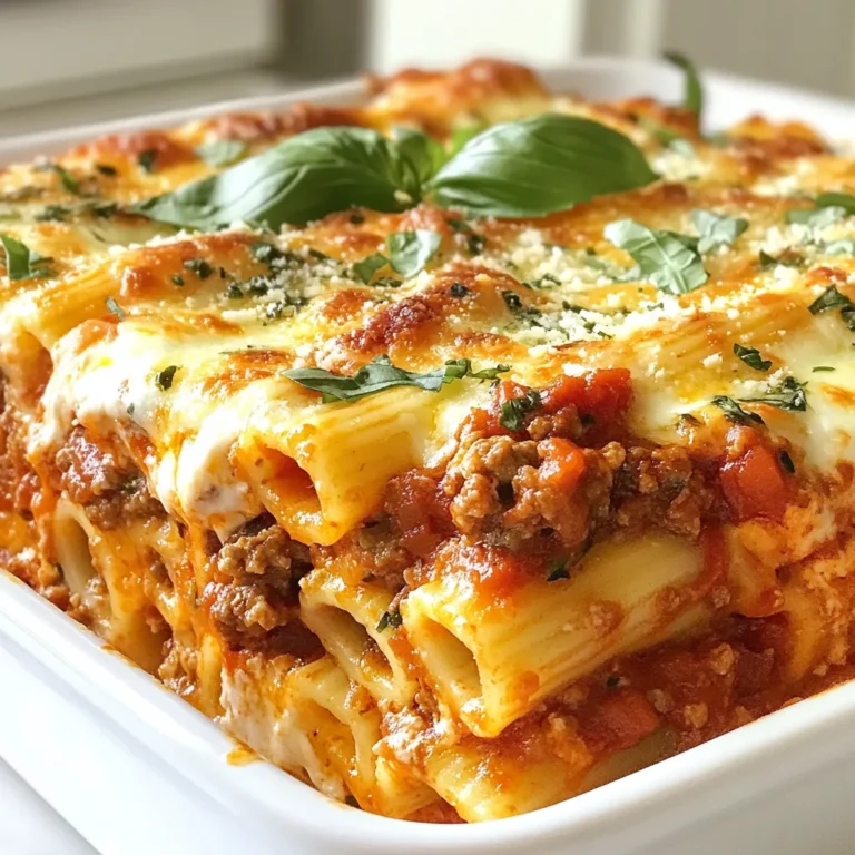 - 12 oz ziti pasta - 2 tablespoons olive oil - 1 small onion, finely chopped - 3 cloves garlic, minced - 1 lb ground beef (or ground turkey) - 1 can (28 oz) crushed tomatoes - 1 can (15 oz) tomato sauce - 2 teaspoons dried oregano - 2 teaspoons dried basil - 1 teaspoon red pepper flakes - Salt and freshly cracked pepper - 15 oz ricotta cheese - 1 large egg - 2 cups shredded mozzarella cheese, divided - 1 cup grated Parmesan cheese - Fresh basil leaves for garnish (optional) When choosing pasta, pick ziti for its perfect shape. It holds sauce well. Use fresh garlic for a stronger taste. Ground beef adds more flavor, but turkey is lighter. When picking tomatoes, go for crushed for a smooth sauce. For cheese, use whole milk ricotta for creaminess. Fresh mozzarella melts better than low-fat. Always use freshly grated Parmesan for the best flavor. If you need a lighter dish, swap ground beef for ground turkey. You can also replace ricotta with cottage cheese for a different texture. For a vegetarian option, use mushrooms or lentils instead of meat. Gluten-free pasta works well if needed. Feel free to adjust spice levels by using less red pepper flakes or adding fresh herbs for more flavor. {{ingredient_image_2}} First, set your oven to 375°F (190°C). This heat is perfect for baking. While your oven warms, fill a large pot with water. Add salt and bring it to a boil. Once boiling, add 12 oz of ziti pasta. Cook it for about 8-10 minutes until it is al dente. After that, drain the pasta and set it aside. Grab a large skillet and heat 2 tablespoons of olive oil over medium heat. Add 1 small onion, finely chopped, and 3 cloves of minced garlic. Sauté them for about 3-5 minutes. You want the onion to be soft and smell great. Now, add 1 lb of ground beef or ground turkey. Cook it until it's nicely browned. Don't forget to drain any extra fat. Next, add 1 can of crushed tomatoes, 1 can of tomato sauce, and your spices: 2 teaspoons of dried oregano, 2 teaspoons of dried basil, and 1 teaspoon of red pepper flakes. Stir well, then season with salt and cracked pepper. Let the sauce simmer for 10-15 minutes. This helps the flavors mix well. In a bowl, mix 15 oz of ricotta cheese with 1 large egg until smooth. Now, fold the drained ziti into your meat sauce. Make sure all the pasta gets coated. Grab a 9x13 inch baking dish. Layer half of the ziti mixture on the bottom. Spread half of the ricotta mix over this. Next, sprinkle 1 cup of shredded mozzarella cheese on top. Repeat this with the remaining ziti and ricotta. Finish with another cup of mozzarella and sprinkle 1 cup of grated Parmesan cheese on top. Cover the dish with aluminum foil and bake for 25 minutes. After that, remove the foil and bake for an extra 15-20 minutes. You want the cheese to be bubbly and golden. Let the baked ziti cool for 5-10 minutes before serving. If you like, add fresh basil leaves for a nice touch. Enjoy! Cooking ziti pasta right can make a big difference. Always use a large pot with plenty of water. Add a good amount of salt to the water, which helps flavor the pasta. Cook the pasta until it is al dente, or just firm to the bite. This step is key since the pasta will finish cooking in the oven. Drain the pasta well and avoid rinsing it. Rinsing washes away the starch, which helps the sauce stick. Layering cheese is crucial for a great baked ziti. Start with a base of ziti and sauce, then spread a mix of ricotta and egg. This mix adds creaminess. Use half of your mozzarella and sprinkle it over the ricotta layer for that ooey-gooey texture we all love. Finish with the remaining ziti and top with the rest of the mozzarella and Parmesan. This gives a nice crispy top that contrasts with the soft pasta underneath. Avoid overcooking the pasta. If you cook it too long, it can become mushy. Also, don’t skip seasoning your meat sauce. Adding salt and pepper is vital for flavor. Another mistake is crowding the baking dish. Make sure to layer and spread all ingredients evenly. This ensures even cooking and helps the cheese melt perfectly. Lastly, remember to let the baked ziti cool for a few minutes before serving. This helps it set and makes it easier to slice. Pro Tips Choose Your Protein: Feel free to substitute ground beef with ground turkey or even a plant-based protein for a lighter or vegetarian option. Layering is Key: Ensure even distribution of the ricotta and mozzarella by layering them thoroughly, which will enhance the overall flavor and texture. Let it Rest: Allow the baked ziti to cool for 5-10 minutes before serving; this helps the dish set and makes it easier to cut and serve. Add Extra Flavor: For a flavor boost, consider adding sautéed vegetables like bell peppers or mushrooms to the meat sauce. {{image_4}} You can make a tasty vegetarian baked ziti by swapping the meat. Use a mix of fresh veggies like bell peppers, mushrooms, and spinach. Sauté them in olive oil until they soften. This adds great flavor and texture. You can also use lentils or chickpeas for protein. Just cook them with the sauce. This way, you keep the heartiness of the dish without meat. If you need a gluten-free option, use gluten-free ziti. Many brands offer great taste and texture. You can also try chickpea or lentil pasta. They provide added protein and fiber. Just be sure to cook the pasta according to the package instructions. This way, you maintain the right texture for your baked ziti. Get creative with your baked ziti! Add spices like Italian seasoning or garlic powder for extra flavor. You can also mix in some sautéed onions or mushrooms. For a smoky twist, try adding cooked bacon or pancetta. If you like heat, toss in jalapeños or more red pepper flakes. Fresh herbs, like parsley or basil, can brighten the dish. Don't forget, the goal is to make it your own! After enjoying your baked ziti, let it cool down. Place any leftovers in an airtight container. You can store it in the fridge for up to four days. Make sure to cover it tightly to keep the flavors fresh. To reheat, preheat your oven to 350°F (175°C). Place the ziti in an oven-safe dish. Cover it with foil to avoid drying out. Heat for about 20-25 minutes, or until it's hot all the way through. You can also microwave it in a microwave-safe bowl. Heat in short bursts, stirring in between, until warm. If you want to save some for later, freezing is easy! Let the baked ziti cool completely. Then, wrap it well in plastic wrap and foil. Label it with the date. It can last up to three months in the freezer. When you’re ready to eat, thaw it overnight in the fridge before reheating. Enjoy your tasty meal anytime! Yes, you can make baked ziti ahead of time. Simply prepare the dish up to the baking step. Cover it and store it in the fridge for up to 24 hours. This helps the flavors blend. When ready to bake, just add a few extra minutes to the cooking time. If frozen, it can last for up to three months. Thaw it in the fridge before baking for best results. You know baked ziti is done when the cheese is bubbly and golden brown. The edges should be slightly crispy. Use a knife to check the center. It should feel hot when you insert it. If you see steam rising, it is ready to serve. Let it cool for a few minutes before serving for easier slicing. Baked ziti pairs well with many sides. Here are some tasty options: - A fresh green salad with a light vinaigrette - Garlic bread or breadsticks for dipping - Roasted vegetables for added color and flavor - A simple fruit salad for a sweet finish These sides add balance and make your meal more enjoyable. This article covered everything you need for baked ziti, from ingredients to storage tips. We went through key ingredient choices, tasty variations, and cooking steps. Remember, good prep makes for a great dish. Avoid common mistakes for the best results. With these tips, you can create meals your family will love. Enjoy your time in the kitchen and have fun experimenting! Baked ziti is simple, tasty, and always a crowd-pleaser. Dive in and make it your own!