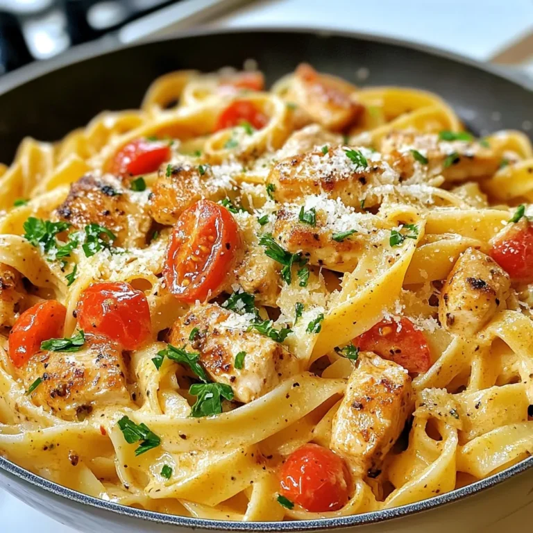 - 2 boneless, skinless chicken breasts, sliced into strips - 8 oz fettuccine or penne pasta - 1 tablespoon Cajun seasoning - 2 tablespoons olive oil - 1 medium onion, finely diced - 3 cloves garlic, minced - 1 red bell pepper, thinly sliced - 1 cup heavy cream - 1 cup chicken broth - 1 cup cherry tomatoes, halved - 1/2 cup freshly grated Parmesan cheese - Salt and pepper to taste - Fresh parsley, chopped for garnish - Add extra veggies like spinach or zucchini - Use different cheeses like mozzarella or cheddar - Substitute chicken with shrimp or sausage - Large skillet for cooking - Pot for boiling pasta - Colander for draining pasta - Measuring cups for accurate portions - Mixing bowl for seasoning chicken {{ingredient_image_2}} Start by boiling a large pot of salted water. Bring it to a rolling boil. Add 8 oz of fettuccine or penne pasta. Cook according to the package directions until it is al dente. This usually takes about 8 to 10 minutes. Once done, drain the pasta in a colander and set it aside. In a medium mixing bowl, add the sliced chicken strips. Sprinkle 1 tablespoon of Cajun seasoning over the chicken. Make sure each piece is well-coated. This step adds great flavor to your dish. Heat 2 tablespoons of olive oil in a large skillet over medium-high heat. Once the oil is hot, add the seasoned chicken strips. Cook for about 5-7 minutes. Stir occasionally until the chicken is browned and no longer pink inside. When done, remove the chicken from the skillet and place it on a plate. In the same skillet, add the diced onion and thinly sliced red bell pepper. Sauté these for about 3-4 minutes until they soften up. Then, add 3 cloves of minced garlic. Sauté for another minute. This will release a lovely aroma into your kitchen. Gradually pour in 1 cup of chicken broth. Stir well and bring it to a gentle simmer. Carefully add 1 cup of heavy cream while stirring. Let the sauce simmer for 3-5 minutes. This thickens the sauce slightly, making it creamy and rich. Now, return the cooked chicken to the skillet. Add 1 cup of halved cherry tomatoes to the mixture. Stir gently to coat everything in the creamy sauce. Then fold in the cooked pasta. Toss everything gently until it's well combined, and the pasta is covered in sauce. Sprinkle 1/2 cup of freshly grated Parmesan cheese over the pasta. Stir until it melts into the sauce, creating a rich texture. Taste the dish and adjust the seasoning with salt and pepper as needed. This final step makes the dish shine with flavor! To get that rich, creamy texture, use heavy cream. It adds a smoothness that makes each bite delightful. For extra creaminess, let the sauce simmer longer. This helps it thicken up nicely. Stir in Parmesan cheese at the end to enhance the creaminess even more. If you want more heat, add extra Cajun seasoning while cooking. You can also toss in some red pepper flakes. For less spice, use less seasoning. You can even omit the Cajun seasoning altogether for a milder flavor. Taste as you go to find your perfect level. Serve your pasta in shallow bowls for a lovely look. Garnish with fresh parsley for a pop of color. An extra sprinkle of Parmesan on top makes it even more appealing. Add a few whole cherry tomatoes for a vibrant touch. Enjoy the beauty of your dish as much as the taste! Pro Tips Perfect Pasta: To achieve the ideal pasta texture, cook it until al dente, meaning it should still have a slight bite. This prevents it from becoming mushy when mixed with the sauce. Seasoning Balance: Always taste your sauce before serving. Adjust seasoning with salt and pepper as needed, but remember that the Parmesan cheese will also add saltiness. Extra Creaminess: For an even creamier sauce, consider adding a splash of cream at the end of cooking, stirring it in just before serving for a luxurious finish. Veggie Variations: Feel free to customize the vegetables! Spinach, zucchini, or mushrooms can also make delicious additions, adding both flavor and nutrition to your pasta dish. {{image_4}} You can swap the chicken for shrimp or sausage. Shrimp cooks fast and adds a sweet flavor. Use large shrimp and cook until pink. For sausage, slice it up and brown it in the skillet. Both options bring a tasty twist to the dish. To make this dish meat-free, skip the chicken. Use extra veggies instead. Bell peppers, mushrooms, and spinach work great. Just sauté them as you would the chicken. Add some chickpeas for protein. You still get a creamy and rich pasta without the meat. If you're watching carbs, try using zucchini noodles or spaghetti squash. Both options are low in carbs and gluten-free. Spiralize zucchini or roast spaghetti squash until tender. This way, you keep the creamy sauce while enjoying a lighter meal. To keep your creamy Cajun chicken pasta fresh, follow these steps: - Let it cool completely before storing. - Use an airtight container to prevent moisture loss. - Store in the fridge for up to three days. - Label the container with the date to track freshness. When reheating, you want to keep the creaminess intact. Here’s how: - Use a microwave-safe dish with a lid. - Add a splash of chicken broth or cream. - Heat in short intervals, stirring often. - Check for even heating to avoid hot spots. If you want to save some for later, freezing is a great option. Follow these steps: - Cool the pasta completely before freezing. - Place it in a freezer-safe container or bag. - Squeeze out as much air as possible to prevent freezer burn. - Freeze for up to three months. - To thaw, move it to the fridge overnight before reheating. Yes, you can! Fettuccine and penne work great, but feel free to switch it up. You can use spaghetti, rotini, or even farfalle. Just make sure to adjust cooking times based on the pasta you choose. Fresh pasta cooks faster than dried. Cajun seasoning can be spicy, but it varies. Many blends mix paprika, garlic, onion, and black pepper, with some heat from cayenne. If you prefer less spice, look for a mild blend or use less seasoning. You can always add more later if you want extra heat. Making it gluten-free is easy! Just swap regular pasta for gluten-free pasta. Many brands offer great options made from rice, quinoa, or lentils. Always check the package for cooking times, as they can differ from regular pasta. If you want a lighter sauce, try using half-and-half or whole milk. For a dairy-free option, coconut milk works well too. Just remember, using lighter liquids might change the sauce's thickness. You might need to adjust the cooking time to achieve your desired creaminess. In this post, we explored a tasty Cajun chicken pasta dish. We covered key ingredients, optional add-ons, and essential tools. I shared step-by-step cooking instructions and helpful tips for perfect texture and spice levels. Variations allow for customization based on your diet. Plus, we discussed how to store and reheat leftovers properly. Now, you can make this dish your own. Enjoy the creamy flavors and share it with others. Happy cooking!