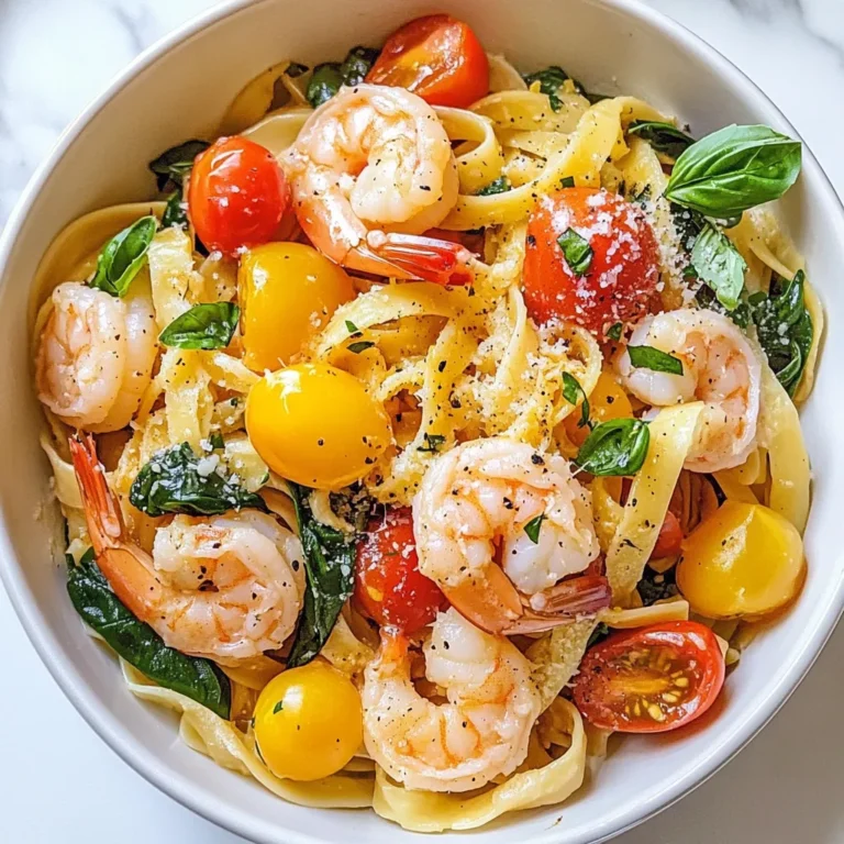 To make Marry Me Shrimp Pasta, gather these ingredients: - 8 oz fettuccine pasta - 1 lb large shrimp, peeled and deveined - 3 tablespoons olive oil, divided - 3 cloves garlic, minced - 1 teaspoon red pepper flakes (or adjust to taste) - 1 cup heavy cream - 1 cup cherry tomatoes, halved - 1/2 cup grated Parmesan cheese - 2 cups fresh baby spinach - Salt and freshly ground black pepper to taste - Fresh basil leaves, for garnish - Zest of 1 lemon Each ingredient plays a key role in creating a creamy, flavorful dish. The shrimp adds a sweet, briny taste, while the cream creates a rich sauce. Garlic brings depth, and tomatoes add freshness. When buying shrimp, look for these signs of quality: - Freshness: Choose shrimp that smells like the ocean, not fishy. - Size: Large shrimp (16-20 per pound) work best in this dish. - Color: Look for shrimp that is translucent and not dull or discolored. - Shell: The shells should be shiny and intact, without any black spots. Buying from a reputable market ensures you get the best shrimp for your pasta. If you have dietary needs, here are some easy substitutions: - Pasta: Use gluten-free pasta if needed. - Cream: Swap heavy cream for coconut cream for a dairy-free option. - Shrimp: Substitute shrimp with tofu or chickpeas for a vegetarian dish. - Spinach: Kale or arugula can replace spinach for a different flavor. These swaps keep the dish delicious while meeting your dietary choices. {{ingredient_image_2}} To start, grab a large pot and fill it with water. Add salt to the water. Bring it to a boil over high heat. Once boiling, carefully add the fettuccine pasta. Cook according to the package instructions, usually about 8-10 minutes. You want it to be al dente. Before draining, reserve half a cup of the cooking water. This water helps make the sauce creamy. After that, drain the pasta and set it aside. Next, heat one tablespoon of olive oil in a large skillet over medium heat. Wait until the oil shimmers. This shows it's hot enough. Add the shrimp to the skillet. Season them with salt, pepper, and red pepper flakes. Cook for 2-3 minutes on each side. The shrimp should turn pink and opaque. Be careful not to overcook them. Once done, remove the shrimp from the skillet and place them aside. In the same skillet, add two more tablespoons of olive oil. Heat it until warm. Then, add the minced garlic. Sauté it for about 30 seconds. You want the garlic fragrant but not burnt. After that, pour in the heavy cream. Stir it well with the garlic. Next, add the halved cherry tomatoes. Let this mix simmer for 3-4 minutes. This helps the sauce thicken. Now, it’s time to combine everything. Add the cooked fettuccine, sautéed shrimp, and fresh baby spinach to the skillet. Toss everything together until well mixed. If the sauce is too thick, stir in some reserved pasta water. This helps reach the perfect consistency. Finally, mix in the grated Parmesan cheese. Stir until it melts and blends into the sauce. Remove the skillet from heat and add the lemon zest. Taste the sauce and adjust with more salt and pepper if needed. Serve the pasta in bowls, ensuring even portions of shrimp and sauce. Garnish with fresh basil leaves for a lovely touch. Enjoy your Marry Me Shrimp Pasta! To make your Marry Me Shrimp Pasta shine, use fresh herbs. Fresh basil leaves add a lovely aroma. You can also add a pinch of salt and pepper to brighten flavors. Red pepper flakes give the dish a nice kick. Adjust the spice level to suit your taste. A touch of lemon zest at the end brings out the flavors too. If you have leftovers, store them in an airtight container. This keeps the pasta fresh. Place it in the fridge and eat within three days. When you reheat, add a splash of cream or pasta water. This helps restore the sauce's creaminess. Avoid the microwave if you can; it can make the shrimp tough. To cook this dish easily, have the right tools on hand. A large pot for boiling pasta is essential. A non-stick skillet works well for sautéing shrimp. Use a sharp knife for chopping garlic and tomatoes. Tongs are great for serving the pasta. Lastly, keep a measuring cup handy for the cream and pasta water. These tools make cooking smooth and fun! Pro Tips Perfectly Cooked Pasta: Always cook your pasta al dente for the best texture. It will continue cooking slightly when combined with the sauce. Shrimp Cooking Time: Avoid overcooking the shrimp; they only need about 2-3 minutes per side. They should be pink and opaque when done. Adjusting Sauce Consistency: Reserve some pasta water to adjust the thickness of your sauce. This starchy water helps the sauce cling to the pasta. Fresh Ingredients Matter: Use fresh spinach and high-quality Parmesan for the best flavor. Fresh herbs like basil also elevate the dish significantly. {{image_4}} For a creamy tomato basil option, start with the base recipe. Add a can of diced tomatoes to the sauce. This adds a rich flavor. You can also stir in some fresh basil leaves. This twist gives a nice herbal taste. You will love the bright color and fresh aroma. It makes the dish even more special. If you like heat, try the spicy shrimp pasta twist. Add more red pepper flakes to the shrimp while cooking. You can also use a dash of hot sauce in the cream. This will give the dish a fiery kick. Adjust the spice level to suit your taste. This variation will surely impress those who enjoy bold flavors. For a vegetarian-friendly version, replace the shrimp with sautéed mushrooms. Use a mix of portobello and button mushrooms for depth. The mushrooms will absorb the sauce well. You can also add more veggies like zucchini or bell peppers. This keeps the dish colorful and tasty. It’s a great way to enjoy the flavors without seafood. To keep your Marry Me Shrimp Pasta fresh, let it cool first. Then, place it in an airtight container. You can store it in the fridge for up to three days. For the best taste, eat it within this time. Make sure to keep the pasta and sauce together to maintain flavor. When you're ready to enjoy your leftovers, reheat them gently. You can use a microwave or a skillet. If using a microwave, heat it in short bursts. Stir in between to ensure even heating. If using a skillet, add a splash of water or broth to keep it moist. Heat it on low until warmed through. This method helps keep the shrimp tender. If you want to save some for later, freezing works well. Pack the cooled pasta in a freezer-safe container. It can last up to three months in the freezer. When you're ready to eat, thaw it in the fridge overnight. Reheat it as mentioned above. Keep in mind, the shrimp may lose some texture, but the flavor will still be delicious. Marry Me Shrimp Pasta shines during romantic dinners. It combines rich flavors and a touch of elegance. The creamy sauce wraps around the fettuccine, creating a warm, inviting dish. The bright cherry tomatoes add color and sweetness, making it eye-catching. Shrimp brings a hint of luxury, perfect for special nights. Each bite feels like a cozy hug, making it memorable. Serve it in nice bowls to elevate the experience. A sprinkle of fresh basil adds a lovely touch and aroma. This dish sets the mood for intimacy and connection. If you like heat, add more red pepper flakes. Start with one teaspoon and taste as you go. You can also mix in some diced jalapeños or crushed red pepper for extra kick. For a different flavor, try adding a splash of hot sauce. This gives a nice tang and spice. Just remember to keep a balance with the creaminess of the sauce. Adjusting spice levels can make the pasta more exciting without overpowering the other flavors. Yes, you can prepare parts of this dish ahead of time. Cook the pasta and shrimp, then store them separately in the fridge. You can make the sauce ahead too, but keep it separate. When you're ready to eat, reheat the sauce, then add the shrimp and pasta. Toss it all together until warm. This way, you save time on your special night. Just be cautious not to overcook the shrimp during reheating. Following these steps helps keep the dish fresh and delicious. This blog post covered all the steps to make a delicious shrimp pasta. You learned about choosing shrimp and selecting quality ingredients. I shared tips for cooking fettuccine and sautéing shrimp perfectly. We explored flavor enhancements, storage tips, and different tasty variations. After trying this dish, you’ll impress everyone with your cooking. Enjoy sharing it with friends or family for a special night!