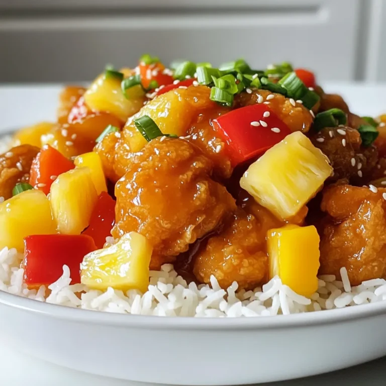 - 1 pound boneless chicken thighs, cut into bite-sized pieces - 1/2 cup cornstarch - 2 tablespoons vegetable oil - 1 red bell pepper, diced - 1 yellow bell pepper, diced - 1 cup pineapple chunks (fresh or canned) - 1/2 cup granulated sugar - 1/2 cup apple cider vinegar - 1/4 cup ketchup - 1 tablespoon soy sauce - 1 tablespoon freshly grated ginger - 2 cloves garlic, minced - 1 teaspoon sesame oil - Salt and freshly ground black pepper to taste - Cooked jasmine rice, for serving These ingredients come together to create a sweet and tangy dish. The chicken thighs add richness, while the pineapple gives a juicy burst of flavor. The bell peppers add color and crunch. - Chopped green onions - Toasted sesame seeds These garnishes enhance the look and taste of your meal. Green onions add freshness, while sesame seeds bring a nutty flavor. If you can't find chicken thighs, try chicken breast instead. For a gluten-free option, use tamari in place of soy sauce. You can swap apple cider vinegar with rice vinegar for a milder taste. If you want more veggies, add broccoli or snap peas for extra crunch. You can also use any type of fruit, like mango, for a different twist. Remember, cooking is about being creative. Feel free to mix and match ingredients to suit your taste! Start by seasoning your chicken thighs with salt and freshly ground black pepper. This step adds flavor. Next, cut your chicken into bite-sized pieces for easy cooking. Now, coat each piece with cornstarch. This helps to create a crispy texture. Make sure to shake off any extra cornstarch. Set the chicken aside for cooking. Heat vegetable oil in a large skillet over medium-high heat. Wait until the oil shimmers before adding the chicken. Place the chicken pieces in a single layer. Cook them for about 5 to 7 minutes. Turn them occasionally to brown evenly. Once golden, transfer the chicken to a plate and set it aside. In the same skillet, add the diced red and yellow bell peppers. Sauté them for 3 to 4 minutes. Stir frequently until they soften and become colorful. Next, add the pineapple chunks, grated ginger, and minced garlic. Cook for another 2 to 3 minutes. This helps to release the flavors. Now, make the sauce. In a bowl, whisk together sugar, apple cider vinegar, ketchup, soy sauce, and sesame oil. Mix until smooth and well combined. Pour the sauce mixture into the skillet with the vegetables. Bring it to a gentle simmer. Let it cook for about 2 minutes until the sauce thickens slightly. Now, return the cooked chicken to the skillet. Gently toss everything together. Make sure the chicken is well coated with the sauce. Heat through for an additional 2 to 3 minutes. Serve the sweet and sour chicken over fluffy jasmine rice. Garnish with chopped green onions and toasted sesame seeds. Enjoy your colorful and tasty meal! To get the best taste from your sweet and sour chicken, focus on balance. You want sweet, tangy, and savory flavors. Use fresh pineapple for a bright, juicy taste. The apple cider vinegar gives a nice tang. The sugar adds sweetness, while soy sauce brings depth. Taste your sauce as you mix. Adjust the sugar or vinegar if needed. This way, you create a flavor that shines. For crispy chicken, start with cornstarch. This helps create a crunchy crust. Coat each piece well, but shake off the extra. Make sure your oil is hot before adding chicken. If the oil is too cool, the chicken steams instead of fries. Cook in batches if needed. Don’t crowd the pan. This keeps the heat up and the chicken crispy. Presentation makes your dish more appealing. Serve the chicken in a colorful bowl. A white bowl can help the colors pop. Add a mound of fluffy jasmine rice as a base. Sprinkle chopped green onions and toasted sesame seeds on top. For an eye-catching touch, add a wedge of fresh pineapple or lime. This not only adds color but also enhances the flavor. {{image_4}} You can easily make a vegetarian version of sweet and sour chicken. Instead of chicken, use tofu or tempeh. These options soak up flavor well and provide a nice texture. 1. Tofu: Press firm tofu to remove extra water. Cut it into cubes and coat it with cornstarch. Cook it in oil until golden brown. 2. Tempeh: Cut tempeh into bite-sized pieces. Sauté it in oil until crispy. The sauce remains the same. You get a delicious dish that even non-vegetarians will love! Sweet and sour chicken has many regional twists. Each area adds its own flair. Here are a few to try: - Hawaiian style: Use fresh pineapple and add bell peppers. This version is bright and tropical. - Thai style: Incorporate fish sauce and fresh basil for a herbal touch. It gives a unique, savory flavor. - Chinese style: Stick to traditional ingredients like bell peppers and onion. This version focuses on balance and harmony. Each variation keeps the sweet and sour flavor but adds a unique twist. You can also switch up the sauce for new tastes. Here are some ideas: - Mango sauce: Replace pineapple with mango for a sweeter, fruitier flavor. - Orange sauce: Use fresh orange juice and zest instead of vinegar. It adds a nice citrus kick. - Spicy sauce: Add chili paste or sriracha to the original sauce for a spicy kick. These alternatives keep the dish exciting and help you explore new flavors in your kitchen. To keep your sweet and sour chicken fresh, follow these steps. First, let the chicken cool to room temperature. Then, transfer it to an airtight container. Make sure to seal it tightly. Store the container in the fridge. This way, the chicken stays juicy and flavorful for up to three days. When you are ready to enjoy your leftovers, reheat them properly. You can use the microwave or a skillet. If using the microwave, place the chicken in a microwave-safe bowl. Cover it loosely with a lid or a damp paper towel. Heat in short bursts, about one minute at a time, until warm. If using a skillet, add a splash of water for moisture. Heat over medium heat, stirring occasionally, until hot. Freezing sweet and sour chicken is simple. First, let it cool completely. Then, portion it into freezer-safe bags or containers. Be sure to remove as much air as possible to avoid freezer burn. Label each bag with the date. You can freeze it for up to three months. To reheat, thaw overnight in the fridge and then follow the reheating instructions. Enjoy your meal any time you crave it! You can serve Sweet and Sour Chicken with jasmine rice for a classic pairing. Rice soaks up the sauce well, making each bite tasty. You can also serve it with steamed broccoli or snap peas for a healthy side. A fresh salad with a light dressing adds a crunchy contrast. If you want something different, try it with fried rice or noodles. Sweet and Sour Chicken can last in the fridge for about three to four days. Make sure to store it in an airtight container to keep it fresh. If you want to enjoy it later, always check for any signs of spoilage before eating. Yes, you can make Sweet and Sour Chicken ahead of time. Just prepare the dish, let it cool, and store it in the fridge. When you're ready to eat, reheat it on the stove or in the microwave. The flavors may even taste better after a day in the fridge! In this post, we explored sweet and sour chicken, from key ingredients to cooking steps. I provided tips for perfecting flavor and ensuring crispy chicken. We also discussed variations, including vegetarian options and regional twists. You learned how to store and reheat leftovers effectively. Sweet and sour chicken is versatile and fun to make. Experiment with flavors for your perfect dish. Enjoy cooking this classic, share it with others, and make it your own!