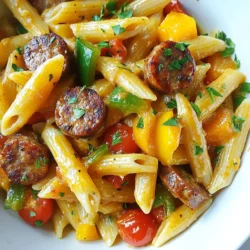 To make One-Pot Creamy Cajun Sausage Pasta, gather these simple ingredients: - 12 oz penne pasta - 1 lb Andouille sausage, sliced - 1 medium onion, diced - 3 cloves garlic, minced - 1 red bell pepper, chopped - 1 green bell pepper, chopped - 2 cups chicken broth - 1 cup heavy cream - 2 tablespoons Cajun seasoning - 1 cup cherry tomatoes, halved - 1 teaspoon olive oil - Salt and pepper to taste - Fresh parsley, chopped (for garnish) These ingredients come together to create a rich and creamy dish. The penne pasta provides a great base. The Andouille sausage gives the dish its Cajun kick. Fresh veggies add color and flavor. Chicken broth keeps it moist and flavorful. Heavy cream makes it creamy and smooth. Cajun seasoning adds a spicy twist, while cherry tomatoes offer a pop of sweetness. Have fun mixing these ingredients. Each adds its own touch to the final dish. When you gather everything, you set yourself up for a tasty meal that is easy to make. Enjoy the cooking! {{ingredient_image_2}} Start by heating olive oil in a large pot over medium heat. Add the sliced Andouille sausage. Cook it for about 5 to 7 minutes. You want it browned and a bit crispy. Once it’s done, take the sausage out and set it on a plate. In the same pot, add the diced onion. Sauté it for about 3 minutes until it’s soft and clear. Then, add minced garlic, red bell pepper, and green bell pepper. Cook for another 2 to 3 minutes. Stir occasionally so everything softens nicely. Now, pour in 2 cups of chicken broth. Bring it to a gentle simmer. Once it simmers, add 12 ounces of penne pasta. Sprinkle in the Cajun seasoning. Stir it all together so the pasta is well mixed with the broth. Let the pasta cook in the broth for 10 to 12 minutes. You want it to be al dente. Stir it often to stop the pasta from sticking to the pot. After the pasta is cooked, lower the heat. Add 1 cup of heavy cream and 1 cup of halved cherry tomatoes. Stir until everything is mixed and creamy. Gently add the cooked sausage back into the pot. Stir it in well so it’s heated through. Taste and add salt and pepper as you like. Finally, take the pot off the heat. Let it sit for a minute. This helps the flavors come together. Serve the pasta hot in bowls. Add fresh parsley on top for a nice touch! For this dish, I recommend using Andouille sausage. It adds a bold flavor and a nice spice. Look for sausage that is fresh and well-seasoned. If you want a milder taste, you can use turkey or chicken sausage. These options still taste great and keep the meal light. If you love heat, add more Cajun seasoning. Start with one tablespoon, then taste. You can always add more later. If you prefer less spice, cut back on the seasoning. Adding cream helps balance the heat. You can also add a pinch of sugar to tone down strong flavors. Presentation makes a meal feel special. Serve the pasta hot in deep bowls. Sprinkle chopped parsley on top for color. You can also add extra cherry tomatoes for a fresh look. For extra flavor, sprinkle a bit more Cajun seasoning on top. A nice twist can impress your guests and make the dish pop! Pro Tips Use Quality Sausage: Choose a high-quality Andouille sausage for the best flavor. The seasoning and spice from the sausage will enhance the overall dish. Al Dente Pasta: Be sure to cook the pasta until al dente, as it will continue to absorb liquid and cook slightly more after being combined with the cream. Customizable Spice Level: Adjust the amount of Cajun seasoning to suit your taste. If you prefer a milder dish, start with less and add more gradually. Garnish with Fresh Herbs: Fresh parsley not only adds a pop of color but also brightens the dish's flavors. Consider adding other herbs like basil or chives for extra freshness. {{image_4}} You can easily make a vegetarian version of this dish. Instead of Andouille sausage, use plant-based sausage or mushrooms for a hearty bite. This swap keeps the dish rich and satisfying. Add extra spices or smoked paprika to mimic the Cajun flavor. You’ll still enjoy a creamy texture with the heavy cream and pasta. Feel free to load up your pasta with more veggies. Consider adding spinach, zucchini, or broccoli. These ingredients bring color and nutrition. To do this, add them when you sauté the garlic and onions. They will cook down and blend well with the sauce. You don’t have to stick with penne. Try other pasta shapes like fusilli, rotini, or even farfalle. Each type offers a different texture and holds the creamy sauce well. Just keep an eye on the cooking time, as it may vary for different pasta shapes. You can store leftover One-Pot Creamy Cajun Sausage Pasta in an airtight container. Let the pasta cool first. It will stay fresh for about 3 to 4 days in the fridge. If you want to keep it longer, freezing is a good option. To reheat, simply take your pasta out of the fridge. You can microwave it in a bowl. Add a splash of chicken broth or cream to keep it moist. Heat in 30-second intervals, stirring in between. This way, it warms evenly and stays creamy. If you want to freeze your pasta, place it in a freezer-safe container. Make sure it cools completely before sealing. It can last for up to 2 months in the freezer. When you're ready to eat, thaw it in the fridge overnight before reheating. This keeps the flavors intact. Yes, you can make this dish gluten-free. Simply swap the penne pasta with gluten-free pasta. Many brands offer great gluten-free options that cook similarly. Check the package for cooking times, as they may differ. To adjust the creaminess, you can add more or less heavy cream. If you want it creamier, add an extra half cup. For less creaminess, use just half a cup. You can also use milk or a non-dairy option for a lighter version. If you don’t have Cajun seasoning, try a mix of paprika, garlic powder, and cayenne pepper. You can also use Creole seasoning for a similar flavor. Adjust to taste as some blends can be spicier than others. To make the dish spicier, add more Cajun seasoning. You can also toss in some red pepper flakes. If you love heat, consider fresh jalapeños or a dash of hot sauce for that extra kick! Absolutely! You can use any pasta you like. Fusilli, rotini, or even spaghetti will work well. Just remember to adjust the cooking time based on the pasta shape you choose. This blog post covered a delicious penne pasta dish. We explored key ingredients like Andouille sausage and Cajun seasoning. I shared clear steps for cooking and tips for enhancing your meal. We also discussed fun variations and storage methods. Feel free to get creative with spice and veggie options. This dish is easy to make and perfect for sharing. Enjoy your cooking!