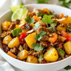 - 1 lb ground beef - 1 medium onion, finely chopped - 2 cloves garlic, minced - 1 small red bell pepper, diced - 1 small green bell pepper, diced - 1 cup potatoes, peeled and diced - 1 cup carrots, peeled and diced - 1 cup peas (fresh or frozen) - 1 medium tomato, diced - 1 tsp ground cumin - 1 tsp dried oregano - 1/2 tsp ground cinnamon - 2 tbsp tomato paste - 2 cups beef broth - Salt and pepper to taste - Olive oil for sautéing Mexican picadillo is a tasty mix of flavors. Ground beef forms the base, giving it a hearty taste. Fresh veggies like onion, bell peppers, and tomatoes add color and nutrition. Potatoes and carrots bring a sweet touch, while peas offer a nice pop of green. - 1/4 cup raisins (optional, for a touch of sweetness) - 1/4 cup slivered almonds (optional, for a delightful crunch) Raisins add sweetness that balances the savory beef. They make each bite exciting. Slivered almonds give a satisfying crunch. You can mix and match these to fit your taste. - Skillet or pot - Spatula - Cutting board and knife Having the right tools makes cooking easier. A good skillet or pot helps cook everything evenly. A spatula is key for mixing and breaking up the beef. A sharp knife and cutting board help with chopping the veggies quickly. {{ingredient_image_2}} 1. Heating the oil and sautéing aromatics: Start by pouring a tablespoon of olive oil into a large skillet over medium heat. Let the oil get warm. Add one finely chopped onion, two minced garlic cloves, and one small diced red bell pepper and one small diced green bell pepper. Stir these for about five minutes. You want them to soften and smell great. 2. Browning the beef: Turn the heat up to medium-high. Now, add one pound of ground beef to the skillet. Use a spatula to break it apart as it cooks. Keep stirring until it turns brown. If there is extra fat, drain it. This keeps the picadillo from being too greasy. 3. Adding vegetables and spices: Next, toss in one cup of peeled and diced potatoes, one cup of peeled and diced carrots, and one cup of peas, either fresh or frozen. Sauté these for another five minutes. This helps them start to soften. 4. Incorporating tomato paste and broth: Now, mix in one diced tomato, and if you like, add a quarter cup of raisins for sweetness and a quarter cup of slivered almonds for crunch. Stir everything well. Then, sprinkle in one teaspoon of ground cumin, one teaspoon of dried oregano, and half a teaspoon of ground cinnamon. Make sure the spices blend into the mix. After that, stir in two tablespoons of tomato paste, then pour in two cups of beef broth. Bring everything to a gentle simmer. 5. Simmering and seasoning to taste: Cover the skillet and reduce the heat to low. Let it simmer for about thirty minutes. Stir it every now and then. This helps the flavors blend and thickens the mix. 6. Serving suggestions: After thirty minutes, taste the picadillo. Add salt and pepper to make it just right for you. Serve it warm in deep bowls. It goes well with rice or in warm tortillas. Top it with fresh cilantro and lime wedges for a zesty touch. - Best practices for browning beef: Start with a hot skillet. Heat the olive oil first. Add the ground beef in small batches. This helps it brown better. Avoid overcrowding the pan. Stir occasionally for even color. Drain excess fat to keep it lean. - How to prevent vegetables from becoming mushy: Cut vegetables evenly for even cooking. Add denser veggies like potatoes and carrots first. Sauté for a few minutes before adding softer ones like peas. Avoid overcooking by stirring often and checking doneness. - Alterations based on altitude or equipment: If you live at a high altitude, increase your cooking time. The same goes for slow cookers, which need longer. Keep an eye on moisture levels. Add more broth if it looks dry. - Ways to enhance visual appeal: Serve picadillo in deep bowls. Add a sprinkle of fresh cilantro on top. Lime wedges on the side add color and zest. Use colorful bowls to brighten your table. - Ideal accompaniments for serving: Pair picadillo with white rice or warm tortillas. Serve with a side of black beans for extra protein. A simple salad can balance the meal perfectly. Pro Tips Use Fresh Ingredients: Fresh vegetables and herbs can significantly enhance the flavor of your picadillo, making it more vibrant and appealing. Adjust Sweetness: If you prefer a sweeter picadillo, feel free to add more raisins or even a splash of pineapple juice to balance the savory elements. Experiment with Spices: Don’t be afraid to adjust the spices or add new ones like smoked paprika or chili powder for an extra depth of flavor. Let It Rest: Allowing the picadillo to rest for a few minutes after cooking can help the flavors meld together even more, resulting in a richer taste. {{image_4}} You can make picadillo without meat. Use plant-based ground meat instead of beef. Options like lentils or chickpeas work great too. They add protein and flavor. You can also mix in black beans or mushrooms for texture. This keeps the dish hearty and satisfying. Want to spice up your picadillo? Add smoked paprika or chili powder. These spices give a deeper, more complex taste. You can also try adding a pinch of cayenne for heat. If you love herbs, fresh cilantro or parsley adds a nice touch. These flavors bring your dish to life. Picadillo varies across regions. In Cuba, they add olives and capers, giving it a briny twist. In the Philippines, you might find diced apples for sweetness. Each region brings unique ingredients and flavors. Explore these adaptations to find your favorite version. To keep your leftover picadillo fresh, place it in an airtight container. Make sure to cool it down to room temperature first. Store it in the fridge for up to three days. This way, you can enjoy it later without losing flavor. If you want to save picadillo for a longer time, freezing works great. Use a freezer-safe container or a heavy-duty freezer bag. Make sure to remove as much air as possible. Your picadillo can stay fresh in the freezer for about three months. When you’re ready to eat, just thaw it in the fridge overnight. Reheating your picadillo is easy and keeps it tasty. You can use the stovetop or microwave. For the stovetop, heat it in a skillet over medium heat, stirring often. If you choose the microwave, place it in a bowl and cover it with a microwave-safe lid. Heat in short bursts, stirring in between until it’s hot. This helps keep the flavors rich and delicious. Mexican picadillo is a savory dish made with ground beef and vegetables. It has roots in Mexican culture and offers comfort in every bite. Families often enjoy it for lunch or dinner. You can find different versions across Latin America. Each region adds its unique twist. Picadillo often features flavors like cumin and cinnamon, giving it warmth. The mix of sweet and savory makes it a true delight. Yes, you can make picadillo ahead of time. It stores well in the fridge for up to three days. To prep ahead, cook the dish fully and cool it down. Place it in an airtight container. When ready to eat, simply reheat on the stove or microwave. For longer storage, freeze the picadillo for up to three months. Just remember to thaw it overnight in the fridge before reheating. Picadillo pairs well with rice, providing a hearty base. You can also serve it in warm tortillas for a tasty taco. Adding a fresh salad on the side brings a nice crunch. Consider serving black beans for added protein. A dollop of sour cream or avocado slices can enhance the meal. Lastly, cilantro and lime wedges add freshness and flavor. In this article, we explored Mexican Picadillo, from essential ingredients to cooking tips. You learned how to prepare a delicious dish with ground beef, fresh veggies, and spices. We also discussed fun add-ins like raisins and almonds. Besides, I shared storage tips and variations, including vegetarian options. In closing, Picadillo is a versatile meal. You can easily adjust it to your taste. Enjoy trying new flavors and make it your own!