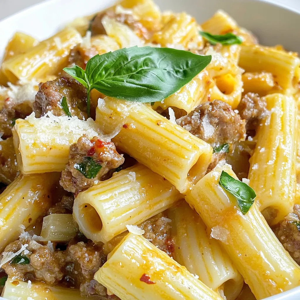 - 12 oz rigatoni pasta - 1 lb Italian sausage (choose either mild or spicy, casings removed) - 1 medium onion, finely chopped - 3 cloves garlic, minced - 1 cup heavy cream - 1 cup chicken broth - 1 cup freshly grated Parmesan cheese - 1 teaspoon Italian seasoning - 1/2 teaspoon red pepper flakes (optional) - Salt and freshly ground pepper to taste - 2 tablespoons extra virgin olive oil - Fresh basil leaves, torn for garnish You can swap the Italian sausage for ground turkey or chicken for a lighter dish. If you want a vegetarian option, use mushrooms or plant-based sausage. Instead of heavy cream, try half-and-half or a dairy-free cream for a lighter sauce. If you don’t have Parmesan, Pecorino Romano works well too. Choose rigatoni that feels firm and looks smooth. For sausage, buy from a trusted butcher or a brand you like. Look for Italian sausage with fresh herbs and spices for great flavor. Pick onions that are firm and colorful. Fresh garlic should be plump and have no green sprouts. Always use high-quality olive oil; it makes a big difference in taste. For the cream, select a brand with no additives for the best richness. {{ingredient_image_2}} Start by boiling water in a large pot. Add a good amount of salt to it. This adds flavor to your pasta. Once the water reaches a rolling boil, add 12 oz of rigatoni pasta. Cook it as the package says until it is al dente. This means the pasta should be tender but still firm. Drain the pasta in a colander and set it aside. Remember to save a bit of the pasta water. You might need it later to adjust the sauce. Grab a large skillet and place it over medium heat. Add 2 tablespoons of extra virgin olive oil and let it heat. Once the oil shimmers, add 1 lb of Italian sausage. You can choose mild or spicy, based on your taste. Use a wooden spoon to break the sausage into small pieces. Cook for about 5-7 minutes until the sausage is browned and no pink remains. This browning adds rich flavor to your dish. With the sausage cooked, it is time to make the sauce. First, add 1 medium onion, finely chopped, to the skillet. Sauté it for about 3 minutes until it is soft and clear. Next, add 3 cloves of minced garlic. Cook for another 1-2 minutes until it smells amazing. Then pour in 1 cup of chicken broth and bring it to a gentle simmer. Reduce the heat and stir in 1 cup of heavy cream and 1 cup of grated Parmesan cheese. Mix well until the cheese melts and the sauce is smooth. Now, sprinkle in 1 teaspoon of Italian seasoning and add 1/2 teaspoon of red pepper flakes if you want some heat. Taste the sauce and add salt and fresh pepper as needed. Finally, fold the cooked rigatoni into the sauce, tossing gently to coat. Let it cook for another 2-3 minutes on low heat. If the sauce is too thick, add a little of that reserved pasta water. To get the sauce just right, start with the chicken broth. When you add it to the sausage and vegetables, let it simmer gently. The cream will make it rich. Stir in the heavy cream slowly. Mix until it is smooth and creamy. If it’s too thick, add a splash of the reserved pasta water. This will help you reach that perfect, velvety texture. Timing is key to a great meal. Begin cooking the pasta first. While it cooks, brown the sausage. After that, sauté the onion and garlic. This will save time and keep everything hot. Once you combine the pasta with the sauce, let it cook for a few extra minutes. This helps the rigatoni soak up all the flavors. Seasoning makes all the difference. Start with the Italian seasoning first. Then, taste the sauce before adding salt and pepper. If you like heat, sprinkle in red pepper flakes. Remember to add seasonings little by little. This way, you can adjust to your taste. Fresh herbs, like torn basil, add freshness at the end. Pro Tips Choose Your Sausage Wisely: Select high-quality Italian sausage for the best flavor impact. The choice between mild or spicy can elevate your dish based on your preference for heat. Don't Skip the Pasta Water: Reserve some pasta cooking water; it’s starchy and can help adjust the sauce's consistency while adding flavor. Fresh Herbs Matter: Use fresh basil for garnish as it adds a vibrant flavor that dried herbs can't replicate, enhancing the overall freshness of the dish. Perfectly Creamy Sauce: Ensure the heat is low when adding cream to prevent it from curdling, and stir continuously for a smooth, creamy texture. {{image_4}} To make a vegetarian version of creamy rigatoni, swap the sausage for mushrooms or lentils. Both add great texture. Use a mix of hearty vegetables like bell peppers and zucchini for extra flavor. You can also add plant-based sausage for a similar taste. Adding seasonal vegetables can enhance the dish. In spring, consider asparagus or peas. These veggies bring freshness and color. In fall, try butternut squash or kale for a warm touch. Just sauté them with the onions and garlic for a tasty boost. For a spicy kick, add more red pepper flakes. You can also mix in diced jalapeños or hot Italian sausage. If you prefer mild flavors, simply skip the red pepper flakes. Adjust the heat based on your taste preferences. After enjoying your creamy Italian sausage rigatoni, let it cool down. Transfer any leftovers into an airtight container. Make sure to seal it tightly. Store the container in the fridge. This dish stays fresh for about three days. If you want to keep it longer, consider freezing it. When you’re ready to enjoy your leftovers, reheating is key. Place the rigatoni in a skillet over medium heat. Add a splash of chicken broth or water to keep it moist. Stir often until it’s heated through. You can also use a microwave. Heat it in short bursts, stirring in between. This helps prevent hot spots. For meal prep, freezing works great! Place your cooled rigatoni in a freezer-safe container. Leave some space at the top for expansion. It’s best to use it within three months for the best taste. When you want to eat it, thaw it in the fridge overnight. Then reheat as mentioned above for a delicious meal. You can choose between mild or spicy Italian sausage. Mild sausage offers a gentle flavor, while spicy adds a kick. If you want more heat, go for spicy sausage. Look for fresh sausage with no fillers. This gives your dish a better taste and texture. Always remove the casings before cooking. This way, the sausage breaks up nicely in the sauce. Yes, you can use other pasta shapes. Penne, fusilli, or even farfalle work well. Each shape holds sauce differently, so pick what you like. Rigatoni has ridges that grab the sauce well. If you use a smaller pasta, adjust the cooking time. Always cook it al dente, so it stays firm and delicious. To make this dish healthier, consider these tips. Use whole wheat rigatoni for more fiber. You can also swap heavy cream for half-and-half or a plant-based cream. Adding more veggies boosts nutrition too. Spinach or bell peppers blend well in the sauce. Reducing the amount of cheese can cut calories but still keeps some flavor. This blog covered all you need for a perfect creamy rigatoni. We explored ingredients, cooking steps, and storage tips. You learned about ingredient swaps and how to select quality items. I also shared timing tips and seasoning tricks to elevate your dish. With exciting variations, you can customize your meal to fit your taste. Now, you're ready to cook with confidence and enjoy every bite. Happy cooking!