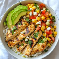 - 1 cup jasmine rice - 2 cups chicken broth - 1 pound chicken breast, diced - 1 tablespoon olive oil - 1 teaspoon chili powder - 1 teaspoon garlic powder - 1 cup corn (fresh or frozen) - 1/2 cup red bell pepper, diced - 1/2 cup red onion, diced - 1 avocado, sliced - 1/4 cup feta cheese, crumbled - 1 tablespoon lime juice - Fresh cilantro, chopped - Salt and pepper to taste Gathering the right ingredients is key. Start with jasmine rice, known for its fragrant aroma and fluffy texture. Use chicken broth for rich flavor. Dice one pound of chicken breast into bite-sized pieces for quick cooking. Olive oil brings a nice sear to the chicken. Next, season your chicken with chili powder and garlic powder. These spices give a warm kick. You will also need corn, which adds sweetness and crunch. Diced red bell pepper and red onion provide color and flavor. Don’t forget the fresh avocado. It adds creaminess and balances the dish. Crumbled feta cheese brings a salty touch, while lime juice adds brightness. Finally, chopped cilantro gives a fresh finish. Make sure you have salt and pepper to taste. Each ingredient plays a part in making this dish vibrant and delicious. {{ingredient_image_2}} - Bring jasmine rice and chicken broth to a boil. - Simmer until the rice is tender. Start by combining 1 cup of jasmine rice with 2 cups of chicken broth in a medium pot. Heat it over high heat until it boils. Once it bubbles, lower the heat to low. Cover the pot with a lid and let it simmer for about 15 minutes. When the rice absorbs all the broth, it will be soft and fluffy. Use a fork to fluff it up when done. - Season diced chicken with spices. - Sauté in olive oil until cooked through. While the rice is cooking, take 1 pound of diced chicken breast and sprinkle it with 1 teaspoon each of chili powder and garlic powder, plus salt and pepper. Heat 1 tablespoon of olive oil in a large skillet over medium heat. Add the seasoned chicken to the hot skillet. Cook it for 6 to 8 minutes. You want it to be golden brown and no longer pink inside. - Add corn and diced vegetables to the chicken. - Cook until vegetables are tender. Next, mix in 1 cup of corn and 1/2 cup each of diced red bell pepper and red onion to the skillet with the chicken. Stir everything well and cook for another 3 to 4 minutes. This step makes the veggies soft and fragrant, enhancing the overall flavor of your dish. - Layer cooked rice, chicken mixture, and toppings. Now it’s time to build your bowls. Start with a base of the cooked jasmine rice. Spoon the chicken and corn mixture generously on top. Make sure to distribute it evenly across the rice to get a good mix of flavors in every bite. - Garnish with avocado, feta, lime juice, and cilantro. For the finishing touch, add sliced avocado, crumbled feta cheese, and a squeeze of fresh lime juice on top of each bowl. Finally, sprinkle some chopped cilantro for a burst of color and flavor. This makes your dish not only tasty but visually appealing too! - Use freshly squeezed lime juice for better flavor. Fresh lime juice brightens your dish. It adds a tangy kick that makes every bite pop. - Fluff rice before serving for best texture. Fluffing the rice makes it light and fluffy. Use a fork to gently separate the grains. This step ensures a perfect base for your bowl. - Serve in colorful bowls for visual appeal. Bright bowls make your meal look special. They can elevate a simple dish into something festive. - Pair with lime wedges for extra flavor. Lime wedges add a fresh burst when squeezed. This makes each bite even more delicious. - Add spices to taste for heat and depth. If you like it spicy, try adding more chili powder. You can also explore flavors like cumin or smoked paprika. These spices can change the whole vibe of your dish. Pro Tips Perfectly Cooked Rice: Always rinse jasmine rice under cold water before cooking to remove excess starch, resulting in fluffier grains. Seasoning the Chicken: For more flavor, marinate the diced chicken in lime juice and spices for at least 30 minutes before cooking. Vegetable Variations: Feel free to add other vegetables like zucchini or cherry tomatoes for added color and nutrition. Serving Suggestions: Serve with extra lime wedges and hot sauce on the side for guests to customize their bowls to their liking. {{image_4}} You can make a great vegetarian version. Just swap the chicken for grilled tofu or chickpeas. Tofu adds a nice texture. Chickpeas bring a hearty feel. Both options soak up flavors well. Feel free to play with spices. Cumin adds warmth, while paprika gives a smoky touch. You can also try chili flakes for heat. Mixing spices can brighten up the dish. Don’t be afraid to experiment! Add fresh ingredients based on the season. Diced tomatoes bring sweetness, while jalapeños add heat. These ingredients create a fresh twist. They also add color and crunch to your bowl. Use what you love or what’s in season! Store your Street Corn Chicken Rice Bowls in airtight containers. They stay fresh in the fridge for up to 3 days. This keeps the flavors locked in and the ingredients safe. You can freeze individual portions for easy meals later. This is a great way to save time on busy days. Just make sure to use freezer-safe containers. Label them with the date for quick reference. When it’s time to eat, reheat your bowls thoroughly. You can use the microwave or the stove. If using the stove, warm them over low heat. Stir often to heat evenly and retain moisture. Enjoy your tasty meal! To cook jasmine rice, use a pot. Combine 1 cup of jasmine rice with 2 cups of chicken broth. Bring it to a boil. Once boiling, lower the heat and cover. Let it simmer for about 15 minutes. This makes the rice fluffy and soft. Fluff the rice with a fork before serving. This ensures a light texture. Yes, you can use brown rice. However, it needs longer cooking time. Use the same ratio: 1 cup of brown rice to 2 cups of chicken broth. Bring it to a boil, then lower the heat. Let it simmer for about 40-45 minutes. Check for tenderness before serving. Brown rice also gives a nutty flavor. To boost the chicken’s flavor, marinate it. Use olive oil, chili powder, and garlic powder. You can add lime juice and salt too. Let it sit for 30 minutes if you have time. This extra time lets the spices soak in. Cook the chicken until golden and no longer pink. This gives a tasty result. You can add many toppings to your bowl. Here are some fun ideas: - Sliced jalapeños for heat - Fresh tomatoes, diced for freshness - Crumbled queso or cheese for creaminess - Chopped green onions for crunch - A dollop of sour cream for richness - Squeeze more lime juice for brightness These toppings let you customize your bowl to your taste. This blog shows how to make tasty street corn chicken rice bowls with easy steps. We covered the key ingredients, cooking methods, and tips for the best results. I encourage you to try variations to suit your taste. Use fresh ingredients for more flavor, and don’t shy away from experimenting. These bowls are quick to make and great for meals. Enjoy the joy of cooking and sharing these delicious dishes with friends or family. You’ll impress everyone. Happy cooking!