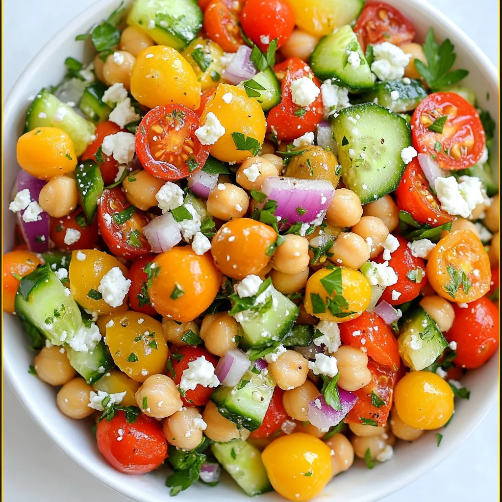 - 1 can (15 oz) chickpeas, thoroughly rinsed and drained - 1 cup cherry tomatoes, halved - 1 medium cucumber, diced into bite-sized pieces - 1 bell pepper (choose either red or yellow), diced - 1/4 red onion, finely chopped - 1/2 cup Kalamata olives, pitted and halved - 1/2 cup feta cheese, crumbled into small pieces - 2 tablespoons fresh parsley, finely chopped - 1 tablespoon fresh mint, finely chopped - 3 tablespoons extra virgin olive oil - 2 tablespoons freshly squeezed lemon juice - 1 teaspoon dried oregano - Salt and freshly ground black pepper to taste Using a standard can for the chickpeas provides about 1.5 cups. This amount serves four to six people. You want fresh ingredients, so buy them just before cooking. Use a good quality olive oil for the best flavor. If you have dietary restrictions, you can swap some ingredients: - Use canned white beans instead of chickpeas for a lighter option. - Replace feta with avocado for a creamy touch that is dairy-free. - Any fresh herbs like basil or cilantro can replace parsley and mint. - If you can't find Kalamata olives, green olives work just as well. - For a gluten-free option, ensure your feta is certified gluten-free. These swaps still keep the salad fresh and vibrant. {{ingredient_image_2}} Making Mediterranean Chickpea Salad is simple. You can prep it in just 15 minutes. You need a large bowl for mixing. Gather all your ingredients first. This will help you stay organized. 1. Combine Ingredients: Start with rinsed chickpeas in a large bowl. Add the halved cherry tomatoes, diced cucumber, diced bell pepper, and finely chopped red onion. Mix gently to blend the flavors. 2. Add Olives and Cheese: Next, fold in the Kalamata olives, crumbled feta cheese, chopped parsley, and mint. Make sure to distribute them evenly in the salad. 3. Prepare the Dressing: In a small bowl, whisk together the extra virgin olive oil, fresh lemon juice, dried oregano, salt, and black pepper. Mix well until it’s smooth. 4. Dress the Salad: Pour the dressing over the salad. Use a spatula to toss everything gently. Ensure that all the ingredients are coated well. 5. Let it Rest: Allow the salad to sit for at least 15 minutes. This lets the flavors meld together nicely. 6. Final Toss: Just before serving, give the salad a gentle toss. This ensures even distribution of the dressing and ingredients. - Use a large bowl to prevent spills when mixing. - Toss gently to avoid smashing the feta and vegetables. - Letting the salad rest is key. It improves the taste. - Drizzle the dressing slowly. This helps coat everything evenly. - For a fun twist, add toasted pine nuts or sunflower seeds for crunch. To make your Mediterranean Chickpea Salad pop, use fresh herbs. Fresh parsley and mint add great taste. When you chop them, do it finely. This helps release their oils and flavors. Don't skip the resting time. Letting the salad sit for 15 minutes helps the flavors blend. Use high-quality extra virgin olive oil for the best taste. It enhances the salad and adds richness. Many people rinse chickpeas but don't drain them well. This can make your salad watery. Make sure to drain thoroughly to avoid this. Overdressing the salad can also ruin it. Start with less dressing and add more as needed. Lastly, don’t mix the salad too hard. Gently toss to keep the veggies intact and looking fresh. Serve your salad in a big bowl to show off its colors. You can also use a decorative platter for a nice touch. For extra crunch, add toasted pine nuts or sunflower seeds on top. Garnish with more fresh herbs like parsley or mint. This makes your salad not just tasty but also pretty to look at! Pro Tips Chickpea Quality: Use high-quality canned chickpeas or, for a fresher taste, cook your own dried chickpeas. Soaking and cooking them from scratch can enhance flavor and texture. Herb Freshness: Fresh herbs make a significant difference. Opt for fresh parsley and mint rather than dried to bring vibrant flavors to your salad. Dressing Balance: Adjust the acidity of the dressing by adding more lemon juice or olive oil to suit your taste preference. A good balance of flavors is key to a refreshing salad. Chill Time: Letting the salad rest for a bit allows the flavors to meld. If possible, refrigerate for 30 minutes before serving for an even more refreshing dish. {{image_4}} You can easily adjust this salad to fit your needs. If you're vegan, skip the feta cheese. Instead, try avocado for creaminess. If you're gluten-free, all the ingredients work well. Just make sure your olives and any dressings are gluten-free. For a protein boost, add grilled chicken or shrimp. The classic Mediterranean chickpea salad focuses on fresh ingredients. You have chickpeas, tomatoes, cucumbers, and feta. Modern takes might include grains like quinoa or farro. Some people even add roasted veggies for more flavor. You can also play with spices. Try adding cumin or smoked paprika for a twist. You can change the salad with the seasons. In summer, use ripe tomatoes and fresh herbs. In fall, consider adding roasted sweet potatoes or butternut squash. Winter calls for heartier greens like kale or spinach. Always look for what is fresh. This keeps your salad vibrant and full of flavor. To keep your Mediterranean Chickpea Salad fresh, store it in an airtight container. This will help keep the salad crisp and flavorful. Place the salad in the fridge right after serving. If you have leftovers, make sure to cover them well to avoid any odors from other foods. This salad stays fresh for about 3 days in the fridge. The flavors blend nicely over time, but the veggies may lose some crunch. If you notice the salad looking sad, it might be time to toss it. To keep things fresh, you can store the dressing separately. Add it just before eating to keep the salad vibrant. You don’t need to reheat this salad. It tastes best cold. However, if you want a warm dish, consider using the chickpeas in another recipe. You can warm them on the stove or in the microwave, then mix with fresh veggies for a quick meal. Enjoy the bright flavors any way you choose! Chickpeas are packed with nutrients. They are high in protein and fiber. This helps keep you full and satisfied. They also have vitamins and minerals, like folate and iron. Folate is good for cell health, while iron helps with blood. Eating chickpeas may support heart health too. They can lower bad cholesterol levels. They are a great choice for a healthy diet. Yes, you can make this salad ahead of time. It tastes even better after resting. The flavors blend well when it sits. You can prepare it a day before serving. Just keep it in the fridge. If you do this, wait to add the dressing. Add it just before eating. This keeps the salad fresh and crunchy. You can serve this salad with many dishes. It pairs well with grilled chicken or fish. Try it alongside pita bread and hummus. It also goes great with a warm soup. For a light meal, serve it with a slice of crusty bread. This salad works well for lunch or dinner. You can even enjoy it as a snack! This blog post covered the key ingredients for Mediterranean Chickpea Salad, detailing measurements and substitutions. I shared simple step-by-step instructions to create the dish, along with tips to enhance its flavor and avoid common mistakes. We explored variations for different diets and seasonal tastes. Lastly, I emphasized proper storage and answered common questions about the salad's benefits. Enjoy making this dish and feel confident to customize it to your taste!