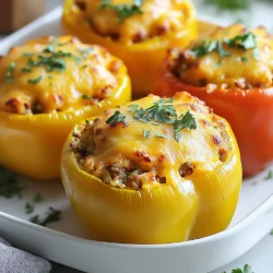 To make keto stuffed bell peppers, gather these essential ingredients: - 4 large bell peppers (red, yellow, green, or orange) - 1 pound ground turkey or beef - 1 cup cauliflower rice - 1 cup shredded cheddar cheese (divided) - 1/2 cup diced tomatoes - 1 small onion (finely chopped) - 2 cloves garlic (minced) - 1 tablespoon olive oil - 1 teaspoon ground cumin - 1 teaspoon smoked paprika - Salt and pepper (to taste) - Fresh parsley (for garnish) These ingredients create a delightful mix of flavors and textures. Bell peppers serve as the perfect vessel for a hearty filling. I love using fresh ingredients, as they make the dish taste vibrant and bright. The ground turkey or beef adds protein, while cauliflower rice keeps it low-carb. The spices, like cumin and smoked paprika, give a warm, smoky flavor. And who can resist gooey cheddar cheese? It melts beautifully and brings everything together. Don't forget the fresh parsley to add color and freshness! {{ingredient_image_2}} - Preheat the Oven to 375°F (190°C): Start by turning on your oven. This will ensure it’s hot when you bake the peppers. - Prepare and Clean Bell Peppers: Cut the tops off the bell peppers. Remove the seeds and membranes. Set the cleaned peppers aside for stuffing. - Sauté Onions and Garlic: In a large skillet, heat 1 tablespoon of olive oil over medium heat. Add the chopped onion and minced garlic. Cook for 3-4 minutes until the onion is soft. - Brown the Meat and Mix Remaining Ingredients: Add the ground turkey or beef to the skillet. Cook for 5-7 minutes, breaking it apart as it cooks. Once browned, stir in cauliflower rice, diced tomatoes, cumin, smoked paprika, salt, and pepper. Keep cooking for 4-5 minutes to blend the flavors. - Incorporate Cheese and Stuff Peppers: Remove the skillet from the heat. Fold in half of the shredded cheddar cheese until it melts. Stuff each bell pepper with the meat mixture, pressing down gently to fill them well. - Arrange in Baking Dish and Cover with Foil: Place the stuffed peppers upright in a baking dish. Top each pepper with the rest of the shredded cheese. - Bake Covered and Then Uncovered: Cover the dish with aluminum foil. Bake for 25 minutes. After that, remove the foil and bake for another 10-15 minutes. This makes the peppers soft and the cheese bubbly and golden. - Ensuring Peppers are Properly Stuffed To stuff your peppers well, press the filling down gently. This method helps avoid gaps. Make sure the mixture fills every space. You want each bite to be full of flavor. - Cooking Time Adjustments for Different Meats If you choose ground turkey, it cooks faster than beef. Keep an eye on it. Use a meat thermometer for safety. Ground turkey should reach 165°F, while beef needs 160°F. Adjust your cooking time based on what you pick. - Creative Ways to Serve Stuffed Peppers Serve your stuffed peppers on a large platter. Place the tops on the side for flair. You can also layer them with colorful greens. This adds a fresh look to your dish. - Garnishing Suggestions for Added Flavor A sprinkle of fresh parsley boosts color and taste. You can also add a dollop of sour cream. For a spicy kick, try chili flakes or jalapeños. These small touches make a big difference. Pro Tips Choose Colorful Peppers: Opt for a mix of colored bell peppers for a vibrant presentation and a range of flavors. Each color has a unique taste profile, enhancing the overall dish. Customize Your Filling: Feel free to experiment with different proteins such as chicken, sausage, or even plant-based alternatives to suit your dietary preferences. Pre-Cook the Cauliflower Rice: If using fresh cauliflower rice, lightly sauté it before mixing it with the meat to enhance its flavor and reduce moisture, preventing soggy peppers. Let Them Rest: After baking, allow the stuffed peppers to rest for a few minutes before serving. This helps the flavors settle and makes them easier to handle when serving. {{image_4}} You can easily make keto stuffed bell peppers vegetarian or vegan. For plant-based proteins, try using lentils or black beans. These options add great texture and flavor. You can also use crumbled tofu or tempeh for a protein boost. For cheese, consider using vegan cheese. Look for brands that melt well. Nutritional yeast is another option. It adds a cheesy flavor without dairy. Just sprinkle it on top for a tasty finish. Spices and herbs can change the whole dish. Experiment with cumin or Italian herbs for a different taste. You might love adding chili powder for some heat. A pinch of oregano can also enhance the flavor. Adding vegetable mix-ins makes your stuffing even better. Zucchini, mushrooms, or spinach work well. Just chop them small and mix them in with the other ingredients. This adds color and nutrients to your meal. After making your keto stuffed bell peppers, you’ll want to store any leftovers properly. Here are my best practices: - Best Practices for Refrigeration: Let the stuffed peppers cool to room temperature first. Then, place them in an airtight container. Store in the fridge for up to 3-4 days. This keeps them fresh and tasty. - How to Freeze Stuffed Peppers: For longer storage, you can freeze the peppers. Wrap each stuffed pepper tightly in plastic wrap. Then, put them in a freezer bag. They can last up to 3 months in the freezer. When ready to eat, thaw them in the fridge overnight. Reheating your stuffed peppers is simple. Use these methods for safe and tasty results: - Methods for Reheating Safely: You can reheat them in the oven or microwave. For the oven, preheat to 350°F (175°C). Place the peppers in a baking dish and cover with foil. Heat for about 20 minutes or until warm. In the microwave, heat for 2-3 minutes on medium power. - Tips for Maintaining Texture and Flavor: To keep the peppers nice, avoid overheating. If using the microwave, cover them with a damp paper towel. This helps prevent drying out. Enjoy your meal as if it was just made! Can I make these ahead of time? Yes, you can prepare stuffed peppers in advance. Stuff the peppers and store them in the fridge. Bake them when you are ready to eat. This saves time on busy days. What are the best types of bell peppers for stuffing? I like using large bell peppers, such as red, yellow, green, or orange. They are sturdy and sweet. Their size holds a lot of filling. Choose any color based on what you like best. How many carbs are in keto stuffed bell peppers? Each stuffed bell pepper has around 8-10 grams of carbs. This makes them great for a keto diet. The main carbs come from the bell pepper and cauliflower rice. Can I use different meats for this recipe? Absolutely! You can use ground chicken, pork, or even meat alternatives. Just adjust cooking time as needed. Each meat adds its own flavor, so try what you enjoy. How can I make these dairy-free? To make them dairy-free, skip the cheese or use a dairy-free cheese. Nutritional yeast can add a cheesy flavor without dairy. You can also add extra herbs for taste. Are there any low-carb substitutes for cauliflower rice? Yes, you can use zucchini rice or shredded cabbage instead of cauliflower rice. Both are low in carbs and offer unique flavors. Experiment to find which one you like best. You now know how to make tasty stuffed peppers. We covered every step, from ingredients to cooking tips. Remember to try different meats and veggies for fun flavors. You can also store leftovers easily for later meals. Get creative with your garnishes, and enjoy delicious stuffed peppers soon. With practice, you'll become a pro at this dish!