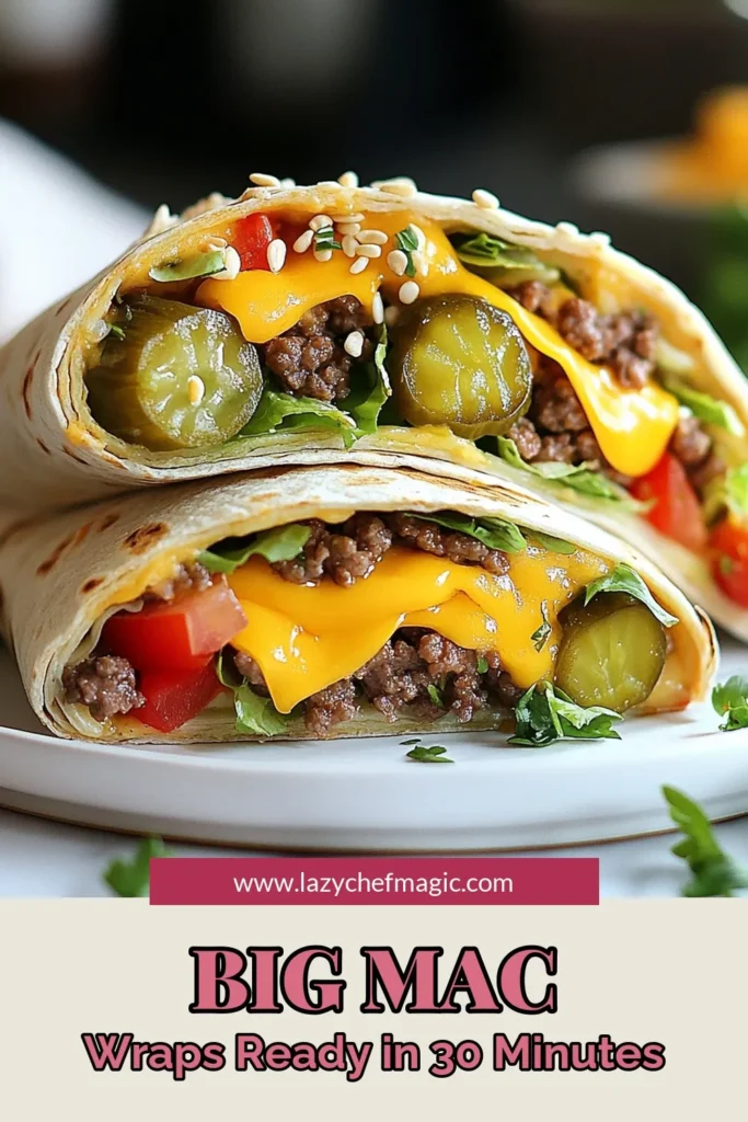 Looking for an easy Big Mac alternative? Try this delicious Big Mac Wraps recipe! Our homemade Big Mac wraps are filled with seasoned ground beef, fresh veggies, and rich Thousand Island dressing all wrapped in soft tortillas. Perfect for a quick meal, these ground beef wraps are an exciting twist on a classic favorite. Check out the full tortilla wraps recipe and save it for later! #BigMacWraps #EasyDinner #TortillaWraps #HomemadeWraps