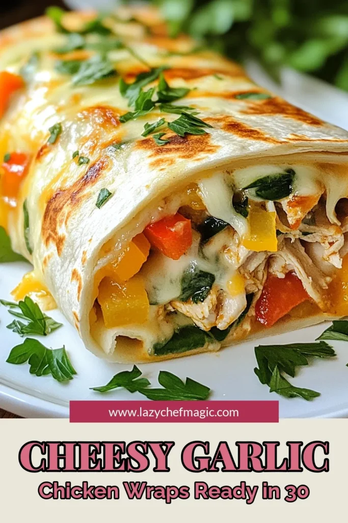 Looking for an easy wrap recipe that packs flavor? Try these cheesy garlic chicken wraps! With tender chicken, creamy garlic cream cheese, and melty mozzarella cheese, this chicken wrap recipe is perfect for a quick meal. Enjoy the deliciousness of garlic and cheese in every bite. Make mealtime fun and flavorful with these mozzarella cheese wraps! Save this recipe now and enjoy a taste of comfort! #CheesyGarlicChickenWraps #EasyWrapRecipes #ChickenWrapRecipe #GarlicCreamCheeseChicken