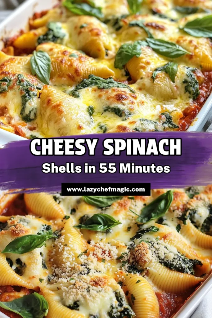 Savor the flavors of cheesy spinach ricotta shells with this easy stuffed pasta shells recipe! This baked ricotta cheese shells dish combines jumbo pasta with a creamy spinach filling, topped with marinara sauce for an irresistible meal. Perfect as an easy spinach dish for weeknight dinners or special occasions. Try this delicious marinara sauce pasta recipe and impress your family. Save this recipe for a cheesy delight! #SpinachRicottaShells #PastaRecipe #ComfortFood #EasyDinner