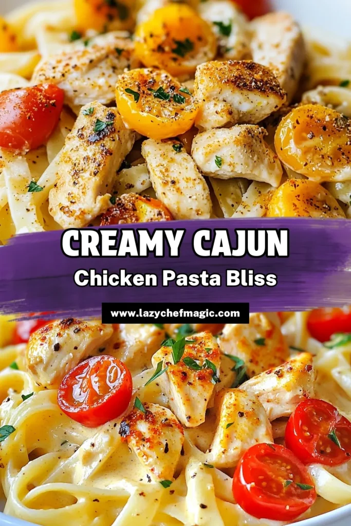Whip up this delicious Five-Ingredient Cajun Chicken Pasta in just 30 minutes! This easy Cajun pasta dinner features juicy chicken, creamy sauce, and cherry tomatoes for a burst of flavor. Perfect for busy nights, this creamy chicken pasta recipe is sure to please the whole family. Try this quick fettuccine recipe tonight and enjoy a delightful Cajun seasoning chicken dish. Save this recipe for your next meal! #CajunPasta #CreamyChicken #EasyDinner #PastaRecipe