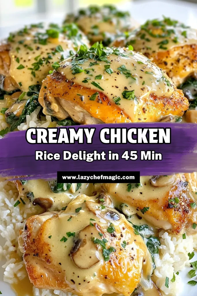 Savor the flavors of this creamy chicken and rice recipe featuring delicious smothered chicken thighs. This one pot chicken and rice dish combines tender chicken, fragrant jasmine rice, and nutritious spinach for an easy chicken dinner recipe that the whole family will love. Ready in under an hour, it’s perfect for busy weeknights! Save this creamy smothered chicken and rice for your next meal! #CreamyChickenAndRice #OnePotDinner #EasyDinner #ChickenAndRiceWithSpinach