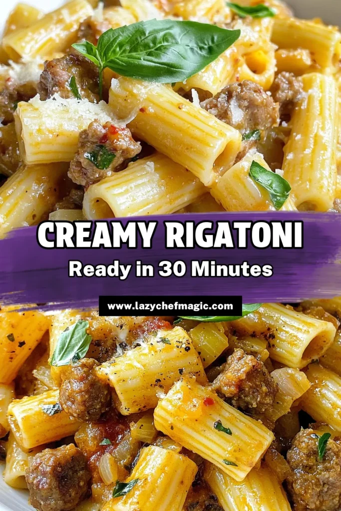 Discover the ultimate creamy rigatoni recipe with Italian sausage pasta that's perfect for a weeknight dinner! This easy pasta dish combines al dente rigatoni with a rich, creamy pasta sauce, deliciously seasoned Italian sausage, and fresh basil. Experience comfort food at its finest in just 30 minutes! Save this creamy Italian Sausage Rigatoni recipe for your next meal! #CreamyPasta #ItalianSausage #EasyPastaDishes #RigatoniWithSausage