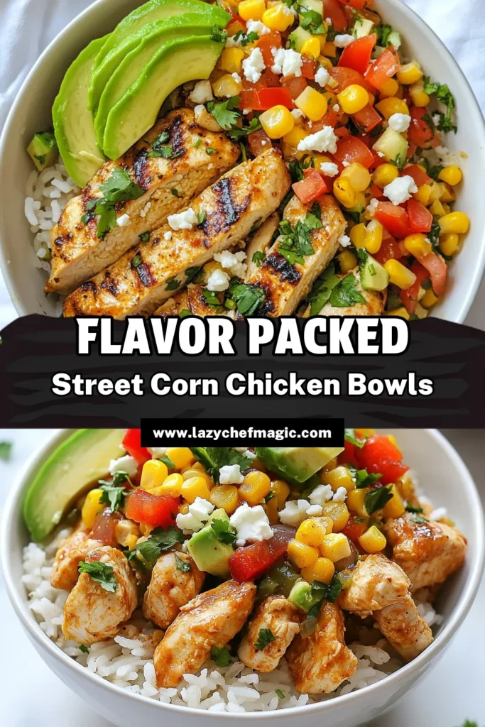 Discover the deliciousness of Street Corn Chicken Rice Bowls! This healthy chicken rice bowl features tender chicken, vibrant veggies, and creamy avocado, all on a bed of jasmine rice. Perfect for meal prep, this corn chicken meal prep recipe is sure to impress. Make your avocado feta chicken bowl today and enjoy a nutritious meal that’s quick and satisfying. Click to save and try this flavorful jasmine rice chicken recipe! #HealthyEating #MealPrep #ChickenRecipes #DinnerIdeas