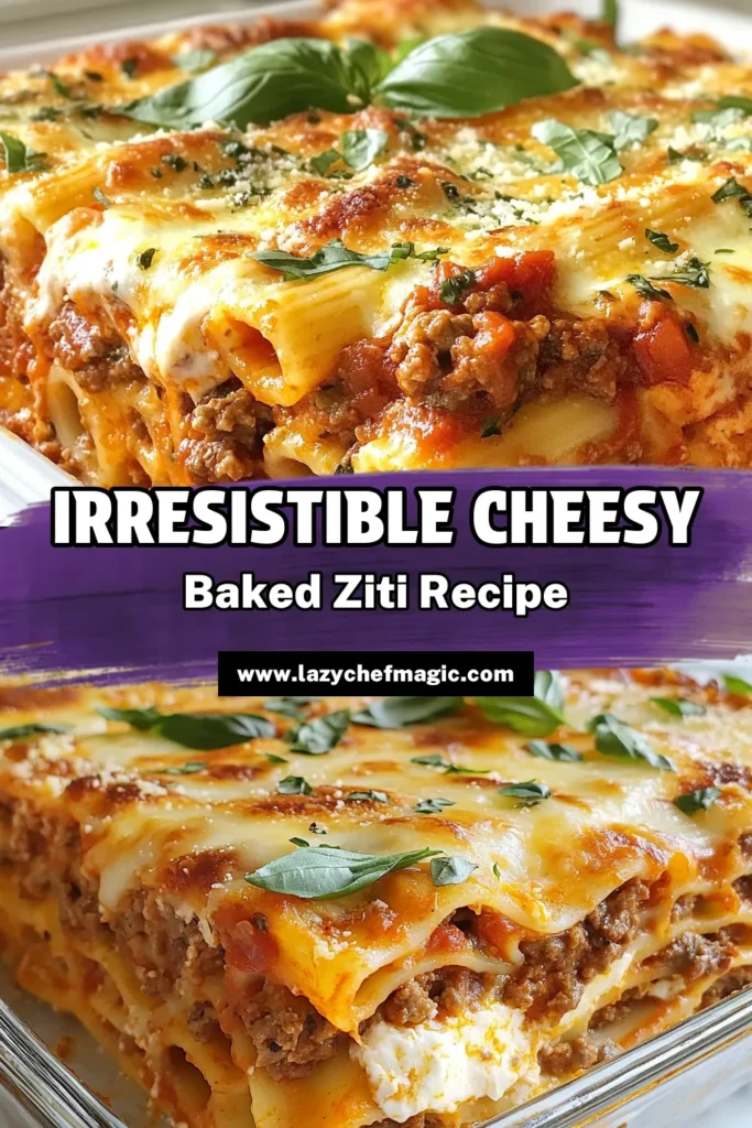 Discover the ultimate baked ziti recipe that promises to be a crowd-pleaser! This easy ziti dinner features cheesy ziti pasta layered with rich meat sauce and creamy ricotta. Experience the comfort of baked ziti with ricotta, perfect for family gatherings or weeknight meals. Try this cheesy delight today and watch it become a staple in your home! Save this ultimate baked ziti recipe for your next meal! #BakedZiti #CheesyPasta #EasyDinner #ZitiRecipe