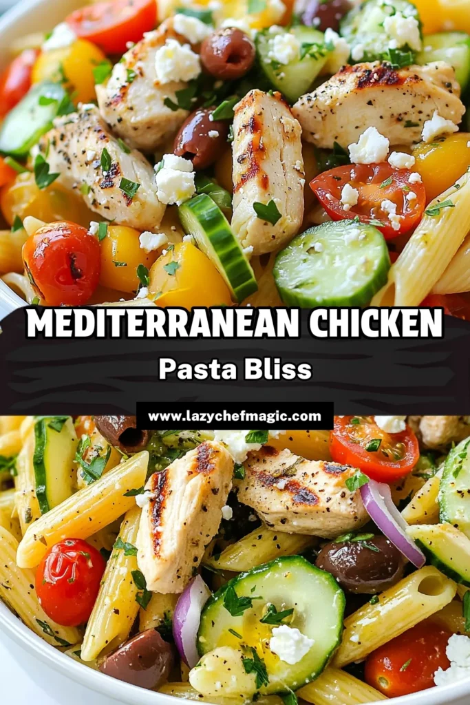 Discover the ultimate Mediterranean chicken pasta salad! This healthy pasta salad recipe features grilled chicken, fresh veggies, and tangy feta cheese, making it a perfect choice for lunch or dinner. Enjoy easy Mediterranean recipes that are packed with flavor and nutrients. Ready in under an hour, this Greek pasta salad is a must-try! Save this recipe for your next meal prep! #MediterraneanChickenPastaSalad #HealthyPastaSalad #GrilledChickenSalad #EasyMediterraneanRecipes