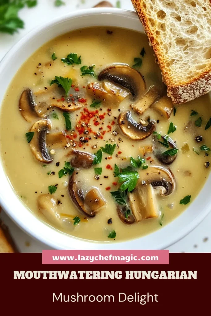 Discover the rich flavors of traditional Hungarian cuisine with this delightful Hungarian mushroom soup recipe. This creamy mushroom soup features fresh mushrooms, aromatic spices, and a luscious texture perfect for a cozy meal. Enjoy a hearty vegetarian mushroom soup that’s easy to make and ideal for chilly days. Don’t miss out on this rustic mushroom soup—save it for later and bring a taste of Hungary to your kitchen! #HungarianCuisine #MushroomSoup #VegetarianRecipes #ComfortFood