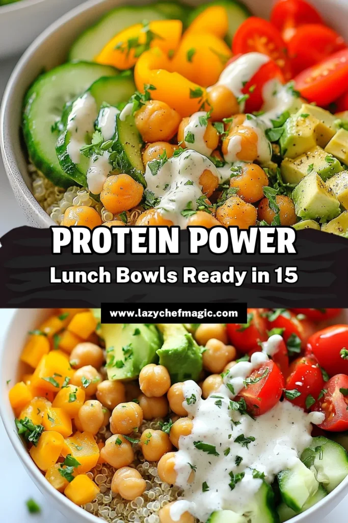 Discover delicious Protein veggie lunch bowls that are perfect for meal prep! These high-protein quinoa chickpea salad bowls are easy to make and packed with flavor. The creamy Greek yogurt dressing recipe adds a delightful touch to each plant-based protein lunch. Perfect for a healthy meal prep idea, these vibrant and nutritious bowls will keep you energized throughout the day. Try this recipe and save for later! #HealthyLunch #MealPrep #VeggieBowls #PlantBasedProtein