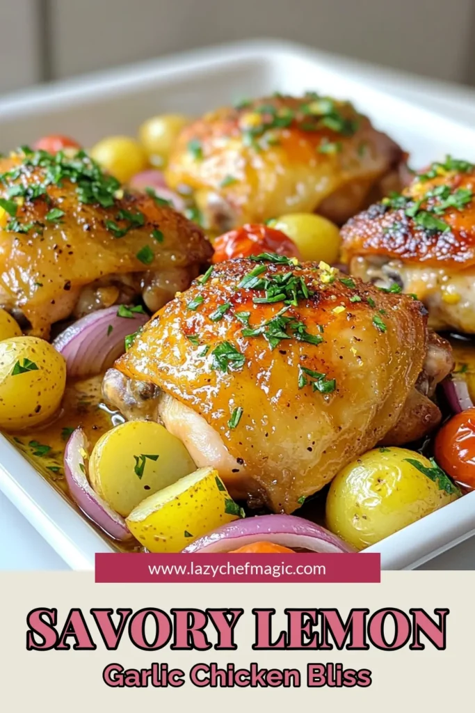 Looking for a delicious, easy chicken recipe? Try this Sheet Pan Lemon Garlic Chicken recipe! Tender and zesty chicken thighs marinated with fresh lemon and garlic are roasted alongside vibrant vegetables for a complete sheet pan chicken dinner. Perfect for busy weeknights, this roasted chicken with vegetables is sure to become a family favorite. Save this recipe for a simple, flavorful meal tonight! #LemonGarlicChicken #SheetPanDinner #EasyChickenRecipes #ZestyChickenThighs