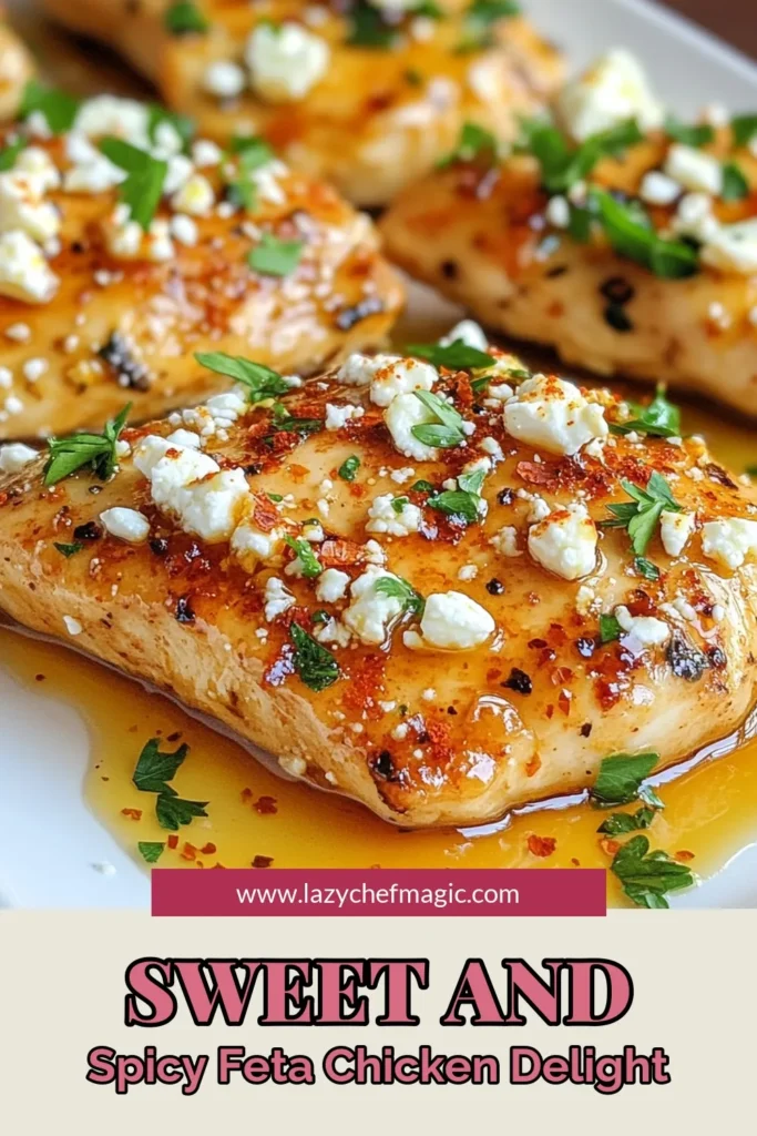 Discover the perfect blend of sweet and spicy with this Hot Honey Feta Chicken recipe! This easy chicken dinner idea features flavorful baked chicken with feta that will satisfy your cravings. Marinated in a honey garlic mixture, this spicy feta chicken recipe is bursting with taste and ready in just an hour. Impress your guests and family tonight! Save this recipe for your next meal! #HotHoneyFetaChicken #SpicyFetaChickenRecipe #EasyChickenDinnerIdeas #BakedChickenWithFeta