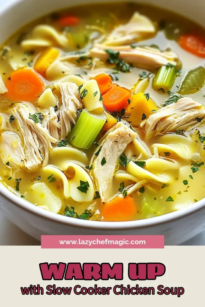 Warm up with this cozy chicken soup recipe featuring slow cooker chicken noodle soup that's perfect for chilly days! This easy chicken noodle soup combines tender shredded chicken, fresh vegetables, and egg noodles, creating the ultimate comfort food recipe. Just toss the ingredients in your slow cooker and let the magic happen! Click to discover this delicious shredded chicken soup recipe and save for later! #SlowCookerChickenNoodleSoup #ComfortFoodRecipes #EasyChickenNoodleSoup #CozyChickenSoupRecipe