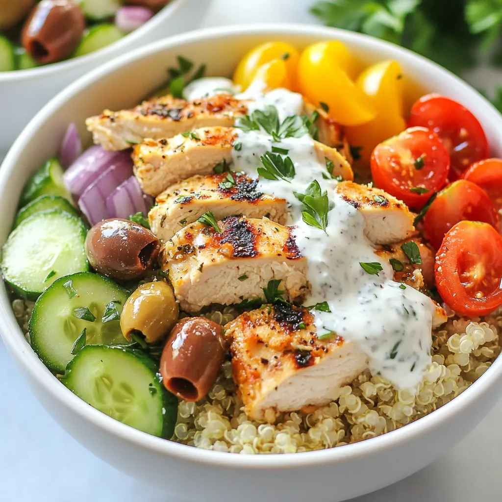 - 2 cups leftover cooked chicken, shredded - 1 cup cooked quinoa or brown rice - 1 cup cucumber, diced - 1 cup cherry tomatoes, halved - 1/2 red onion, thinly sliced - 1/2 cup feta cheese, crumbled - 1/4 cup Kalamata olives, pitted and halved - 1 cup Greek yogurt - 2 tablespoons tahini - 2 tablespoons fresh lemon juice - 1 tablespoon extra-virgin olive oil - 1 teaspoon dried oregano - Salt and freshly cracked pepper to taste - Fresh parsley or dill, chopped, for garnish You can swap cooked chicken with leftover turkey or even tofu for a plant-based option. If you don’t have quinoa, brown rice works great. You can also use any fresh veggies you have on hand. Bell peppers and spinach can add nice flavors too. Instead of feta, try goat cheese or a dairy-free cheese. If tahini is not available, you can skip it or use peanut butter for a different twist. These bowls are not just tasty; they are healthy too. The chicken gives you protein, while quinoa or brown rice adds carbs. Fresh veggies bring vitamins and minerals. Feta adds calcium, and Greek yogurt offers probiotics. Each serving has about 400-500 calories, depending on the ingredients used. This makes it a balanced meal, perfect for lunch or dinner. Enjoy these bowls for a quick meal that is good for you! {{ingredient_image_2}} To make the dressing, grab a medium bowl. Mix Greek yogurt, tahini, fresh lemon juice, and olive oil together. Stir until the mixture is smooth and creamy. Add salt, pepper, and oregano to taste. Set it aside. Letting it sit helps the flavors blend well. Take a large serving bowl and add cooked quinoa or brown rice. Spread it evenly across the bottom. This base adds texture and taste to your bowl. Start by adding the leftover chicken. Spread it out evenly on top of the grains. Then, arrange the diced cucumber, halved cherry tomatoes, and thinly sliced red onion around the chicken. This brings bright colors to your dish. - Incorporating Feta Cheese and Kalamata Olives Sprinkle crumbled feta cheese and halved Kalamata olives on top of the bowl. This adds a nice salty flavor and enhances the Mediterranean feel. - Drizzling with Tahini Yogurt Dressing Generously drizzle the tahini yogurt dressing over everything. Make sure all ingredients get a light coating. This dressing ties all the flavors together. - Garnishing for Presentation Finish by adding freshly chopped parsley or dill. This not only adds flavor but also makes your bowl look pretty. You can also add a lemon wedge on the side for extra zest. Enjoy your colorful and tasty leftover chicken gyro bowl! To shred leftover chicken, start with chilled chicken. Use two forks to pull apart the meat. Hold one fork in each hand. Grab a piece of chicken with one fork. Use the other fork to shred it into thin strips. You can also use your hands if the chicken is cool enough. This method keeps the chicken tender and makes it easy to mix in your bowl. Store leftover ingredients in airtight containers. Use separate containers for each item. This keeps them fresh longer. Label the containers with dates. Most cooked chicken lasts up to four days in the fridge. Fresh veggies like cucumbers and tomatoes should be eaten within three days for the best taste. For meal prep, cook extra chicken on purpose. Season it well to add flavor. Use quinoa or brown rice as a base. They stay fresh for a longer time. Chop your veggies in advance. Keep them in separate containers. This makes it easy to assemble bowls quickly. You can mix and match ingredients based on what you have. Pro Tips Flavorful Chicken: For the best taste, use leftover chicken that has been seasoned with lemon, garlic, and herbs for a Mediterranean flair. Chilling Time: Allow the assembled bowls to chill in the refrigerator for at least 30 minutes before serving to enhance the flavors and create a refreshing dish. Customizable Grains: Feel free to swap quinoa for brown rice or use any other grain of your choice to suit your dietary preferences and taste. Garnish for Color: Adding freshly chopped parsley or dill not only enhances flavor but also gives the dish a vibrant, appealing look. {{image_4}} You can switch chicken for other proteins. Tofu works great if you want a meat-free dish. Just press and cube the tofu, then sauté it in olive oil with spices. Lamb is another tasty option. Use cooked lamb or grill it for a new flavor. Both choices will keep your gyro bowls exciting and fun! Feel free to change the veggies based on the season. For spring, try adding asparagus or radishes. In summer, use zucchini or bell peppers for crunch. Fall brings great options like roasted sweet potatoes. Using seasonal veggies not only tastes better but also supports local farms! The dressing can change the whole dish. Mix in some herbs like dill or mint for a fresh twist. You could add a bit of garlic for a stronger taste. A splash of hot sauce can bring heat if you like spice. Experiment with these ideas to find your perfect sauce! To keep your leftover chicken gyro bowls fresh, use airtight containers. Place the cooked quinoa or rice at the bottom. Layer the chicken and veggies on top. Avoid adding yogurt dressing until you are ready to eat. Store in the fridge for up to three days. When reheating, do not microwave the whole bowl. Instead, take out the chicken and grains. Heat them in a pan over medium heat. This keeps the chicken juicy and prevents the grains from drying out. Add fresh veggies after reheating for a crisp bite. If you want to freeze your gyro bowls, separate the ingredients first. Freeze the chicken and grains in one bag. Store the veggies in another. Use freezer-safe bags to prevent freezer burn. Consume within three months for the best taste. When ready to eat, thaw in the fridge overnight before reheating. No, using raw chicken will not work for this recipe. You need cooked chicken to make these gyro bowls quick and easy. Raw chicken takes longer to cook and can lead to food safety issues. Always use leftover cooked chicken that is safe to eat. This way, you save time and enjoy a meal right away. You can keep leftover gyro bowls in the fridge for up to three days. Make sure to store them in an airtight container. This keeps the ingredients fresh and safe to eat. If you want to enjoy them later, try to eat them within this time frame for the best taste. Gyro bowls are filling, but you can add sides for a full meal. Consider serving a simple green salad or roasted vegetables. Pita bread or hummus also pairs well. For a refreshing drink, try iced tea or lemonade. These options complement the flavors and make your meal even better. You now have a complete guide to making Leftover Chicken Gyro Bowls. We covered the key ingredients, substitutions, and nutritional info. Then, we walked through each step, from dressing to assembly. I shared tips for shredding chicken and best practices for meal prep. We explored variations and storage tips to keep your meal fresh. Take these ideas and make them your own. Enjoy your flavorful, healthy meals!