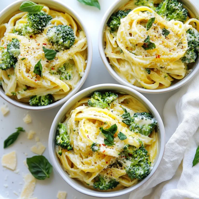 - 8 oz (225 g) pasta (penne or fusilli work well) - 4 cups fresh broccoli florets - 2 cups vegetable broth - 1 cup heavy cream or coconut cream (for dairy-free) - 1 tablespoon olive oil - 3 cloves garlic, minced - 1 teaspoon onion powder - 1 teaspoon dried Italian herbs (like basil, oregano, or thyme) - Salt and black pepper, to taste - ½ cup grated Parmesan cheese (or nutritional yeast for vegan) - Optional: Red pepper flakes for heat When you cook this dish, fresh broccoli makes a big difference. Frozen broccoli can work, but fresh has better flavor and texture. If you want to make this dish dairy-free, just swap heavy cream with coconut cream and Parmesan with nutritional yeast. You can also change the pasta type based on what you have. Whole wheat or gluten-free pasta are great options. Just be aware that cooking times may vary. {{ingredient_image_2}} 1. Heating olive oil and sautéing garlic Start by heating 1 tablespoon of olive oil in a large pot over medium heat. Once it’s hot, add 3 minced garlic cloves. Sauté for about 1 minute. You want the garlic to be fragrant and golden, but not brown. 2. Cooking pasta with broth, herbs, and spices Next, add 8 ounces of uncooked pasta to the pot. Pour in 2 cups of vegetable broth, 1 teaspoon of onion powder, and 1 teaspoon of dried Italian herbs. Stir this well to coat all the pasta. Bring the mixture to a rolling boil. Once boiling, reduce the heat and let it simmer uncovered for about 10 minutes. Stir occasionally. The pasta should cook until it is al dente and most of the liquid is absorbed. 3. Adding broccoli and cream to thicken the dish After the pasta is done, add 4 cups of fresh broccoli florets to the pot. Gently fold them in to mix. Then pour in 1 cup of heavy cream (or coconut cream for a dairy-free option). Stir everything together. Continue to cook for another 3-4 minutes, until the broccoli is tender and the sauce thickens slightly. Remove the pot from heat, then stir in ½ cup of grated Parmesan cheese. Adjust the flavor with salt and black pepper to your liking. If you want some spice, add red pepper flakes on top before serving. - Achieving the perfect al dente pasta: Cook the pasta in the broth. Boil it for about 10 minutes. Stir often. Check it a minute before the time is up. It should be firm but not hard. - Ensuring broccoli retains its vibrant color: Add the broccoli florets at the end of cooking. This helps them stay bright green. Cook them for just a few minutes, so they stay crisp and colorful. - Best practices for creamy consistency: Use heavy cream or coconut cream. Stir it in gently after adding the broccoli. Let it cook for a few more minutes to thicken the sauce. Adding grated cheese will also make it creamier. - Presentation ideas for a visually appealing dish: Serve the pasta in shallow bowls. Top it with extra grated cheese. Add fresh herbs for color. A lemon wedge on the side adds a nice touch. - Suggested side dishes or accompaniments: Pair this dish with a simple green salad. Garlic bread or toasted baguette also works well. These sides balance the creamy pasta nicely. - Ideal serving temperature for maximum flavor: Serve the pasta hot. This keeps the sauce creamy and delicious. If it cools down, the sauce can get too thick. Enjoy it right away for the best taste! Pro Tips Cooking Pasta Perfectly: Make sure to cook the pasta until just al dente, as it will continue to cook in the sauce. This helps prevent mushy pasta. Cream Alternatives: If you're looking for a lighter option, you can substitute heavy cream with Greek yogurt or a plant-based cream to keep it creamy without the calories. Flavor Boost: For an extra burst of flavor, consider adding a splash of white wine after sautéing the garlic, allowing it to reduce before adding the broth. Meal Prep Friendly: This dish can be made ahead of time and stored in the fridge. Just reheat gently on the stove with a splash of broth or water to loosen the sauce. {{image_4}} You can easily change this recipe to fit your needs. For a vegan option, use coconut cream instead of heavy cream. Swap grated Parmesan for nutritional yeast to keep it dairy-free. If you need gluten-free pasta, choose gluten-free penne or fusilli. Want a zesty twist? Add lemon zest for a bright flavor. Fresh herbs like parsley or basil can give your dish a fresh taste. You can also try different spices, like smoked paprika, for a warm kick. You can prepare this dish in a pressure cooker or Instant Pot. Just sauté the garlic in the pot first. Then add the pasta, broth, and seasonings. Cook for 4 minutes under high pressure, and then carefully release the steam. After that, stir in the broccoli and cream. Feel free to mix in different vegetables, like spinach or peas. You can also add proteins, like cooked chicken or shrimp. This dish is flexible and allows for many flavors. Each variation can make your meal unique and fun to try! To store leftover One-Pot Creamy Broccoli Pasta, let it cool first. Place it in an airtight container. This helps keep the pasta fresh for up to three days. When you are ready to eat, reheat it on the stove or in the microwave. If using the stove, add a splash of vegetable broth or cream to help it stay creamy. Heat it gently over low heat, stirring often. This way, you keep all the delicious flavors intact. If you want to freeze the creamy pasta, do it right after it cools. Use a freezer-safe container or a heavy-duty freezer bag. Make sure to remove as much air as possible before sealing. This helps prevent freezer burn. The pasta can last in the freezer for up to three months. To thaw it, move it to the fridge overnight. When ready to eat, reheat it on the stove with a little liquid to restore creaminess. Avoid microwaving it straight from the freezer, as it may not heat evenly. How long does One-Pot Creamy Broccoli Pasta last in the fridge? This dish can last for about 3 to 5 days in the fridge. Store it in an airtight container. Can I make this recipe ahead of time? Yes, you can prep and cook this pasta ahead. Just reheat it gently before serving. What can I use instead of heavy cream? You can use coconut cream for a dairy-free option. Other choices include almond milk or cashew cream. Can I use a different type of pasta? Absolutely! You can use any pasta shape you like. Spaghetti or shells work well too. How do I adjust the recipe for larger servings? To serve more people, simply double the ingredients. Keep the same cooking time for best results. What to do if the sauce is too thick? If the sauce is too thick, add a little vegetable broth or water. Stir gently until you reach your desired consistency. This blog post covered everything you need for making One-Pot Creamy Broccoli Pasta. We discussed key ingredients, step-by-step cooking instructions, and useful tips for the best results. You learned how to store leftovers and variations for different diets or flavors. Experimenting with new ingredients and techniques can lead to tasty surprises. Keep these tips in mind to enjoy your pasta, and don’t hesitate to try your own twists in the kitchen. Happy cooking!