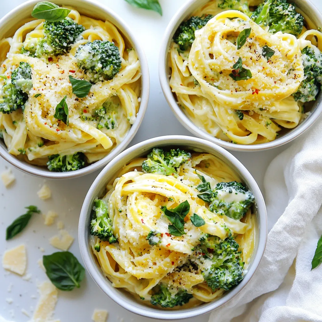 - 8 oz (225 g) pasta (penne or fusilli work well) - 4 cups fresh broccoli florets - 2 cups vegetable broth - 1 cup heavy cream or coconut cream (for dairy-free) - 1 tablespoon olive oil - 3 cloves garlic, minced - 1 teaspoon onion powder - 1 teaspoon dried Italian herbs (like basil, oregano, or thyme) - Salt and black pepper, to taste - ½ cup grated Parmesan cheese (or nutritional yeast for vegan) - Optional: Red pepper flakes for heat When you cook this dish, fresh broccoli makes a big difference. Frozen broccoli can work, but fresh has better flavor and texture. If you want to make this dish dairy-free, just swap heavy cream with coconut cream and Parmesan with nutritional yeast. You can also change the pasta type based on what you have. Whole wheat or gluten-free pasta are great options. Just be aware that cooking times may vary. {{ingredient_image_2}} 1. Heating olive oil and sautéing garlic Start by heating 1 tablespoon of olive oil in a large pot over medium heat. Once it’s hot, add 3 minced garlic cloves. Sauté for about 1 minute. You want the garlic to be fragrant and golden, but not brown. 2. Cooking pasta with broth, herbs, and spices Next, add 8 ounces of uncooked pasta to the pot. Pour in 2 cups of vegetable broth, 1 teaspoon of onion powder, and 1 teaspoon of dried Italian herbs. Stir this well to coat all the pasta. Bring the mixture to a rolling boil. Once boiling, reduce the heat and let it simmer uncovered for about 10 minutes. Stir occasionally. The pasta should cook until it is al dente and most of the liquid is absorbed. 3. Adding broccoli and cream to thicken the dish After the pasta is done, add 4 cups of fresh broccoli florets to the pot. Gently fold them in to mix. Then pour in 1 cup of heavy cream (or coconut cream for a dairy-free option). Stir everything together. Continue to cook for another 3-4 minutes, until the broccoli is tender and the sauce thickens slightly. Remove the pot from heat, then stir in ½ cup of grated Parmesan cheese. Adjust the flavor with salt and black pepper to your liking. If you want some spice, add red pepper flakes on top before serving. - Achieving the perfect al dente pasta: Cook the pasta in the broth. Boil it for about 10 minutes. Stir often. Check it a minute before the time is up. It should be firm but not hard. - Ensuring broccoli retains its vibrant color: Add the broccoli florets at the end of cooking. This helps them stay bright green. Cook them for just a few minutes, so they stay crisp and colorful. - Best practices for creamy consistency: Use heavy cream or coconut cream. Stir it in gently after adding the broccoli. Let it cook for a few more minutes to thicken the sauce. Adding grated cheese will also make it creamier. - Presentation ideas for a visually appealing dish: Serve the pasta in shallow bowls. Top it with extra grated cheese. Add fresh herbs for color. A lemon wedge on the side adds a nice touch. - Suggested side dishes or accompaniments: Pair this dish with a simple green salad. Garlic bread or toasted baguette also works well. These sides balance the creamy pasta nicely. - Ideal serving temperature for maximum flavor: Serve the pasta hot. This keeps the sauce creamy and delicious. If it cools down, the sauce can get too thick. Enjoy it right away for the best taste! Pro Tips Cooking Pasta Perfectly: Make sure to cook the pasta until just al dente, as it will continue to cook in the sauce. This helps prevent mushy pasta. Cream Alternatives: If you're looking for a lighter option, you can substitute heavy cream with Greek yogurt or a plant-based cream to keep it creamy without the calories. Flavor Boost: For an extra burst of flavor, consider adding a splash of white wine after sautéing the garlic, allowing it to reduce before adding the broth. Meal Prep Friendly: This dish can be made ahead of time and stored in the fridge. Just reheat gently on the stove with a splash of broth or water to loosen the sauce. {{image_4}} You can easily change this recipe to fit your needs. For a vegan option, use coconut cream instead of heavy cream. Swap grated Parmesan for nutritional yeast to keep it dairy-free. If you need gluten-free pasta, choose gluten-free penne or fusilli. Want a zesty twist? Add lemon zest for a bright flavor. Fresh herbs like parsley or basil can give your dish a fresh taste. You can also try different spices, like smoked paprika, for a warm kick. You can prepare this dish in a pressure cooker or Instant Pot. Just sauté the garlic in the pot first. Then add the pasta, broth, and seasonings. Cook for 4 minutes under high pressure, and then carefully release the steam. After that, stir in the broccoli and cream. Feel free to mix in different vegetables, like spinach or peas. You can also add proteins, like cooked chicken or shrimp. This dish is flexible and allows for many flavors. Each variation can make your meal unique and fun to try! To store leftover One-Pot Creamy Broccoli Pasta, let it cool first. Place it in an airtight container. This helps keep the pasta fresh for up to three days. When you are ready to eat, reheat it on the stove or in the microwave. If using the stove, add a splash of vegetable broth or cream to help it stay creamy. Heat it gently over low heat, stirring often. This way, you keep all the delicious flavors intact. If you want to freeze the creamy pasta, do it right after it cools. Use a freezer-safe container or a heavy-duty freezer bag. Make sure to remove as much air as possible before sealing. This helps prevent freezer burn. The pasta can last in the freezer for up to three months. To thaw it, move it to the fridge overnight. When ready to eat, reheat it on the stove with a little liquid to restore creaminess. Avoid microwaving it straight from the freezer, as it may not heat evenly. How long does One-Pot Creamy Broccoli Pasta last in the fridge? This dish can last for about 3 to 5 days in the fridge. Store it in an airtight container. Can I make this recipe ahead of time? Yes, you can prep and cook this pasta ahead. Just reheat it gently before serving. What can I use instead of heavy cream? You can use coconut cream for a dairy-free option. Other choices include almond milk or cashew cream. Can I use a different type of pasta? Absolutely! You can use any pasta shape you like. Spaghetti or shells work well too. How do I adjust the recipe for larger servings? To serve more people, simply double the ingredients. Keep the same cooking time for best results. What to do if the sauce is too thick? If the sauce is too thick, add a little vegetable broth or water. Stir gently until you reach your desired consistency. This blog post covered everything you need for making One-Pot Creamy Broccoli Pasta. We discussed key ingredients, step-by-step cooking instructions, and useful tips for the best results. You learned how to store leftovers and variations for different diets or flavors. Experimenting with new ingredients and techniques can lead to tasty surprises. Keep these tips in mind to enjoy your pasta, and don’t hesitate to try your own twists in the kitchen. Happy cooking!
