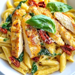 - 2 boneless, skinless chicken breasts - 8 oz penne pasta - 1 cup heavy cream - 3 cloves garlic, minced - ½ cup grated Parmesan cheese - 1 cup sun-dried tomatoes, chopped - 1 cup fresh spinach - Fresh basil leaves for garnish - Olive oil, Italian seasoning, red pepper flakes, salt, and pepper When I cook Marry Me Chicken Pasta, I use simple yet tasty ingredients. First, I grab two boneless, skinless chicken breasts. These provide a nice base for the dish. I also take eight ounces of penne pasta. This pasta holds the creamy sauce well. Next, I use one cup of heavy cream. It makes the sauce rich and smooth. For flavor, I add three cloves of minced garlic. Garlic adds a lovely aroma and depth. I also chop one cup of sun-dried tomatoes. They bring a sweet and tangy taste to the mix. To finish, I include one cup of fresh spinach. It adds color and nutrients. Fresh basil leaves make a perfect garnish. Lastly, I season the dish with olive oil, Italian seasoning, red pepper flakes, salt, and pepper. These flavors work together to create a memorable meal. On a busy day, I love that these ingredients are easy to find. They come together quickly, making cooking fun and satisfying. This dish is sure to impress anyone you share it with! {{ingredient_image_2}} 1. First, grab a large pot. Fill it with water and add salt. 2. Bring the water to a rolling boil. This step is key for flavor. 3. Add the penne pasta. Cook it just until al dente, about 8-10 minutes. 4. Drain the pasta. Keep it warm by covering it. 1. Heat olive oil in a large skillet over medium-high heat. 2. Season the chicken breasts with salt, black pepper, and Italian seasoning. 3. Once the oil shimmers, add the chicken. Cook for 5-7 minutes per side. 4. The chicken should turn golden brown and reach 165°F inside. 5. Remove the chicken from the skillet. Let it rest for a few minutes, then slice it. 1. In the same skillet, use the heat to sauté minced garlic. Cook for about 1 minute. 2. Pour in the heavy cream. Stir it well and bring it to a gentle simmer. 3. Add chopped sun-dried tomatoes and fresh spinach. Mix well for 2-3 minutes. 4. The spinach should wilt and blend into the sauce. 1. Gradually add grated Parmesan cheese into the sauce. Stir until creamy. 2. Toss the drained penne pasta into the skillet. Coat it well with the sauce. 3. Slice the rested chicken. Place it on top of the pasta for serving. To ensure the chicken cooks through, check its internal temperature. Use a meat thermometer. The chicken should reach 165°F. This ensures it is safe to eat. If you do not have a thermometer, cut into the thickest part. The juices should run clear. When sautéing garlic, be careful not to burn it. Burnt garlic tastes bitter and ruins the dish. Sauté it on low heat for about one minute. Keep stirring until it becomes fragrant but not brown. This step adds a rich, aromatic flavor to your sauce. For a romantic meal, presentation is key. Use a large, shallow bowl to serve the pasta. This creates an inviting look. Sprinkle extra Parmesan cheese on top. Add fresh basil leaves for a pop of color. This simple touch makes the dish look gourmet. As for side dishes, consider a crisp salad or garlic bread. A light green salad with a tangy vinaigrette pairs well. Garlic bread adds a comforting touch. Both sides balance the creamy pasta perfectly. Want extra flavor? Add vegetables like bell peppers or mushrooms. They bring freshness and color. Toss them into the skillet with the garlic. Cook until they are tender before adding cream. You can also add proteins or alternative cheeses. Shrimp or grilled chicken work great with this dish. For a twist, try goat cheese instead of Parmesan. It adds a tangy creaminess that complements the sauce. Pro Tips Marinate the Chicken: For enhanced flavor and tenderness, marinate the chicken breasts in olive oil, garlic, and Italian seasoning for at least 30 minutes before cooking. Use Fresh Ingredients: Fresh spinach and high-quality sun-dried tomatoes will elevate the dish, adding vibrant color and flavor to your pasta. Adjust the Creaminess: If you prefer a lighter sauce, reduce the amount of heavy cream or substitute some with chicken broth for added flavor without the extra calories. Serve Immediately: This pasta is best enjoyed fresh. Serve it immediately after cooking to maintain the creamy texture and vibrant flavors. {{image_4}} You can use shrimp or tofu instead of chicken. Both options add unique flavors. - Shrimp: Cook shrimp for about 3-4 minutes until pink. - Tofu: Use firm tofu and cook until golden brown, about 5-6 minutes. Each protein choice alters the taste and texture. So, feel free to mix it up! Making this dish gluten-free is easy. Just swap the penne pasta for gluten-free pasta. This keeps the creamy taste without the gluten. For a dairy-free version, use nut-based cheese instead of Parmesan. You can also replace heavy cream with coconut milk or cashew cream for a rich flavor. Experimenting with herbs and spices can elevate this dish. Try adding fresh thyme or basil for a new twist. A splash of lemon juice adds a bright tang. Balsamic vinegar also gives a lovely depth to the sauce. These small changes can make your dish exciting and personal! To store leftovers, let the pasta cool to room temperature first. Place it in an airtight container. This keeps the dish fresh and tasty. Use glass or plastic containers for best results. Make sure the lid seals tightly to prevent air from getting in. You can store it in the fridge for up to three days. You can reheat the pasta in the microwave or on the stovetop. If you use the microwave, cover the dish with a damp paper towel. This helps keep the pasta moist. Heat in short bursts of one to two minutes. Stir between bursts to ensure even heating. On the stovetop, place the pasta in a skillet over low heat. Add a splash of cream or water. This will help maintain creaminess. Stir gently until hot. Watch closely to avoid burning the sauce. To freeze the dish, you can do it either assembled or unassembled. If unassembled, store the cooked chicken and pasta in separate containers. This way, they will freeze better. Assemble the dish when you are ready to eat. If you freeze the assembled dish, use a freezer-safe container. Label it with the date. It can last up to three months in the freezer. When ready to eat, thaw it in the fridge overnight. Reheat as mentioned earlier for the best results. The name "Marry Me Chicken" comes from its rich and creamy taste. Many say it is so good that it may inspire a proposal! This dish became popular for its flavor and its romantic vibe. People love to serve it on special dates or anniversaries. It combines juicy chicken with a creamy sauce that makes it a hit at dinner tables. Yes, you can make this dish ahead of time. Here are some tips for meal prep: - Cook the chicken and sauce in advance. Store them separately in the fridge. - Boil the pasta a few hours before serving. Toss it lightly in olive oil to keep it from sticking. - When ready to serve, combine everything in a pot and heat until warm. This saves time on busy weeknights. A few sides work well with Marry Me Chicken Pasta: - A fresh garden salad adds a nice crunch and freshness. - Garlic bread is perfect for soaking up the creamy sauce. - Steamed vegetables like broccoli or green beans offer a healthy balance. These sides will make your meal feel complete and satisfying. This blog post shared a simple yet delightful recipe for Marry Me Chicken Pasta. We covered the main ingredients, cooking steps, and helpful tips to make your dish shine. In closing, this pasta is perfect for a romantic dinner or a cozy weeknight meal. Feel free to experiment with flavors to make it your own. Enjoy making this dish and impress your loved ones!