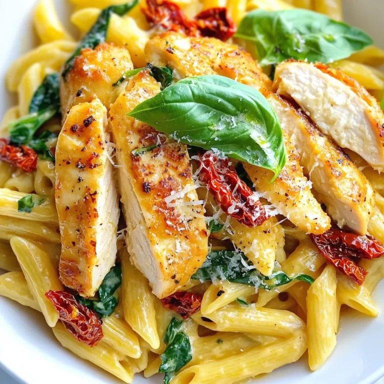 - 2 boneless, skinless chicken breasts - 8 oz penne pasta - 1 cup heavy cream - 3 cloves garlic, minced - ½ cup grated Parmesan cheese - 1 cup sun-dried tomatoes, chopped - 1 cup fresh spinach - Fresh basil leaves for garnish - Olive oil, Italian seasoning, red pepper flakes, salt, and pepper When I cook Marry Me Chicken Pasta, I use simple yet tasty ingredients. First, I grab two boneless, skinless chicken breasts. These provide a nice base for the dish. I also take eight ounces of penne pasta. This pasta holds the creamy sauce well. Next, I use one cup of heavy cream. It makes the sauce rich and smooth. For flavor, I add three cloves of minced garlic. Garlic adds a lovely aroma and depth. I also chop one cup of sun-dried tomatoes. They bring a sweet and tangy taste to the mix. To finish, I include one cup of fresh spinach. It adds color and nutrients. Fresh basil leaves make a perfect garnish. Lastly, I season the dish with olive oil, Italian seasoning, red pepper flakes, salt, and pepper. These flavors work together to create a memorable meal. On a busy day, I love that these ingredients are easy to find. They come together quickly, making cooking fun and satisfying. This dish is sure to impress anyone you share it with! {{ingredient_image_2}} 1. First, grab a large pot. Fill it with water and add salt. 2. Bring the water to a rolling boil. This step is key for flavor. 3. Add the penne pasta. Cook it just until al dente, about 8-10 minutes. 4. Drain the pasta. Keep it warm by covering it. 1. Heat olive oil in a large skillet over medium-high heat. 2. Season the chicken breasts with salt, black pepper, and Italian seasoning. 3. Once the oil shimmers, add the chicken. Cook for 5-7 minutes per side. 4. The chicken should turn golden brown and reach 165°F inside. 5. Remove the chicken from the skillet. Let it rest for a few minutes, then slice it. 1. In the same skillet, use the heat to sauté minced garlic. Cook for about 1 minute. 2. Pour in the heavy cream. Stir it well and bring it to a gentle simmer. 3. Add chopped sun-dried tomatoes and fresh spinach. Mix well for 2-3 minutes. 4. The spinach should wilt and blend into the sauce. 1. Gradually add grated Parmesan cheese into the sauce. Stir until creamy. 2. Toss the drained penne pasta into the skillet. Coat it well with the sauce. 3. Slice the rested chicken. Place it on top of the pasta for serving. To ensure the chicken cooks through, check its internal temperature. Use a meat thermometer. The chicken should reach 165°F. This ensures it is safe to eat. If you do not have a thermometer, cut into the thickest part. The juices should run clear. When sautéing garlic, be careful not to burn it. Burnt garlic tastes bitter and ruins the dish. Sauté it on low heat for about one minute. Keep stirring until it becomes fragrant but not brown. This step adds a rich, aromatic flavor to your sauce. For a romantic meal, presentation is key. Use a large, shallow bowl to serve the pasta. This creates an inviting look. Sprinkle extra Parmesan cheese on top. Add fresh basil leaves for a pop of color. This simple touch makes the dish look gourmet. As for side dishes, consider a crisp salad or garlic bread. A light green salad with a tangy vinaigrette pairs well. Garlic bread adds a comforting touch. Both sides balance the creamy pasta perfectly. Want extra flavor? Add vegetables like bell peppers or mushrooms. They bring freshness and color. Toss them into the skillet with the garlic. Cook until they are tender before adding cream. You can also add proteins or alternative cheeses. Shrimp or grilled chicken work great with this dish. For a twist, try goat cheese instead of Parmesan. It adds a tangy creaminess that complements the sauce. Pro Tips Marinate the Chicken: For enhanced flavor and tenderness, marinate the chicken breasts in olive oil, garlic, and Italian seasoning for at least 30 minutes before cooking. Use Fresh Ingredients: Fresh spinach and high-quality sun-dried tomatoes will elevate the dish, adding vibrant color and flavor to your pasta. Adjust the Creaminess: If you prefer a lighter sauce, reduce the amount of heavy cream or substitute some with chicken broth for added flavor without the extra calories. Serve Immediately: This pasta is best enjoyed fresh. Serve it immediately after cooking to maintain the creamy texture and vibrant flavors. {{image_4}} You can use shrimp or tofu instead of chicken. Both options add unique flavors. - Shrimp: Cook shrimp for about 3-4 minutes until pink. - Tofu: Use firm tofu and cook until golden brown, about 5-6 minutes. Each protein choice alters the taste and texture. So, feel free to mix it up! Making this dish gluten-free is easy. Just swap the penne pasta for gluten-free pasta. This keeps the creamy taste without the gluten. For a dairy-free version, use nut-based cheese instead of Parmesan. You can also replace heavy cream with coconut milk or cashew cream for a rich flavor. Experimenting with herbs and spices can elevate this dish. Try adding fresh thyme or basil for a new twist. A splash of lemon juice adds a bright tang. Balsamic vinegar also gives a lovely depth to the sauce. These small changes can make your dish exciting and personal! To store leftovers, let the pasta cool to room temperature first. Place it in an airtight container. This keeps the dish fresh and tasty. Use glass or plastic containers for best results. Make sure the lid seals tightly to prevent air from getting in. You can store it in the fridge for up to three days. You can reheat the pasta in the microwave or on the stovetop. If you use the microwave, cover the dish with a damp paper towel. This helps keep the pasta moist. Heat in short bursts of one to two minutes. Stir between bursts to ensure even heating. On the stovetop, place the pasta in a skillet over low heat. Add a splash of cream or water. This will help maintain creaminess. Stir gently until hot. Watch closely to avoid burning the sauce. To freeze the dish, you can do it either assembled or unassembled. If unassembled, store the cooked chicken and pasta in separate containers. This way, they will freeze better. Assemble the dish when you are ready to eat. If you freeze the assembled dish, use a freezer-safe container. Label it with the date. It can last up to three months in the freezer. When ready to eat, thaw it in the fridge overnight. Reheat as mentioned earlier for the best results. The name "Marry Me Chicken" comes from its rich and creamy taste. Many say it is so good that it may inspire a proposal! This dish became popular for its flavor and its romantic vibe. People love to serve it on special dates or anniversaries. It combines juicy chicken with a creamy sauce that makes it a hit at dinner tables. Yes, you can make this dish ahead of time. Here are some tips for meal prep: - Cook the chicken and sauce in advance. Store them separately in the fridge. - Boil the pasta a few hours before serving. Toss it lightly in olive oil to keep it from sticking. - When ready to serve, combine everything in a pot and heat until warm. This saves time on busy weeknights. A few sides work well with Marry Me Chicken Pasta: - A fresh garden salad adds a nice crunch and freshness. - Garlic bread is perfect for soaking up the creamy sauce. - Steamed vegetables like broccoli or green beans offer a healthy balance. These sides will make your meal feel complete and satisfying. This blog post shared a simple yet delightful recipe for Marry Me Chicken Pasta. We covered the main ingredients, cooking steps, and helpful tips to make your dish shine. In closing, this pasta is perfect for a romantic dinner or a cozy weeknight meal. Feel free to experiment with flavors to make it your own. Enjoy making this dish and impress your loved ones!