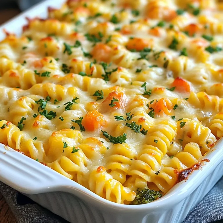 - 12 oz rotini pasta - 2 cups shredded cheddar cheese - 1 cup cream cheese - 1 cup ranch dressing - 1 cup cooked chicken (optional) - 1 cup frozen mixed vegetables - 1/2 cup grated Parmesan cheese - 2 tablespoons olive oil - Salt, pepper, garlic powder, and onion powder Let's break down the key parts of this dish. First, the rotini pasta forms the base. Its spiral shape holds the creamy sauce well. You’ll need 12 ounces for a hearty meal. Next, cheese is the star. Use 2 cups of shredded cheddar cheese. This cheese melts beautifully and adds rich flavor. The cream cheese, at 1 cup, adds creaminess and depth. Make sure it’s softened for easy mixing. Ranch dressing is the secret ingredient. One cup brings a tangy taste. If you choose to add chicken, one cup of shredded cooked chicken adds protein and makes it more filling. For a pop of color and nutrition, toss in one cup of frozen mixed vegetables. Peas, carrots, and corn work great here. For seasoning, use 1/2 cup of grated Parmesan cheese to top your bake. It adds a nice crust when it bakes. You’ll also need 2 tablespoons of olive oil to blend the flavors. Don’t forget salt, pepper, garlic powder, and onion powder to enhance the taste. These simple ingredients create a flavorful family dinner everyone will love! {{ingredient_image_2}} - Preheat the oven to 350°F (175°C). This step is key for a well-cooked dish. - Bring a large pot of salted water to a boil. Add 12 oz of rotini pasta. Cook it until it is al dente, which means it should still have a slight bite. Drain the pasta and let it cool for a few minutes. - In a large bowl, mix 1 cup of softened cream cheese and 1 cup of ranch dressing. - Add 2 tablespoons of olive oil, 1 teaspoon of garlic powder, and 1 teaspoon of onion powder. - Season with salt and pepper to taste. Use a whisk or electric mixer to blend everything until it is smooth and creamy. - Now, add the drained rotini pasta to the bowl with the ranch sauce. If you want, you can also add 1 cup of shredded chicken and 1 cup of frozen mixed vegetables. - Stir gently until all the pasta is coated with the sauce. - Lightly grease a 9x13 inch baking dish with cooking spray or a little olive oil. Pour the pasta mixture into the dish and spread it out evenly. - Sprinkle 1 cup of shredded cheddar cheese and 1/2 cup of grated Parmesan cheese on top. - Place the baking dish in the preheated oven. Bake for 25-30 minutes. The dish is done when the cheese is bubbly and golden brown. - Once baked, let it cool for about 5 minutes. Add some chopped fresh parsley on top for color and serve! - Ensure pasta is cooled slightly before mixing. This helps the cheese blend well. - Use room temperature cream cheese for easier mixing. It makes a smoother sauce. - Pair with a side salad or garlic bread. This adds freshness and crunch to your meal. - Garnish with fresh parsley before serving. It adds color and a burst of flavor. - Try adding spices like paprika or Italian seasoning. These spices boost the taste of the dish. - Incorporate cooked bacon for added richness. Bacon gives a nice, savory kick to your meal. Pro Tips Cook Pasta Al Dente: Make sure to cook your rotini pasta just until al dente for the best texture in your bake. This prevents it from becoming mushy during baking. Customize Your Veggies: Feel free to swap out the frozen mixed vegetables for your favorites! Fresh vegetables like bell peppers or spinach can add great flavor and nutrients. Make Ahead: You can prepare the dish a day in advance. Just cover it tightly with foil and refrigerate, then bake it right before serving. This is perfect for meal prep or gatherings! Experiment with Cheese: Try using different types of cheese for a unique twist, such as Monterey Jack or pepper jack for a bit of spice. The possibilities are endless! {{image_4}} You can easily make this dish meat-free. Just swap the chicken for more vegetables. Use your favorites, like bell peppers or broccoli. You can also add spinach for extra color and nutrition. For cheese, try plant-based cheese alternatives. They melt well and keep the dish creamy. If you need a gluten-free meal, substitute the rotini with gluten-free pasta. Many brands offer great options that taste similar to regular pasta. Just cook it until al dente to avoid mushiness. This way, everyone can enjoy the Cheesy Ranch Rotini Bake without worry. Cheese is key in this dish. While cheddar is great, you can experiment with other cheeses. Try mozzarella for a stringy texture or goat cheese for a tangy bite. Mixing different cheeses can give your bake a unique flavor. Don't be afraid to get creative with your cheese choices! After enjoying your Cheesy Ranch Rotini Bake, store any leftovers in an airtight container in the fridge. This keeps the dish fresh and tasty for up to three days. Make sure to let it cool down before sealing it. This helps avoid condensation inside the container. For the best flavor and texture, reheat your leftovers in the oven. Set it to 350°F (175°C) and warm for about 15 minutes. This way, the cheese gets nice and melty again. If you're in a hurry, you can use the microwave. Place a portion on a microwave-safe plate and cover it with a damp paper towel. Heat for 1-2 minutes, stirring halfway through for even warming. You can freeze Cheesy Ranch Rotini Bake for later. Just place it in a freezer-safe container. It will stay good for up to three months. When you're ready to eat it, let it defrost in the fridge overnight. Then, reheat it in the oven for the best results. If you need it fast, you can bake it directly from frozen, but it will take longer to cook. Cheesy Ranch Rotini Bake can last about 3 to 5 days in the fridge. Store it in an airtight container. This helps keep your dish fresh. Always check for any signs of spoilage before eating. If it smells off or looks strange, it’s best to toss it. Yes, you can make Cheesy Ranch Rotini Bake ahead of time. Prepare the dish, then cover it tightly with plastic wrap. Store it in the fridge for up to 24 hours. This makes it easy for a busy weeknight dinner. When you’re ready to bake, remove the wrap and bake as usual. You may need to add a few extra minutes to the baking time if it’s cold. If you don't have ranch dressing, you can use a few different options. Try using blue cheese dressing for a tangy taste. You can also make a simple mix of yogurt and herbs. Another option is to use Italian dressing for a zesty twist. Each choice adds its own unique flavor to the dish. This Cheesy Ranch Rotini Bake combines pasta, cheese, chicken, and veggies for a great meal. You can easily add your favorite spices or swap ingredients to fit your taste. Following the steps ensures a cheesy, delicious result. Remember, leftovers are easy to store and reheat, making your meals last longer. Enjoy trying new variations. You’ll find plenty of joy in cooking this simple yet tasty dish.
