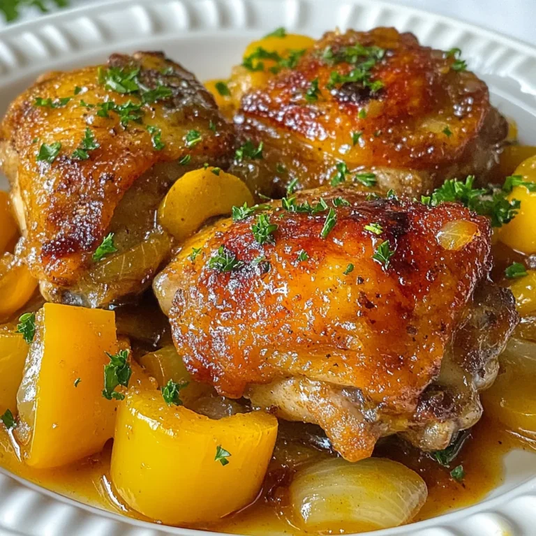 - 4 bone-in, skin-on chicken thighs - 1 cup buttermilk (for soaking) - 1 cup all-purpose flour (for coating) - 1 teaspoon garlic powder - 1 teaspoon onion powder - 1 teaspoon smoked paprika - Salt and black pepper, to taste - 2 tablespoons olive oil - 2 tablespoons unsalted butter - 1 medium onion, thinly sliced - 3 cloves garlic, minced - 1 bell pepper (your choice of color), sliced into strips - 2 cups chicken broth - 1 tablespoon Worcestershire sauce - 1 teaspoon dried thyme - Fresh parsley, chopped (for garnish) Buttermilk adds tang and makes the chicken juicy. Soaking in it helps break down proteins, leading to tender meat. The flour coating creates a crunchy crust. Garlic powder and onion powder give a nice depth of flavor. Smoked paprika adds a warm, smoky taste. Onion and bell pepper provide sweetness and texture. Chicken broth forms the base of the sauce, while Worcestershire sauce adds a savory boost. Dried thyme brings in earthy notes. Fresh parsley adds brightness and color. If you can't find buttermilk, mix regular milk with vinegar or lemon juice. For a gluten-free option, use almond flour or a gluten-free blend. You can swap chicken thighs for drumsticks or breasts, but adjust cooking time. If you don’t have smoked paprika, regular paprika works too, though it lacks the smoky flavor. For a dairy-free version, use oil instead of butter. You can replace chicken broth with vegetable broth for a lighter taste. {{ingredient_image_2}} Start by tenderizing the chicken. Place the bone-in, skin-on chicken thighs in a bowl. Pour in the buttermilk. This soaking helps make the chicken juicy and tender. Let the chicken soak for at least one hour. For the best taste, soak it overnight in the fridge. Next, prepare to sear the chicken. In a shallow dish, mix the flour, garlic powder, onion powder, smoked paprika, salt, and black pepper. This coating adds flavor and crunch. Remove the chicken from the buttermilk, letting the extra drip off. Coat each thigh in the flour mix. Shake off any excess flour. Heat olive oil and butter in a large skillet over medium-high heat. Once hot, add the chicken skin-side down. Cook for 5-7 minutes until golden and crispy. Flip the chicken and cook the other side for another 5-7 minutes. Once done, set the chicken aside on a plate. Now, let’s create the sauce. In the same skillet, add sliced onions and bell pepper. Sauté for about 5 minutes until soft and caramelized. Add minced garlic and cook for one more minute. Pour in chicken broth and Worcestershire sauce, stirring to mix well. Scrape up any brown bits from the pan to add flavor. Place the chicken back in the skillet, skin-side up. Lower the heat to a gentle simmer, cover the skillet, and let it cook for 30 minutes. This allows the chicken to soak up all the rich flavors. After 30 minutes, remove the chicken and let it rest. Increase the heat to medium-high to thicken the sauce for 5 minutes. Now, you’re ready to serve! To get that perfect crispy skin, start with bone-in, skin-on chicken thighs. Soak them in buttermilk for at least one hour. This helps the skin stick to the meat. After soaking, coat them in a seasoned flour mix. This adds flavor and crunch. When you sear the chicken, use medium-high heat. Let it cook without moving for 5 to 7 minutes. This helps the skin get golden and crispy. Flip the chicken and repeat on the other side. Tender chicken is key for this dish. Soaking the chicken in buttermilk is great. It breaks down proteins and makes the chicken juicy. For best results, try to marinate overnight. The longer it sits, the more flavor it absorbs. You can also use a meat mallet to gently pound the chicken. This helps to further tenderize the meat before cooking. For a thick and flavorful sauce, start by sautéing the onions and bell peppers. This adds a nice base flavor. After adding the chicken broth, scrape the bits from the skillet. This boosts the taste of your sauce. If you want it thicker, simmer it longer after cooking the chicken. You can also mix in a bit of cornstarch with water to thicken it quickly. Adjust seasoning with salt and pepper for the best flavor. Pro Tips Marinate for Maximum Flavor: Soaking the chicken in buttermilk not only tenderizes the meat but also infuses it with moisture and flavor. For the best results, let it marinate overnight. Perfectly Crispy Skin: Ensure the skillet is hot enough before adding the chicken. This will help achieve that golden, crispy skin that makes this dish irresistible. Enhance the Sauce: Scrape up the fond from the skillet when adding the broth. These browned bits add depth and richness to the sauce, elevating the overall flavor. Serve with Sides: Pair this dish with fluffy rice or creamy mashed potatoes to soak up the delicious sauce. A side of sautéed greens adds a nice color contrast and balances the meal. {{image_4}} You can change the flavor of your Southern smothered chicken by using different seasonings. Try adding cayenne pepper for heat. A bit of Italian seasoning adds a nice twist. Instead of smoked paprika, use regular paprika for a milder taste. If you like herbs, try adding rosemary or oregano. Each choice gives a new flavor that keeps the dish exciting. Southern smothered chicken shines when served with creamy mashed potatoes. The sauce pools beautifully on the potatoes. You can also serve it over fluffy rice, which soaks up the sauce. Add a side of green beans or collard greens for freshness. A crisp salad with a tangy vinaigrette balances the rich flavors. Don’t forget some warm, buttery biscuits to round out the meal! While chicken is the star, you can switch it up with other proteins. Try using bone-in pork chops for a different taste. Bone-in turkey thighs work well too and are just as tasty. If you prefer a lighter option, use skin-on fish like salmon or trout. Adjust the cooking time to keep everything tender and juicy. This way, you can enjoy Southern smothered flavors in many ways! To store leftover Southern smothered chicken, let it cool first. Place it in an airtight container. You can keep it in the fridge for up to 3 days. Make sure to cover it well. This keeps the chicken juicy and flavorful. If you want to keep it longer, consider freezing it. When you are ready to enjoy your leftovers, use gentle heat. The best way to reheat is on the stove. Place the chicken in a skillet with a splash of broth or water. Cover it and heat on low. This helps keep the chicken moist. Stir occasionally to heat evenly. You can also use a microwave, but be careful not to overheat. To freeze Southern smothered chicken, first cool it completely. Then, wrap each piece tightly in plastic wrap. Place the wrapped chicken in a freezer-safe bag or container. This helps prevent freezer burn. You can freeze it for up to 3 months. When ready to eat, let it thaw overnight in the fridge before reheating. Enjoy the rich flavors just like when it was fresh! You should marinate the chicken for at least one hour in buttermilk. This helps make the chicken tender and juicy. For the best results, I recommend marinating it overnight. This gives the chicken more time to soak up the flavors. Yes, you can use boneless chicken if you prefer. Boneless chicken cooks faster than bone-in thighs. If using boneless, reduce the cooking time by about 10 minutes. Keep an eye on the chicken to avoid overcooking. Southern Smothered Chicken pairs well with many sides. Here are some great options: - Fluffy white rice - Creamy mashed potatoes - Collard greens or kale - Cornbread or biscuits - Green beans or asparagus These sides complement the rich flavors of the dish and make for a hearty meal. Enjoy mixing and matching to find your favorite combination! This blog post covered the key ingredients and steps for making delicious Southern Smothered Chicken. You learned how to prepare and cook the chicken, create a tasty sauce, and enhance flavor with tips and tricks. I shared ideas for variations and storage methods to keep your dish fresh. With these insights, you can impress family and friends with your cooking. Enjoy experimenting and don’t hesitate to make this recipe your own!