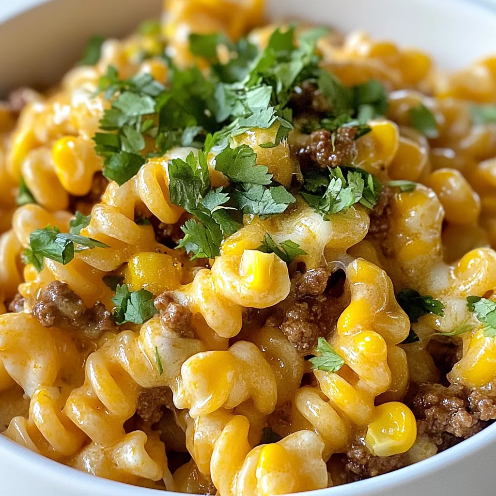 - 8 oz (225g) elbow macaroni - 1 lb (450g) ground beef or turkey - 1 small onion, finely diced - 2 cloves garlic, minced - 1 packet (1 oz) taco seasoning - 1 can (10 oz) diced tomatoes with green chilies, undrained - 1 cup beef broth - 1 cup shredded cheddar cheese - 1 cup sour cream - 1 cup corn kernels (fresh, frozen, or canned) - Salt and black pepper, to taste - ¼ cup chopped fresh cilantro (for garnish) - Large pot - Wooden spoon - Colander for draining pasta When I make Cheesy Taco Pasta, I start by gathering all my ingredients. Having everything ready makes cooking easier and more fun. The elbow macaroni is the base of the dish. It holds the cheesy sauce well. Ground beef or turkey brings flavor and protein to the table. I like to use a small onion and minced garlic for that great aroma when cooking. Next, I add taco seasoning. This spice mix gives the dish that taco flavor we all love. The diced tomatoes with green chilies add a nice kick. Beef broth adds depth and richness to the sauce. Of course, cheddar cheese and sour cream make it creamy and cheesy. Lastly, corn adds a sweet crunch. I always finish with fresh cilantro. It brightens the dish and looks pretty on the plate. For cooking, I need a large pot to hold everything. A wooden spoon helps mix the ingredients. A colander is essential for draining the pasta. Gathering these ingredients and tools makes the cooking process smooth and enjoyable. {{ingredient_image_2}} Bring a large pot of salted water to a boil. Once boiling, add 8 oz of elbow macaroni. Cook for about 7-8 minutes until al dente. Drain the pasta and set it aside. This step ensures your pasta is just right, not too soft. In the same pot, heat it over medium heat. Add 1 lb of ground beef or turkey. Break the meat apart with a wooden spoon. Cook until the meat is browned, which takes about 6-8 minutes. This adds a rich flavor to your dish. Once the meat is browned, add 1 small diced onion and 2 cloves of minced garlic to the pot. Sauté these together for 3-4 minutes until the onion is soft and translucent. This step builds a great base for your flavors. Sprinkle 1 packet of taco seasoning over the meat and veggies. Stir well to coat everything in the seasoning. Next, pour in 1 can of diced tomatoes with green chilies and 1 cup of beef broth. Stir the mixture and let it simmer gently. This melds all the flavors together. After the mixture simmers, stir in the cooked macaroni, 1 cup of corn, and 1 cup of sour cream. Mix until heated through, which takes about 3-5 minutes. Then, gradually add 1 cup of shredded cheddar cheese. Stir constantly until the cheese melts. This creates a creamy and cheesy dish. Ladle the cheesy taco pasta into bowls. Garnish with a sprinkle of chopped fresh cilantro. This adds a pop of color and freshness to your dish. Enjoy the delight of cheesy taco pasta in every bite! - Adjust seasoning to preference: Start with the taco seasoning. Taste it! Add more salt or pepper if needed. You can also mix in some chili powder for extra heat. - Experiment with toppings: Try adding avocado slices or jalapeños. You can also sprinkle crushed tortilla chips on top for crunch. - Use a non-stick pot to avoid sticking: This helps the pasta and meat mix well without clumping. It makes cleaning easier, too. - Stir continuously when adding cheese: This ensures the cheese melts evenly. It helps create that creamy texture we all love. - Suggestions for colorful bowls: Use bright bowls to make your dish pop. You can layer the ingredients for a fun look. - Lime juice enhancement: A quick squeeze of lime juice adds freshness. It brightens the flavors and makes the dish even more tasty. Pro Tips Use Quality Meat: Opt for high-quality ground beef or turkey for better flavor and texture in your dish. Customize Your Heat: Adjust the spice level by choosing a taco seasoning mix that suits your taste or adding fresh jalapeños. Make It Creamy: For an extra creamy texture, consider adding a splash of milk or cream along with the sour cream. Leftover Magic: This dish keeps well in the fridge and makes for a delicious leftover meal; just add a splash of broth when reheating. {{image_4}} You can easily switch up the protein in this dish. Ground chicken works well if you want a lighter option. If you prefer plant-based meals, try using lentils or crumbled tofu. Both will add great texture and flavor. For a vegetarian option, skip the meat and use more beans or veggies. You can still enjoy a hearty meal packed with flavor. Cheese brings the creaminess we all love in cheesy taco pasta. If you want a different taste, try pepper jack for a spicy kick. You can also use mozzarella for a milder flavor. For those who avoid dairy, go for nut-based cheeses. They melt well and add a unique twist to your dish. Adding vegetables can boost the nutrition and flavor. Chopped bell peppers or zucchini mix in perfectly. They add color and crunch. You can also toss in some black or pinto beans for extra protein. This makes your meal even heartier and more satisfying. To store leftovers, let the cheesy taco pasta cool first. Place it in an airtight container. This keeps it fresh for 3-4 days. When you want to eat it, scoop out what you need. Heat it in a pot over medium heat. Stir often to warm it evenly. You can also use a microwave. Heat in short bursts, stirring in between, until hot. If you want to freeze the pasta, let it cool completely. Portion it into freezer-safe bags or containers. Be sure to remove as much air as possible. This helps prevent freezer burn. It can stay in the freezer for up to 3 months. When ready to eat, take it out and place it in the fridge overnight. Reheat it in a pot or microwave when thawed. In the fridge, the cheesy taco pasta lasts for about 3-4 days. If you freeze it, it can last for up to 3 months. Always check for signs of spoilage before eating. If it looks or smells off, it’s best to toss it. You can use several tasty options for sour cream. Greek yogurt works well. It gives a similar creaminess. You can also use cottage cheese, blended smooth. Another choice is cream cheese, thinned with a bit of milk. Each substitute keeps the dish creamy and rich. Try one based on what you have at home. Yes, you can easily prepare this dish ahead of time. To do this, follow the recipe but stop before adding the cheese. Let it cool and store it in the fridge. When ready to eat, reheat it on low heat. Stir in the cheese until it melts. This keeps the dish fresh and delicious. The dish has a mild spice level. The tomatoes with green chilies add a little heat. The taco seasoning can also be spicy, depending on the brand. If you want less spice, use mild taco seasoning. You can also reduce or skip the tomatoes with chilies. Adjust these to your taste for a milder dish. In this blog post, we explored a delicious pasta dish packed with flavors. We covered key ingredients like elbow macaroni, ground beef, and taco seasoning. I shared steps to cook the pasta, brown the meat, and combine everything perfectly. You learned helpful tips to enhance taste and presentation. In conclusion, this dish is versatile and easy to make. Whether you add veggies or change the protein, it suits many tastes. Enjoy making this meal for your loved ones!