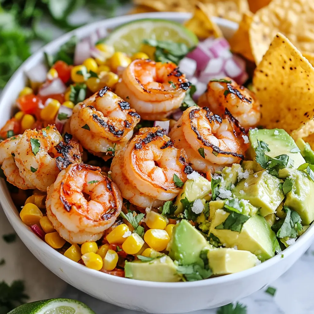 - 1 pound large shrimp, peeled and deveined - 2 ripe avocados, diced - 2 cups corn kernels (fresh or frozen) - 1 red bell pepper, diced - 1 small red onion, finely chopped - 1 lime, juiced - 2 tablespoons extra virgin olive oil - 1 teaspoon chili powder - Sea salt and freshly ground black pepper, to taste - Fresh cilantro, chopped - Optional: tortilla chips for added crunch To make grilled shrimp avocado corn bowls, you need fresh ingredients. Start with large shrimp. The shrimp should be peeled and deveined. This makes them easier to eat. Next, choose ripe avocados. Diced avocados add creaminess to the bowl. Corn is another key ingredient. You can use fresh or frozen corn kernels. Both work great. For added color and flavor, include a red bell pepper. Dice it and mix it in. A small red onion adds a nice crunch. You also need lime juice. It brightens the flavors in the dish. When it comes to seasoning, use extra virgin olive oil. This adds richness to the shrimp. Chili powder gives a bit of heat. Sea salt and pepper are essential for taste. Finally, don’t forget fresh cilantro. It adds a fresh touch that ties everything together. If you want crunch, serve with optional tortilla chips. These ingredients come together to create a fresh and flavorful meal everyone will love. {{ingredient_image_2}} First, grab a medium mixing bowl. Add the peeled and deveined shrimp, olive oil, lime juice, chili powder, garlic powder, sea salt, and black pepper. Mix this well. You want the shrimp to be coated evenly. Let the shrimp sit and marinate for 20 minutes. This step is key for flavor! While the shrimp marinates, preheat your grill or grill pan to medium-high heat. Take the marinated shrimp and thread them onto skewers. This makes grilling easy. Grill each side for about 2-3 minutes. You’ll know they’re done when they turn pink and opaque. Once cooked, remove the skewers and keep the shrimp warm. If you use fresh corn, place the cobs right on the grill. Cook them for about 8-10 minutes. Turn the cobs for even cooking. Once they are charred, cut the kernels off the cobs. If you prefer frozen corn, heat a skillet over medium heat. Sauté the corn for about 5-7 minutes until it is heated and slightly caramelized. In a large mixing bowl, combine the grilled corn, diced avocados, diced red bell pepper, and finely chopped red onion. Drizzle with extra lime juice. Season with sea salt and black pepper to taste. Mix gently until everything is combined. Be careful not to mash the avocado. You want a nice, chunky texture. Take four bowls and layer a generous scoop of the corn and avocado mixture in each. Top each bowl with a good amount of grilled shrimp. This creates a colorful and tasty dish. Make sure to present it nicely for your guests. Finish each bowl by sprinkling freshly chopped cilantro on top. This adds a burst of flavor and color. Serve immediately. For added crunch, offer optional tortilla chips on the side. Enjoy your fresh and flavorful grilled shrimp avocado corn bowls! - Preheat the grill for even cooking. This step is key. A hot grill helps the shrimp cook fast and keeps them juicy. - Use skewers for easy handling of shrimp. Threading shrimp onto skewers makes flipping them simple. It also helps them cook evenly. - Choose ripe avocados and handle gently to avoid mashing. Look for avocados that yield slightly when squeezed. This means they are ready. When cutting, use a gentle touch to keep them intact. - Experiment with additional herbs and spices. You can try adding fresh lime zest or some chopped jalapeño for a kick. Fresh herbs like basil or parsley can also add a new twist. Pro Tips Use Fresh Ingredients: Choosing fresh, high-quality shrimp and ripe avocados will elevate the flavor of your dish significantly. Perfectly Grill the Shrimp: Avoid overcooking the shrimp; they should turn pink and opaque in just a few minutes. Keep a close eye on them! Customize the Heat: Adjust the chili powder to your taste preference. If you like it spicier, consider adding a pinch of cayenne pepper. Layer Flavors: When combining ingredients for the bowls, layer them carefully to maintain texture and visual appeal. This also enhances the overall experience when serving. {{image_4}} You can easily make this dish gluten-free and keto-friendly. Shrimp is naturally gluten-free, so you don’t need to worry about that. For a keto version, you can skip the corn or use fewer kernels. You can also add healthy fats like extra avocado or olive oil to keep it low in carbs. This way, you enjoy the flavor without the extra carbs. If you prefer not to use shrimp, you can substitute it with chicken or tofu. Chicken thighs work well. Cook them until they are golden and juicy. Tofu is a great plant-based option. Make sure to press the tofu first to remove excess water. You can also play with different vegetables or legumes. Try black beans or chickpeas for protein. You can add diced cucumbers or zucchini for extra crunch. Mixing in seasonal vegetables can keep the dish fresh and exciting. These bowls shine when paired with rice, quinoa, or leafy greens. Rice adds a nice base if you want a heartier meal. Quinoa boosts the protein and fiber content, making it filling. Leafy greens like spinach or kale can add a fresh twist. Simply layer them at the bottom of the bowl for a colorful display. You can also serve it with tortilla chips on the side for added texture. They provide a satisfying crunch that complements the creamy avocado. To keep your shrimp and avocado bowls fresh, store them in an airtight container. This helps prevent the ingredients from drying out. Place the bowls in the fridge right after serving. They can last for about two days. Make sure to keep the shrimp and avocado separate if possible. This prevents the avocado from browning too fast. If you want to save some for later, you can freeze the shrimp. Cooked shrimp freeze well. Place them in a freezer-safe bag and remove as much air as possible. You can freeze the grilled shrimp for up to three months. However, I do not recommend freezing the avocado or corn mixture. They don’t taste as good after thawing. To reheat the grilled shrimp, use a skillet over medium heat. Add a splash of olive oil to prevent sticking. Heat the shrimp for about three to four minutes until warm. If you have leftover corn, you can add it to the skillet as well. Just make sure not to overcook the shrimp. This can make them tough and chewy. Enjoy your meal warmed up, just like fresh! To make this recipe low-carb, swap corn with zucchini or cauliflower rice. You can also reduce the avocado amount since they do contain carbs. Use more grilled shrimp to keep the protein high. This change keeps the meal filling but lowers the carb count. Yes, you can use frozen shrimp. Frozen shrimp is often just as tasty as fresh. Look for shrimp that are flash-frozen to keep their flavor. To use, thaw the shrimp in the fridge overnight or under cold water. Pat them dry before marinating. This helps the shrimp absorb the flavors well. To ripen avocados fast, place them in a brown paper bag. Add an apple or banana to speed up the process. The ethylene gas from these fruits helps avocados ripen faster. Check them daily to avoid overripening. You can store leftovers in the fridge for up to two days. Keep them in an airtight container. If the avocado starts to brown, squeeze fresh lime juice on top. This helps keep them fresh longer. Always check for any signs of spoilage before eating. You now have all the steps to create a tasty shrimp and avocado bowl. Start with fresh shrimp, avocados, and corn for a solid base. Add vibrant veggies and seasonings to boost flavors. Don’t forget to experiment with alternatives, whether for diet needs or taste preferences. Proper storage and reheating ensure you enjoy leftovers too. This dish is fun to make and great to share. Dive in, get creative, and enjoy your culinary adventure!