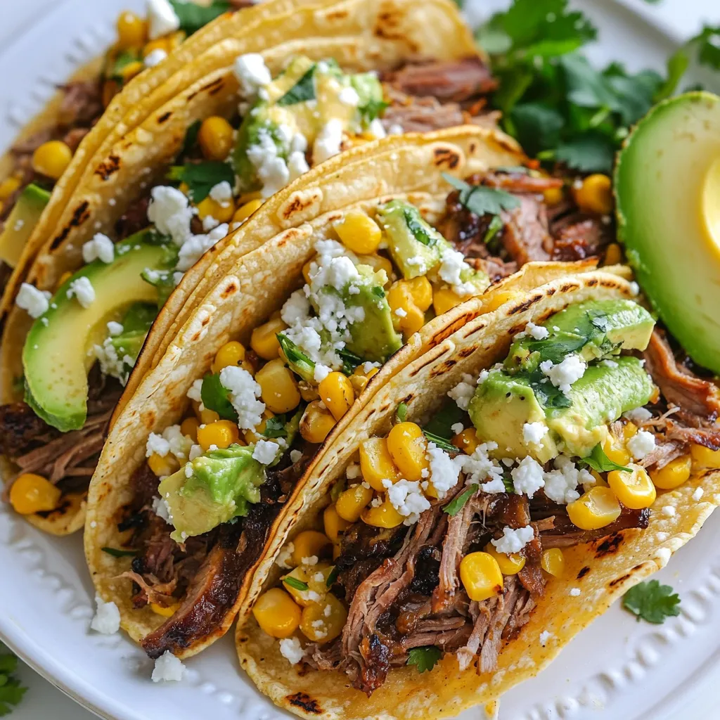 - 2 cups cooked brisket, shredded - 4 small corn tortillas - 1 cup fresh corn kernels (grilled or boiled) - 1/2 cup crumbled queso fresco - 1/4 cup mayonnaise - 1 tablespoon fresh lime juice - 1 teaspoon chili powder - 1/4 teaspoon garlic powder - 1/4 teaspoon smoked paprika - 1/4 cup chopped fresh cilantro - 1 ripe avocado, sliced - Salt and pepper to taste The main ingredients create a tasty taco. The brisket offers rich flavor. Fresh corn adds sweetness. Queso fresco gives a creamy texture. The spices bring warmth and depth. - Extra cilantro for garnish - Lime wedges for serving These garnishes add color and freshness. They make the tacos look appealing. Plus, they enhance the flavor with a zesty kick. - Medium bowl for mixing - Skillet for warming tortillas - Spatula for assembling tacos - Serving platter for presentation These tools simplify your cooking process. A skillet warms the tortillas perfectly. A spatula helps assemble neat tacos. Using a platter makes serving easy and fun. {{ingredient_image_2}} First, mix the sauce. In a small bowl, combine: - 1/4 cup mayonnaise - 1 tablespoon fresh lime juice - 1 teaspoon chili powder - 1/4 teaspoon garlic powder - 1/4 teaspoon smoked paprika - A pinch of salt and pepper Stir everything until it blends well. This sauce gives your tacos a creamy kick. Let it sit so the flavors can meld together. Next, heat up your tortillas. Grab a dry pan and set it over medium heat. Place each tortilla in the pan for about 30 seconds on each side. You want them soft and warm. Once done, stack them in a clean kitchen towel to keep them warm. Now it’s taco time! Take a warmed tortilla and add about 1/4 cup of shredded brisket in the center. Top it with a generous scoop of fresh corn kernels. Drizzle on your creamy street corn sauce for extra flavor. Let’s make it pretty! Sprinkle crumbled queso fresco over the tacos. Add a few slices of ripe avocado. Finish with fresh cilantro for color and taste. These garnishes really make your tacos pop! Serve your tacos warm. Place them on a large platter to impress your guests. Offer extra street corn sauce on the side for those who want more. You can also add lime wedges for a zesty touch. Enjoy your delicious creation! Cook brisket low and slow. This method helps make it tender. Use a meat thermometer. Aim for an internal temp of 195°F for best results. Season it well with salt and pepper before cooking. Let it rest after cooking. This step keeps juices inside the meat. Shred it with forks for easy taco filling. Use fresh corn whenever possible. Grilling the corn adds a unique smoky taste. Mix mayonnaise with lime juice and spices to make the sauce. The chili powder gives a mild kick. Smoked paprika adds depth to the flavor. Don't forget to add fresh cilantro for brightness. This herb lifts the dish and adds color. Heat a dry skillet over medium heat. Place a tortilla in the pan for about 30 seconds. Flip it and heat the other side for another 30 seconds. Keep warmed tortillas stacked in a clean kitchen towel. This keeps them soft and warm. You can also use a microwave for quick heating. Just wrap them in a damp paper towel. Pro Tips Warm Tortillas: Heating the tortillas in a dry pan enhances their flavor and makes them more pliable for filling. Fresh Ingredients: Use fresh corn and ripe avocados for the best flavor and texture in your tacos. Customize Your Sauce: Feel free to adjust the spice level of the Street Corn Sauce by adding more chili powder or lime juice to suit your taste. Presentation Matters: Arrange the tacos on a large platter and garnish with extra cilantro and lime wedges for a vibrant presentation. {{image_4}} You can switch up the brisket for other proteins. Here are great options: - Pulled pork: It’s tender and flavorful. - Chicken: Use shredded rotisserie chicken for quick prep. - Fish: Grilled or blackened fish adds a fresh taste. - Shrimp: Sautéed shrimp can give a nice twist. Each protein brings its own flavor. Just follow the same steps to assemble your tacos. If you want a meatless taco, there are tasty choices. Try these: - Grilled mushrooms: They add a rich, earthy flavor. - Roasted cauliflower: Season it well for a spicy kick. - Chickpeas: Use spiced chickpeas for a hearty texture. - Black beans: They are filling and full of protein. These options keep the taco fun and delicious, while also being healthy. If you like heat, add these spicy touches: - Jalapeños: Fresh or pickled, they bring heat. - Hot sauce: Choose your favorite brand for a kick. - Chipotle salsa: This smoky salsa pairs well with tacos. - Sriracha mayo: Mix sriracha with mayo for a creamy spice. These add-ons can make your tacos pop with flavor. So, feel free to get creative! To store leftover tacos, first, let them cool. Place them in an airtight container. You can keep them in the fridge for up to three days. If you use fresh corn, try to eat them sooner for the best taste. To reheat your tacos, preheat your oven to 350°F. Wrap the tacos in foil. Heat them for about 10-15 minutes. This keeps the tortillas soft and warm. You can also microwave them. Just place them on a plate and cover with a damp paper towel. Heat for 30 seconds to 1 minute. If you want to freeze the tacos, I recommend freezing the filling and tortillas separately. Wrap the brisket tightly in plastic wrap and place it in a freezer bag. You can freeze the tortillas in a stack, separated by parchment paper. They can last up to three months. When you're ready to enjoy, thaw them in the fridge overnight before reheating. Yes, you can use pre-cooked brisket. It saves time and still tastes great. Just shred it and warm it up. You want your brisket hot to fill the tacos. If you can't find queso fresco, use feta cheese. It has a similar taste. Other options include ricotta or crumbled goat cheese. These can add a nice touch to your tacos. To spice up your tacos, add diced jalapeños. You can also use hot sauce or extra chili powder. If you want a kick, try adding a pinch of cayenne pepper to the street corn sauce. Yes, you can make the Street Corn Sauce ahead of time. Store it in the fridge for up to two days. This lets the flavors blend well. Just give it a stir before using. You learned the key ingredients and steps to make tasty Street Corn Brisket Tacos. From preparing the street corn sauce to adding your favorite garnishes, each step matters. Remember to experiment with different proteins and flavors. Store any leftovers safely, and don't hesitate to reheat them later. If you try out variations or need answers to common questions, enjoy the process. This recipe is fun and full of flavor. Enjoy your tacos with friends and family!