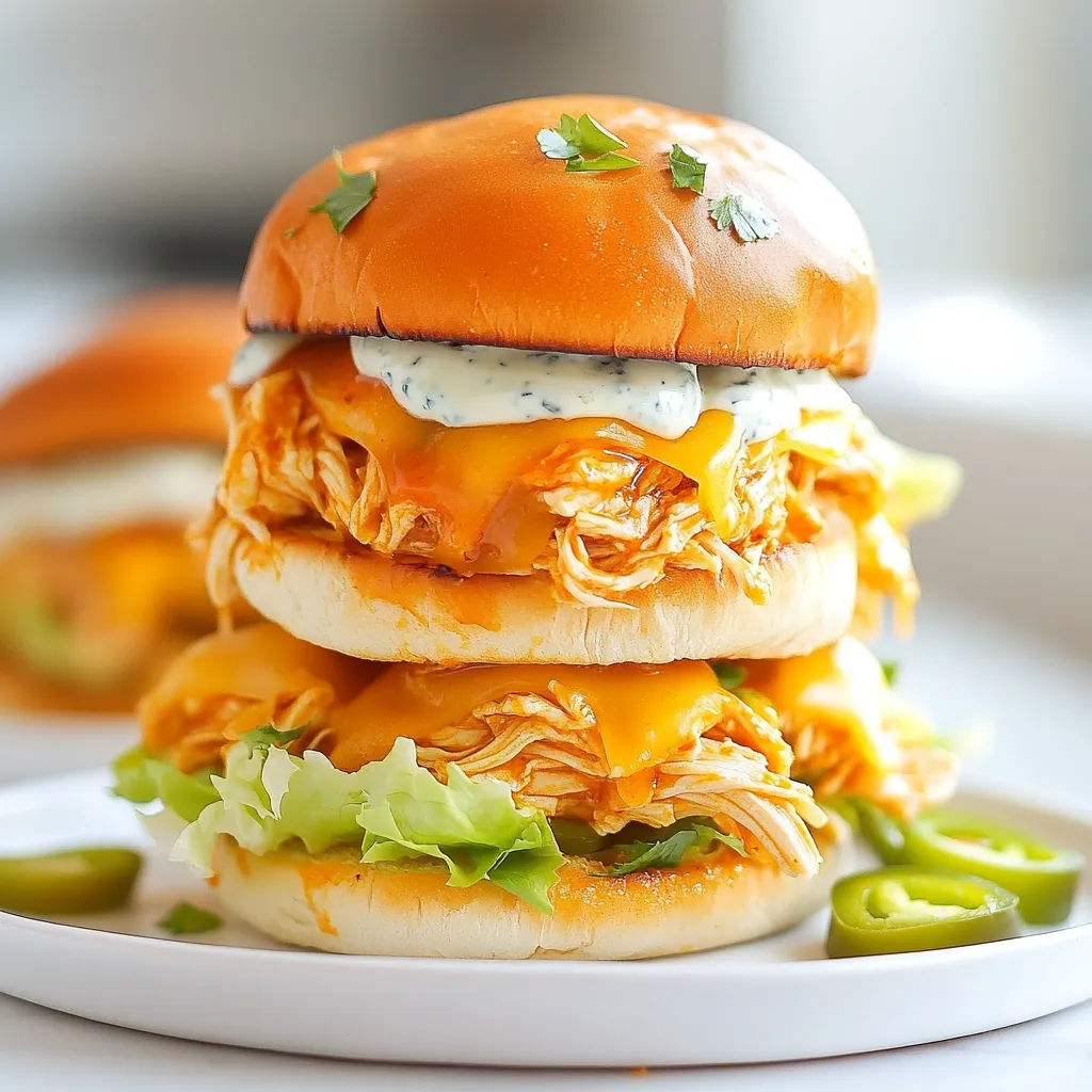 - 2 cups shredded cooked chicken - 1/2 cup buffalo sauce - 1/4 cup blue cheese dressing - 1/4 cup finely diced celery - 1/2 cup shredded lettuce - 8 slider buns - 4 slices of cheddar cheese (cut in half) - Olive oil for brushing - Optional toppings: sliced jalapeños In this recipe, the main ingredients bring bold flavors. The shredded chicken is key. It absorbs the buffalo sauce well. Use any cooked chicken you have, like rotisserie. The buffalo sauce adds heat and flavor. Adjust it to your taste. The blue cheese dressing adds creaminess and cools the spice. For extra crunch, we add diced celery. The shredded lettuce adds freshness. Slider buns hold everything together. Choose any soft bun you like. The cheddar cheese melts nicely over the chicken. Brush the buns with olive oil for a golden finish. If you want more heat, add jalapeños. They give a spicy kick that many enjoy. These ingredients come together to create a fun meal. You can serve them for game day or a family dinner. They are easy to make and sure to impress. {{ingredient_image_2}} In a medium bowl, I combine the shredded chicken with the buffalo sauce. I mix it well so every piece of chicken gets coated in that spicy sauce. This step is key for a bold flavor that everyone will love! Next, I preheat my grill or grill pan to medium heat. While it warms, I brush the cut sides of the slider buns with olive oil. This helps them get that nice golden brown color when grilled. Once the grill is ready, I place the buttered buns cut side down on it. I grill them for about 1-2 minutes. I watch them closely until they turn golden brown. Then, I take them off the grill and set them aside. In another bowl, I mix the blue cheese dressing with the diced celery. I stir this well to make a creamy topping. The celery adds a nice crunch and balances the heat of the chicken. Now, it's time to assemble the sliders! I take the bottom half of each toasted bun and add a generous scoop of the buffalo chicken mixture. I make sure each slider is packed full of flavor. On top of the chicken, I place half a slice of cheddar cheese. This cheese melts slightly from the heat. Then, I add a spoonful of the creamy celery mixture, followed by a handful of shredded lettuce for a fresh crunch. I cap off each slider with the top half of the bun. If I want, I can secure them with toothpicks to hold everything together. For a spicy kick, I may add a slice of jalapeño on top before serving. - Keep your grill at a steady heat. This helps the chicken cook evenly. - Adjust the buffalo sauce based on how spicy you want it. Taste as you go! - Arrange the sliders on a large platter. This makes them easy to grab. - Add garnishes like celery sticks and jalapeño slices. They add color and crunch. - Pair the sliders with crunchy veggies or chips. They complement the flavors well. - Serve with cold drinks like soda or beer. These drinks balance the spice of the sliders. Pro Tips Adjust the Spice Level: Modify the amount of buffalo sauce based on your heat preference. Start with less if you're unsure, as you can always add more later. Toasting the Buns: Toasting the slider buns not only enhances the flavor but also prevents them from becoming soggy from the chicken mixture. Use Leftover Chicken: This recipe is perfect for using up leftover rotisserie chicken or any cooked chicken you have on hand, making it a quick meal option. Add Variety: Experiment with different cheese types, like pepper jack or gouda, for unique flavor combinations that can elevate your sliders. {{image_4}} You can change the flavor of your sliders by using different hot sauces. Try a smoky chipotle sauce for a twist. You can also use a milder sauce if you want less heat. Consider experimenting with Asian chili sauces for a unique kick. Additionally, you can try alternative dressings. Ranch dressing can work if you're not a fan of blue cheese. You could also use a creamy garlic dressing for a fresh taste. Adding more toppings can boost flavor. You might include sliced pickles or diced tomatoes for extra taste. If you want a crunch, consider adding crispy fried onions. For a vegetarian option, you can swap the chicken for roasted cauliflower. Mix it with the same spicy sauce to keep the flavor. Looking for low-carb options? Use lettuce wraps instead of buns. This way, you enjoy the flavors without the carbs. If you need gluten-free buns, many brands offer great alternatives. You can find these at most grocery stores. They make it easy for everyone to enjoy these tasty sliders! To store your buffalo chicken sliders, place them in an airtight container. This keeps them fresh and tasty. You can also wrap them tightly in plastic wrap. This method helps prevent them from drying out. Buffalo chicken sliders last in the fridge for about 3 days. You can freeze the buffalo chicken mixture for easy meals later. Just cool it down first, then place it in a freezer-safe bag. Squeeze out as much air as you can before sealing. The mixture can stay frozen for about 2 months. To use, thaw it in the fridge overnight. Reheat it on the stove or in the microwave until hot. The best way to reheat sliders is in the oven. Preheat your oven to 350°F (175°C). Place the sliders on a baking sheet and cover them with foil. This keeps them warm without drying out. Heat for about 10-15 minutes. To keep buns from getting soggy, avoid adding extra sauce until you serve them. You can also reheat them in the microwave, but be sure to cover them with a paper towel to keep moisture in. If you want a change, ranch dressing is a great option. It has a creamy taste and goes well with chicken. You can also use yogurt-based dressings. They add a nice tang without being too strong. Both choices keep the sliders tasty and fresh. Yes, you can prep these sliders ahead of time! Cook the chicken and mix it with buffalo sauce. Store this mix in the fridge. You can also prepare the creamy celery topping early. Just keep it in a separate container. Assemble the sliders right before serving for the best flavor and texture. Buffalo Chicken Sliders can be as spicy as you like. Use more buffalo sauce for extra heat. If you prefer less spice, choose a milder sauce. You can even add toppings like sliced jalapeños for a kick. Adjust to fit your taste buds! Many sides go great with Buffalo Chicken Sliders. Consider classic options like celery sticks and carrot sticks with blue cheese dip. Chips or fries also make a crunchy pair. For a fresh touch, serve a simple salad. Each side adds something special to your meal! You learned how to make delicious Buffalo Chicken Sliders. We covered key ingredients, like shredded chicken and blue cheese dressing. I shared step-by-step instructions for preparation and grilling. You also found tips for serving and storage. Remember, you can switch sauces and toppings for fun flavors. This dish is perfect for gatherings or game day. Enjoy your tasty sliders and impress your guests!