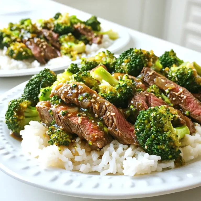- 1 lb flank steak, thinly sliced against the grain - 2 cups fresh broccoli florets - 3 tablespoons soy sauce, divided - 2 tablespoons oyster sauce - 1 tablespoon cornstarch - 3 cloves garlic, minced - 1 tablespoon fresh ginger, grated - 1 tablespoon sesame oil - 2 tablespoons vegetable oil, divided - Salt and freshly cracked pepper to taste - Sesame seeds for garnish (optional) - Cooked rice or quinoa for serving When making Easy Beef and Broccoli, I always focus on fresh and quality ingredients. The flank steak is key. Slicing it against the grain makes it tender. Broccoli adds a nice crunch and bright color. For the sauces, I use soy sauce and oyster sauce. They bring rich flavors that enhance the dish. Cornstarch helps to thicken the sauce and coat the beef perfectly. Don't forget the garlic and ginger. They add a wonderful aroma and depth to the dish. Sesame oil gives a nice nutty flavor too. These ingredients create a tasty and balanced meal. You can serve it over rice or quinoa for a full meal. Enjoying this dish is easy when you have everything ready! - Combine sliced flank steak with 2 tablespoons of soy sauce and 1 tablespoon of cornstarch. - Allow to marinate for 15 minutes. To marinate the beef, use a medium bowl. This step helps the meat soak up flavors. The soy sauce adds saltiness, while the cornstarch helps create a nice texture. - Blanch fresh broccoli in boiling water for 2 minutes. - Drain and set aside. Blanching the broccoli makes it bright green and tender. Boil water in a pot and add the florets. After 2 minutes, quickly drain the broccoli. This method keeps it crisp and vibrant. - Sauté marinated beef in a skillet over medium-high heat. - Cook until evenly browned and fully cooked. Heat 1 tablespoon of vegetable oil in a large skillet. Once hot, add the beef in batches. This prevents overcrowding and ensures even cooking. Sauté for 2-3 minutes until the beef is browned. - Add garlic and ginger to the skillet. - Sauté until fragrant. In the same skillet, add the remaining oil. Then, toss in minced garlic and grated ginger. Stir them for about 30 seconds. Their aroma will fill your kitchen and add depth to the dish. - Incorporate blanched broccoli and stir-fry for 2 minutes. Add the broccoli back into the skillet. Stir-fry it with the garlic and ginger for about 2 minutes. This allows the broccoli to absorb those great flavors. - Mix cooked beef with broccoli and sauces. - Allow sauce to thicken slightly. Return the cooked beef to the skillet. Pour in the oyster sauce, the remaining soy sauce, and sesame oil. Gently mix everything together. This step helps the sauce coat the beef and broccoli. - Adjust seasoning with salt and pepper. - Serve over rice or quinoa, garnished with sesame seeds. Taste the dish and add salt and pepper as needed. Serve the beef and broccoli over a bed of rice or quinoa. If you like, sprinkle sesame seeds on top for a nice touch. To get the best beef texture, slice the flank steak thinly. Always cut against the grain. This step makes the meat tender. Aim for slices about 1/4 inch thick. Marinate the beef for about 15 minutes. This helps it soak up the flavors and makes it juicy. Blanching broccoli is key to keeping its color and flavor. First, boil some water in a pot. Add the fresh broccoli florets for about 2 minutes. You want them bright green and slightly tender. After that, drain and cool them right away. This stops the cooking process and keeps them crisp. When stir-frying, avoid overcrowding the pan. If you add too much food, it steams instead of sears. Cook in batches if needed. Use high heat for the best results. High heat cooks the beef quickly, giving it a nice brown color. This also keeps the broccoli vibrant and crunchy. {{image_4}} You can change the flavor with different sauces. Teriyaki sauce adds a sweet touch. Hoisin sauce brings a rich, savory taste. Both sauces work well with beef and broccoli. Simply swap them for the oyster sauce. Adjust the amount based on your taste. If you want to mix things up, use chicken or tofu instead of beef. Chicken thighs or breasts cook just as well. Cut them into thin slices like you do with beef. For tofu, choose firm or extra-firm. Press the tofu to remove extra water. This helps it absorb flavors better. Feel free to add more veggies to your dish. Bell peppers bring a nice crunch. Snap peas add a sweet pop. You can also try carrots or mushrooms. Just prepare them the same way as broccoli. This makes your meal colorful and healthy. To keep your Easy Beef and Broccoli fresh, follow these steps: - Refrigeration: Allow the dish to cool down. Place it in an airtight container. Store it in the fridge. Enjoy within 3-4 days for the best taste. - Freezing: If you want to save it longer, freeze it. Use a freezer-safe container or bag. Make sure to remove as much air as possible. It can last up to 2-3 months in the freezer. Reheating beef and broccoli is quick and easy. Here are the best methods: - Microwave: Place the leftovers in a microwave-safe dish. Cover with a lid or microwave-safe wrap. Heat on high for 1-2 minutes. Stir halfway through to ensure even heating. - Stovetop: Heat a skillet over medium heat. Add a splash of water or broth. Add the beef and broccoli. Stir often until heated through, about 5 minutes. - Oven: Preheat the oven to 350°F (175°C). Place the dish in an oven-safe container. Cover with foil to keep moisture. Heat for about 15-20 minutes. Knowing how long your dish lasts is essential. Here's the scoop: - In the fridge: Your Easy Beef and Broccoli will stay good for about 3-4 days. - In the freezer: Properly stored, it will last 2-3 months. After that, the quality may decline, but it’s still safe to eat. Yes, you can make Easy Beef and Broccoli ahead. Cook it fully, then cool it down. Store it in an airtight container in the fridge. It stays fresh for about three days. When ready to eat, reheat it on the stove or in the microwave. This dish tastes great even after a day or two! If you need a soy sauce substitute, try tamari. It has a similar taste and is gluten-free. Another option is coconut aminos, which is sweeter and less salty. If you want a low-sodium choice, use low-sodium soy sauce. Each alternative gives a unique flavor, so choose what you like best! The original recipe is not gluten-free due to soy sauce and oyster sauce. To make it gluten-free, use gluten-free soy sauce and check your oyster sauce. Many brands offer gluten-free versions. Always read labels to be sure. This way, you can enjoy the dish without worry! Yes, you can use frozen broccoli! It saves time and is easy to find. Just steam or microwave it before adding it to the skillet. Frozen broccoli is often blanched before freezing, so it cooks faster. This option is great when you want a quick meal. To spice up your beef and broccoli, add chili paste or red pepper flakes. Start with a small amount and taste as you go. You can also use fresh sliced chilies or sriracha for extra heat. Adjust the spice to your liking for a flavor boost! This recipe for beef and broccoli is simple and satisfying. You learned about the right ingredients, step-by-step cooking, and clever tips to enhance flavor and texture. Whether you choose to swap proteins or add fresh veggies, this dish is versatile. Store leftovers properly to enjoy them later. With these tricks, your cooking can be both easy and delicious. Enjoy making this mouthwatering meal anytime!