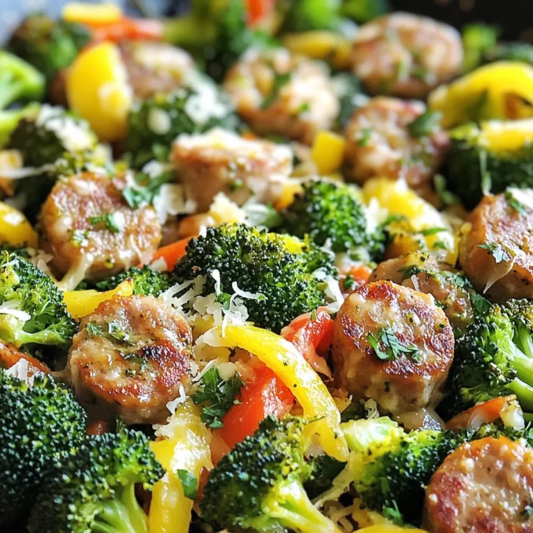 - 1 lb Italian-style chicken sausage, sliced - 3 cups fresh broccoli florets, chopped - 1 medium onion, thinly sliced - 3 cloves garlic, minced - 1 red bell pepper, sliced - 2 tablespoons olive oil - Salt and pepper to taste - Zest and juice of 1 lemon - 1/4 cup Parmesan cheese - Fresh parsley for garnish When making this dish, the main ingredients are key. The Italian-style chicken sausage gives it a hearty flavor, while the broccoli adds nutrition and color. The onion, garlic, and red bell pepper create a delicious aroma and taste. I love using fresh ingredients. They bring out the best in any meal. The olive oil helps everything cook nicely. Salt and pepper balance the flavors. Fresh lemon juice adds zing, while Parmesan cheese gives creaminess. Finally, parsley makes the dish look bright and fresh. Make sure you have everything ready. This dish cooks quickly, so prep before you start. Enjoy your cooking! {{ingredient_image_2}} Start by heating 2 tablespoons of olive oil in a large skillet over medium heat. Once the oil shimmers, add 1 lb of sliced Italian-style chicken sausage. Sauté the sausage for about 5 to 7 minutes. You want it to turn a nice golden brown and be fully cooked. Stir it often to get even color. After the sausage is browned, it’s time to add more flavor. Toss in 1 medium onion, sliced into half-moons, and 3 cloves of minced garlic. Cook this mix for about 3 to 4 minutes. Watch for the onion to soften and turn translucent. Then, add in 1 sliced red bell pepper and 3 cups of chopped fresh broccoli florets. Sauté this for another 5 to 6 minutes until the broccoli is bright green and tender but still has a bit of crunch. Now, it's time for the final flavors. Sprinkle in salt and pepper to taste and, if you like heat, add 1 teaspoon of red pepper flakes. Remove the skillet from the heat and quickly add the zest and juice of 1 lemon. Toss everything together to blend the bright flavors. Finally, sprinkle 1/4 cup of freshly grated Parmesan cheese on top. Let it sit for a minute to melt the cheese slightly. Don't forget to garnish with freshly chopped parsley before serving for a lovely touch! Choosing the right sausage for flavor: I love using Italian-style chicken sausage. It adds a rich, savory taste. You can also try other sausages. Just pick ones you enjoy. Spicy sausage brings a nice kick, while mild sausage offers a gentler flavor. Ensuring broccoli stays crisp: To keep your broccoli vibrant and crisp, cook it just until bright green. Sauté it for about 5-6 minutes. Stir often to prevent burning. You want it tender but still crunchy. Adding a splash of lemon juice at the end brightens the dish and enhances the broccoli's natural flavor. Ideal side dishes or pairings: This dish shines on its own, but you can pair it with rice or crusty bread. A fresh salad adds a nice crunch. Try a simple green salad with vinaigrette for balance. Presentation tips for a stunning meal: Serve your sausage and broccoli skillet on a large platter. Drizzle a bit of olive oil on top. A twist of lemon adds a pop of color and flavor. For garnish, sprinkle fresh parsley over the dish just before serving. How to store leftovers properly: Store any leftovers in airtight containers. This keeps flavors fresh. You can refrigerate them for up to 3 days. If you want to save it longer, freeze it for up to 2 months. Reheating tips for best flavor retention: Reheat your skillet on the stovetop for the best results. Add a splash of water or broth to keep it moist. Heat over medium-low until warmed through. You can also use a microwave, but be careful not to overcook it. Pro Tips Use Fresh Ingredients: Always opt for fresh broccoli and high-quality sausage to enhance the flavors of your dish. Adjust Spice Level: Feel free to modify the amount of red pepper flakes based on your heat preference—less for mild, more for spicy! Perfectly Cooked Broccoli: Keep an eye on the broccoli while sautéing; it should be bright green and tender-crisp for the best texture. Garnish with Lemon: A squeeze of fresh lemon juice just before serving can brighten the flavors and elevate the dish. {{image_4}} You can switch the sausage to turkey sausage. This change reduces fat and calories. You can also try vegetarian options. Plant-based sausages provide great flavor and texture. They work well in this dish. Choose any protein that fits your taste and diet. Feel free to add more vegetables to your skillet. Carrots, zucchini, or snap peas add color and crunch. Mushrooms can bring an earthy flavor. Mix and match your favorites for fun. The more veggies, the healthier your meal becomes! You can boost the flavor with more seasonings. Try Italian herbs like oregano or basil. A splash of soy sauce adds depth. For a zesty kick, add a bit of hot sauce. Experiment with what you have at home for tasty results! To keep your sausage and broccoli skillet fresh, let it cool first. Place leftovers in an airtight container. Store the container in the fridge. Make sure to eat the leftovers within three to four days. If you want to keep it longer, freeze it. Use freezer-safe containers for best results. This way, your meal stays tasty and safe. When stored in the fridge, sausage and broccoli skillet lasts about three to four days. If you freeze it, it can last up to three months. Just remember to label your containers with the date. This helps you keep track of how long the food has been stored. You can reheat your skillet in two ways: the microwave or the stovetop. For the microwave, place a portion in a bowl and cover it. Heat for one to two minutes, stirring halfway through. For stovetop reheating, place it in a skillet over low heat. Stir often until it's hot. The stovetop method keeps the texture better than the microwave. Yes, you can use frozen broccoli. Frozen broccoli is often blanched before freezing. This helps keep its bright color and nutrients. It also saves prep time for you. Keep in mind that frozen broccoli may be softer than fresh. To avoid mushiness, add it to the skillet later in the cooking process. This way, it gets warm but stays crisp. This dish pairs well with many sides. Here are some great options: - Rice: White or brown rice soaks up the flavors well. - Quinoa: A healthy alternative that adds protein. - Crusty Bread: Perfect for mopping up the sauce. - Salad: A light green salad adds a fresh touch. - Pasta: Toss with your favorite pasta for a hearty meal. To adjust spice levels, consider these tips: - For spice: Add more red pepper flakes. You can also use hot sausage. - For milder: Omit red pepper flakes. Choose a sweet or mild sausage. If you want a little heat, use less garlic or skip it. Always taste as you go to find the right balance for you. The sausage and broccoli skillet combines simple ingredients for a tasty dish. We used chicken sausage, fresh broccoli, and bright flavors from lemon and Parmesan. Following easy steps, you can cook a meal perfect for any occasion. You can adapt this dish to suit your tastes by switching proteins or adding veggies. Store leftovers properly for future meals and enjoy reheating options that keep the flavor. Overall, this skillet is both versatile and quick. You’ll love how easy it is to make!