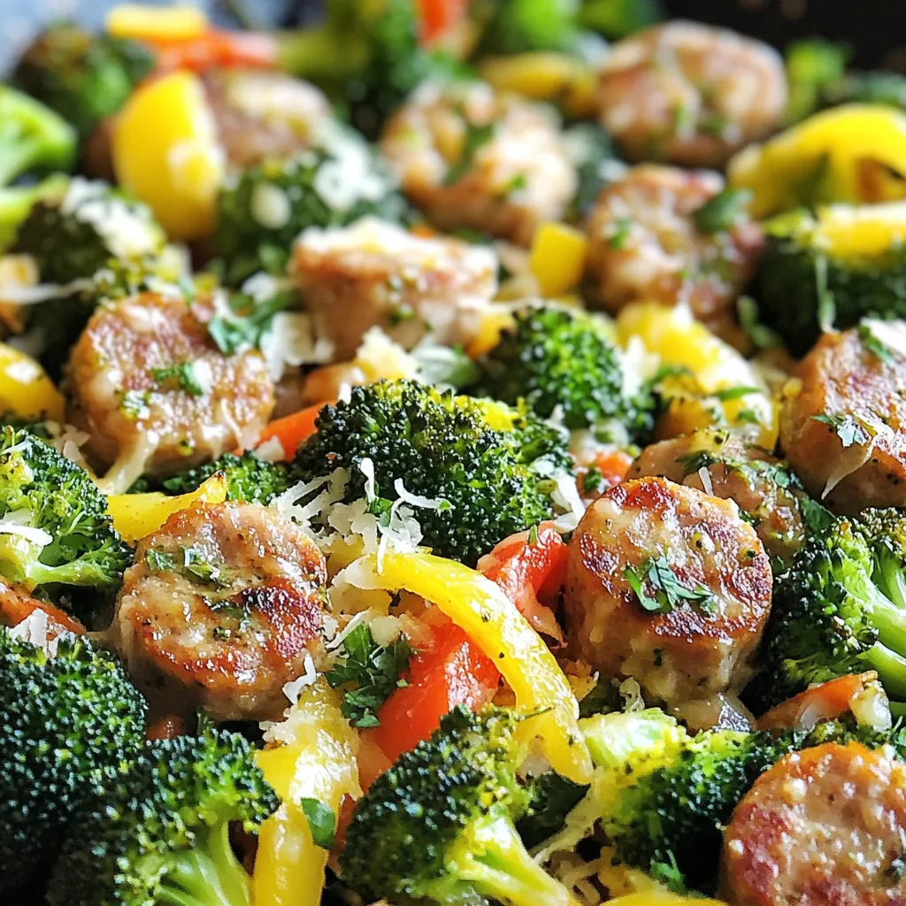 - 1 lb Italian-style chicken sausage, sliced - 3 cups fresh broccoli florets, chopped - 1 medium onion, thinly sliced - 3 cloves garlic, minced - 1 red bell pepper, sliced - 2 tablespoons olive oil - Salt and pepper to taste - Zest and juice of 1 lemon - 1/4 cup Parmesan cheese - Fresh parsley for garnish When making this dish, the main ingredients are key. The Italian-style chicken sausage gives it a hearty flavor, while the broccoli adds nutrition and color. The onion, garlic, and red bell pepper create a delicious aroma and taste. I love using fresh ingredients. They bring out the best in any meal. The olive oil helps everything cook nicely. Salt and pepper balance the flavors. Fresh lemon juice adds zing, while Parmesan cheese gives creaminess. Finally, parsley makes the dish look bright and fresh. Make sure you have everything ready. This dish cooks quickly, so prep before you start. Enjoy your cooking! {{ingredient_image_2}} Start by heating 2 tablespoons of olive oil in a large skillet over medium heat. Once the oil shimmers, add 1 lb of sliced Italian-style chicken sausage. Sauté the sausage for about 5 to 7 minutes. You want it to turn a nice golden brown and be fully cooked. Stir it often to get even color. After the sausage is browned, it’s time to add more flavor. Toss in 1 medium onion, sliced into half-moons, and 3 cloves of minced garlic. Cook this mix for about 3 to 4 minutes. Watch for the onion to soften and turn translucent. Then, add in 1 sliced red bell pepper and 3 cups of chopped fresh broccoli florets. Sauté this for another 5 to 6 minutes until the broccoli is bright green and tender but still has a bit of crunch. Now, it's time for the final flavors. Sprinkle in salt and pepper to taste and, if you like heat, add 1 teaspoon of red pepper flakes. Remove the skillet from the heat and quickly add the zest and juice of 1 lemon. Toss everything together to blend the bright flavors. Finally, sprinkle 1/4 cup of freshly grated Parmesan cheese on top. Let it sit for a minute to melt the cheese slightly. Don't forget to garnish with freshly chopped parsley before serving for a lovely touch! Choosing the right sausage for flavor: I love using Italian-style chicken sausage. It adds a rich, savory taste. You can also try other sausages. Just pick ones you enjoy. Spicy sausage brings a nice kick, while mild sausage offers a gentler flavor. Ensuring broccoli stays crisp: To keep your broccoli vibrant and crisp, cook it just until bright green. Sauté it for about 5-6 minutes. Stir often to prevent burning. You want it tender but still crunchy. Adding a splash of lemon juice at the end brightens the dish and enhances the broccoli's natural flavor. Ideal side dishes or pairings: This dish shines on its own, but you can pair it with rice or crusty bread. A fresh salad adds a nice crunch. Try a simple green salad with vinaigrette for balance. Presentation tips for a stunning meal: Serve your sausage and broccoli skillet on a large platter. Drizzle a bit of olive oil on top. A twist of lemon adds a pop of color and flavor. For garnish, sprinkle fresh parsley over the dish just before serving. How to store leftovers properly: Store any leftovers in airtight containers. This keeps flavors fresh. You can refrigerate them for up to 3 days. If you want to save it longer, freeze it for up to 2 months. Reheating tips for best flavor retention: Reheat your skillet on the stovetop for the best results. Add a splash of water or broth to keep it moist. Heat over medium-low until warmed through. You can also use a microwave, but be careful not to overcook it. Pro Tips Use Fresh Ingredients: Always opt for fresh broccoli and high-quality sausage to enhance the flavors of your dish. Adjust Spice Level: Feel free to modify the amount of red pepper flakes based on your heat preference—less for mild, more for spicy! Perfectly Cooked Broccoli: Keep an eye on the broccoli while sautéing; it should be bright green and tender-crisp for the best texture. Garnish with Lemon: A squeeze of fresh lemon juice just before serving can brighten the flavors and elevate the dish. {{image_4}} You can switch the sausage to turkey sausage. This change reduces fat and calories. You can also try vegetarian options. Plant-based sausages provide great flavor and texture. They work well in this dish. Choose any protein that fits your taste and diet. Feel free to add more vegetables to your skillet. Carrots, zucchini, or snap peas add color and crunch. Mushrooms can bring an earthy flavor. Mix and match your favorites for fun. The more veggies, the healthier your meal becomes! You can boost the flavor with more seasonings. Try Italian herbs like oregano or basil. A splash of soy sauce adds depth. For a zesty kick, add a bit of hot sauce. Experiment with what you have at home for tasty results! To keep your sausage and broccoli skillet fresh, let it cool first. Place leftovers in an airtight container. Store the container in the fridge. Make sure to eat the leftovers within three to four days. If you want to keep it longer, freeze it. Use freezer-safe containers for best results. This way, your meal stays tasty and safe. When stored in the fridge, sausage and broccoli skillet lasts about three to four days. If you freeze it, it can last up to three months. Just remember to label your containers with the date. This helps you keep track of how long the food has been stored. You can reheat your skillet in two ways: the microwave or the stovetop. For the microwave, place a portion in a bowl and cover it. Heat for one to two minutes, stirring halfway through. For stovetop reheating, place it in a skillet over low heat. Stir often until it's hot. The stovetop method keeps the texture better than the microwave. Yes, you can use frozen broccoli. Frozen broccoli is often blanched before freezing. This helps keep its bright color and nutrients. It also saves prep time for you. Keep in mind that frozen broccoli may be softer than fresh. To avoid mushiness, add it to the skillet later in the cooking process. This way, it gets warm but stays crisp. This dish pairs well with many sides. Here are some great options: - Rice: White or brown rice soaks up the flavors well. - Quinoa: A healthy alternative that adds protein. - Crusty Bread: Perfect for mopping up the sauce. - Salad: A light green salad adds a fresh touch. - Pasta: Toss with your favorite pasta for a hearty meal. To adjust spice levels, consider these tips: - For spice: Add more red pepper flakes. You can also use hot sausage. - For milder: Omit red pepper flakes. Choose a sweet or mild sausage. If you want a little heat, use less garlic or skip it. Always taste as you go to find the right balance for you. The sausage and broccoli skillet combines simple ingredients for a tasty dish. We used chicken sausage, fresh broccoli, and bright flavors from lemon and Parmesan. Following easy steps, you can cook a meal perfect for any occasion. You can adapt this dish to suit your tastes by switching proteins or adding veggies. Store leftovers properly for future meals and enjoy reheating options that keep the flavor. Overall, this skillet is both versatile and quick. You’ll love how easy it is to make!
