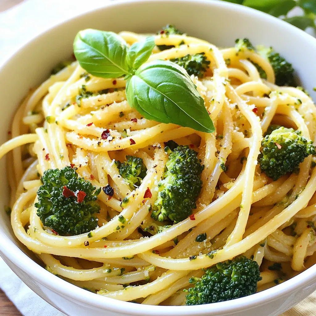 To make healthy broccoli pasta, you need simple yet powerful ingredients. Here’s what you'll use: - 8 oz whole grain pasta (spaghetti or penne) - 2 cups fresh broccoli florets - 1 tablespoon extra virgin olive oil - 2 cloves garlic, finely minced - Zest and juice of 1 fresh lemon - 1/4 cup grated Parmesan cheese (optional) - 1/4 teaspoon crushed red pepper flakes - Salt and freshly ground black pepper to taste - Fresh basil leaves for garnish These ingredients come together to create a colorful and tasty dish. Each ingredient in this recipe has its own health perks. Here are some highlights: - Whole grain pasta: It has more fiber than regular pasta. Fiber helps keep your heart healthy and aids digestion. - Broccoli: This green veggie is packed with vitamins C and K. It supports your immune system and helps your bones stay strong. - Extra virgin olive oil: A healthy fat that can lower bad cholesterol. It also has antioxidants that benefit your heart. - Garlic: Known for its immune-boosting properties, garlic can help fight off sickness. - Lemon: Rich in vitamin C, lemon adds freshness and helps your body absorb iron from the broccoli. - Parmesan cheese: While optional, it adds calcium and protein. Just be mindful of serving size. If you want to make your dish even tastier, consider these optional ingredients: - Parmesan cheese: For a creamy touch, add it at the end. It makes the dish richer. - Crushed red pepper flakes: Adjust the amount for spice lovers. A little heat can make the pasta exciting. - Fresh basil: This herb adds a burst of flavor. It makes your dish look and taste fresh. These additions can elevate your meal and cater to your taste buds. Enjoy creating a healthy and vibrant broccoli pasta! {{ingredient_image_2}} To start, fill a large pot with water. Add a good amount of salt to the water. Bring it to a rolling boil. Once the water is boiling, add 8 ounces of whole grain pasta. You can use spaghetti or penne. Check the package for cooking time. About two minutes before the pasta is done, add 2 cups of fresh broccoli florets. This way, both will cook together and be ready at the same time. When cooked, drain the pasta and broccoli in a colander. Set it aside for now. In the same pot, add 1 tablespoon of extra virgin olive oil. Heat the oil over medium heat. Next, add 2 cloves of finely minced garlic. Sprinkle in 1/4 teaspoon of crushed red pepper flakes for a bit of heat. Stir the mixture for 1 to 2 minutes. You want the garlic to become fragrant and golden. Be careful not to burn it. After that, return the drained pasta and broccoli to the pot. Toss in the zest and juice of 1 fresh lemon. Stir everything well to coat it. If you like a creamy touch, add 1/4 cup of grated Parmesan cheese. Gently toss it so it melts and coats the pasta. Season it with salt and freshly ground black pepper to taste. Now it's ready to serve! Plate the pasta and sprinkle freshly torn basil leaves on top. This adds a nice color and fresh flavor to your meal. Enjoy your healthy broccoli pasta! To cook the pasta perfectly, follow the package directions. I suggest using whole grain pasta for more fiber. Start boiling a large pot of salted water. When the water is bubbling, add the pasta. Cook it until it's al dente, which means firm but not hard. This usually takes about 8-10 minutes. Two minutes before the pasta is ready, add the broccoli florets. This way, the broccoli cooks just right, staying bright and crisp. Lemon juice and zest add a bright taste. I love using the zest because it gives a strong lemon flavor without extra liquid. Just one lemon is enough for this dish. Grated Parmesan cheese adds a creamy touch. You can add more or skip it if you want a lighter meal. Mix in the lemon juice and cheese once the pasta and broccoli are cooked. This makes the dish rich and flavorful. You can add more veggies to boost the nutrition. Try spinach, peas, or bell peppers. They cook quickly and will blend well with the pasta. Just chop them into small pieces and toss them in with the broccoli. This will increase vitamins and fiber in your meal. Don't be afraid to experiment with your favorites. More colors on your plate mean more nutrients! Pro Tips Cook Pasta Al Dente: Make sure to cook the pasta until it is al dente for the best texture. This means it should be firm to the bite, which will help it hold up better when mixed with the sauce. Use Fresh Ingredients: Whenever possible, use fresh broccoli and lemon. Fresh ingredients enhance the flavor and nutritional value of the dish significantly. Adjust Spice Levels: Feel free to adjust the amount of crushed red pepper flakes in the recipe based on your spice preference. Start with a small amount and add more if you enjoy heat. Garnish for Flavor: Don’t skip the fresh basil garnish! It adds a burst of flavor and a beautiful presentation to your pasta dish. {{image_4}} You can switch up the pasta for this dish. Whole grain pasta is healthy and filling. However, you can try other types. Here are some options: - Zucchini noodles: Great for a low-carb choice. - Chickpea pasta: This adds protein and fiber. - Quinoa pasta: A gluten-free alternative with a nice texture. Each option brings a unique taste and texture. Experiment to find your favorite! Want to make your broccoli pasta even heartier? Adding protein is a smart choice. Here are some great ideas: - Grilled chicken: A classic option for meat lovers. - Chickpeas: These add plant-based protein and fiber. - Shrimp: Quick to cook and adds a nice flavor. Adding any of these will make your meal more filling and nutritious! If you prefer a vegan meal, it’s simple to adjust the recipe. You can easily leave out cheese or swap it for a plant-based option. Here’s how: - Use nutritional yeast: This gives a cheesy flavor without dairy. - Omit the Parmesan: The dish still tastes great without it. - Add nuts: Pine nuts or walnuts can give a nice crunch. These changes keep the meal delicious and healthy for everyone! To keep your healthy broccoli pasta fresh, let it cool first. Place it in an airtight container. This helps to prevent moisture loss and keeps flavors intact. You can store it in the fridge for up to three days. If you want to keep it longer, consider freezing it. Just make sure to use freezer-safe bags or containers. This way, you can enjoy it later without losing taste or texture. When you’re ready to eat, reheat your broccoli pasta gently. You can use the microwave or a stovetop. If using the microwave, place it in a bowl and cover it with a damp paper towel. Heat for about 1-2 minutes, stirring halfway through. If using the stovetop, add a splash of water to a pan. Heat over low, stirring until warmed through. This keeps the pasta from drying out. Meal prepping this dish is easy and smart. Cook a bigger batch on the weekend. Portion it into single servings for quick lunches or dinners. Always cool the pasta before storing. This helps to keep it fresh longer. You can also prep the ingredients ahead of time. Chop the broccoli and garlic and store them in the fridge. This way, you can whip up a meal in just 20 minutes during busy weekdays. Yes, you can use frozen broccoli. It saves time and is often just as nutritious. When cooking, add the frozen broccoli in the last few minutes with the pasta. This way, it heats up well without getting mushy. Frozen broccoli also has a great taste and keeps its bright color. To make this dish gluten-free, swap out the whole grain pasta for gluten-free pasta. Many brands offer tasty options made from rice, quinoa, or lentils. Just check the label to ensure it’s gluten-free. Follow the same cooking steps, and you’ll have a delicious meal that fits your needs. You can add low-calorie veggies like spinach or zucchini. These add flavor and nutrition without many calories. You could also use a light cheese or skip cheese altogether. Adding herbs like parsley or dill is another tasty way to enhance the dish while keeping it light. This blog post covered key ingredients, step-by-step cooking, and storage tips. You learned how to prepare a healthy, tasty dish with pasta and broccoli. Adding your favorite proteins or veggies can boost flavor and nutrition. Remember to store leftovers properly for easy meals later. Cooking can be simple and fun, and you now have the tools to make a delicious dish. Enjoy experimenting with different variations to suit your taste and diet!