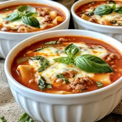 - 1 tablespoon olive oil - 1 medium onion, diced - 3 cloves garlic, minced - 1 pound ground turkey or chicken - 1 can (28 oz) crushed tomatoes In this lasagna soup, the main ingredients work together to create a rich base. The olive oil adds healthy fat and flavor. Diced onion gives a sweet and savory taste. Minced garlic adds a nice kick. Ground turkey or chicken keeps it lean and protein-packed. The crushed tomatoes bring a tangy depth to the soup. - 4 cups chicken or vegetable broth - 2 teaspoons dried Italian herbs - 1 teaspoon red pepper flakes - Salt and pepper to taste For broth, use chicken or vegetable. This choice adds a warm, comforting layer. Dried Italian herbs create a classic taste. Red pepper flakes can add a bit of heat, but this is optional. Season with salt and pepper to make flavors pop. - 3 cups fresh spinach - 1 cup low-fat cottage cheese - 1 cup shredded mozzarella cheese - 8 oz lasagna noodles - Fresh basil for garnish Fresh spinach gives the soup a vibrant color and nutrients. Low-fat cottage cheese adds creaminess without too many calories. Shredded mozzarella melts perfectly on top, making each bowl extra delicious. Broken lasagna noodles provide that classic lasagna texture. Finally, fresh basil adds a beautiful touch and amazing flavor. {{ingredient_image_2}} 1. Saut&eacute;ing onion and garlic: Start by heating one tablespoon of olive oil in a large pot over medium heat. Add the diced onion and cook for 3-4 minutes until it becomes soft and clear. Stir it often. Next, add three cloves of minced garlic. Cook for one more minute. Keep stirring to avoid burning the garlic. 2. Browning the ground turkey or chicken: Now, add one pound of ground turkey or chicken to the pot. Use a spoon to break it into smaller bits. Cook it for 5-7 minutes until the meat is fully brown and no longer pink. 3. Adding crushed tomatoes and broth: Pour in one can of crushed tomatoes and four cups of chicken or vegetable broth. This is where the soup starts to come together! 4. Stirring in herbs and seasonings: Sprinkle in two teaspoons of dried Italian herbs, one teaspoon of red pepper flakes (if you like a little heat), and add salt and pepper to taste. Stir well to mix all the flavors. 5. Simmering to meld flavors: Increase the heat slightly and bring the soup to a gentle simmer. Let it cook for about 10 minutes. This step helps all the flavors blend together nicely. 6. Incorporating lasagna noodles and spinach: Add the broken lasagna noodles to the pot. Cook for another 8-10 minutes, stirring now and then, until the noodles are tender. Then, gently fold in three cups of fresh spinach. Let it cook for 2-3 minutes until the spinach wilts and turns bright green. 7. Mixing in cottage cheese: Stir in one cup of low-fat cottage cheese. This adds a creamy texture to the soup. Make sure it mixes well throughout. 8. Serving suggestions: Use a ladle to serve the soup into warm bowls. Top each bowl with one cup of shredded mozzarella cheese. The cheese will melt into the soup, making it delicious! Finish with fresh basil leaves for a nice touch before enjoying your meal. To ensure even browning of meat, use a large pot. This gives meat space to brown nicely. Break the meat into smaller pieces as it cooks. Stir often so it cooks evenly. Adjusting broth for desired consistency is key. If you like a thicker soup, reduce the broth. You can also let it simmer longer. For a lighter soup, add more broth. Adding more spices or vegetables can boost flavor. Try extra Italian herbs for depth. You could also add diced bell peppers or mushrooms. These add color and taste. Incorporating different types of cheese can make your soup special. Mix in ricotta for creaminess or add parmesan for a salty kick. Each cheese gives a unique flavor. Serving styles and garnishing make your dish shine. Use deep bowls to hold the soup well. Top each bowl with more mozzarella and fresh basil. This adds color and charm. Pairing suggestions with sides can enhance your meal. Garlic bread is a perfect match. It adds crunch and complements the soup's flavor. Pro Tips Fresh Herbs Matter: Use fresh basil instead of dried for a brighter, more aromatic flavor in your lasagna soup. Customize Your Protein: Feel free to substitute the ground turkey or chicken with lean beef or plant-based meat alternatives for a different taste. Storing Leftovers: Keep any leftover soup in an airtight container in the refrigerator for up to 3 days, but consider storing the noodles separately to avoid sogginess. Make it Creamier: For an even creamier texture, blend a portion of the soup before adding the noodles to create a smooth base. {{image_4}} You can use different protein sources in this soup. Ground beef works well for a rich flavor. You can also try plant-based options like lentils or chickpeas. These add protein and make the dish hearty. Add cooked beans or lentils for a twist. They bring a nice texture and flavor. Adding veggies can make this dish even better. Try bell peppers for crunch or zucchini for a mild taste. You can use seasonal vegetables like squash in fall. Fresh vegetables add color and nutrients. They also make the soup more filling. If you need a gluten-free meal, swap lasagna noodles for gluten-free pasta. You can also use zucchini slices instead of noodles. For a lower-calorie option, use lean ground turkey or chicken. You can reduce the cottage cheese or use a low-fat version. These changes keep the soup tasty while fitting your diet. To keep your Protein-Packed Lasagna Soup fresh, cool it quickly. Place it in a shallow container for fast cooling. Once cool, cover it tightly with a lid or plastic wrap. Store it in the fridge for up to three days. If you notice any change in smell or color, it&rsquo;s best to toss it out. Freezing is a great way to save leftovers for later meals. Portion your soup into freezer-safe containers. Leave some space at the top, as liquids expand when frozen. You can freeze it for up to three months. To use, move the container to the fridge overnight to thaw. When ready, reheat in a pot over medium heat until hot. Stir occasionally to ensure even heating. Use airtight containers or heavy-duty freezer bags for storage. This prevents freezer burn and keeps flavors intact. Look out for signs of spoilage, like sour smells or visible mold. If you see these signs, it&rsquo;s better to discard the soup. Always trust your senses when it comes to food safety. How long does Protein-Packed Lasagna Soup last in the fridge? This soup lasts about 3 to 4 days in the fridge. Store it in a sealed container. Make sure it cools before you put it in the fridge. Can I use different noodles for this recipe? Yes, you can use other noodles. Try penne or gluten-free options. Just remember to adjust cooking times as needed. What is the protein content per serving? Each serving has about 30 grams of protein. The ground turkey and cottage cheese boost the protein levels. How can I make this soup lower in calories? You can make it lighter by using less cheese. You could also use lean ground turkey. Another option is to add more veggies. Can I make this soup in advance? Yes, this soup is great for meal prep. You can cook it a day ahead. Just reheat it on the stove before serving. What kitchen tools are recommended for this recipe? You'll need a large pot and a wooden spoon. A ladle helps for serving. A knife and cutting board are useful for chopping. This blog post covered how to make a delicious Protein-Packed Lasagna Soup. We discussed key ingredients, like olive oil, ground turkey, and fresh spinach. You learned about step-by-step instructions for cooking and flavor tips to enhance your dish. Also, we explored various options for protein and veggies for special diets. In conclusion, making this soup is simple, and it offers great taste and nutrition. Try different ingredients to make this recipe your own. Enjoy the warm, hearty goodness all week long!