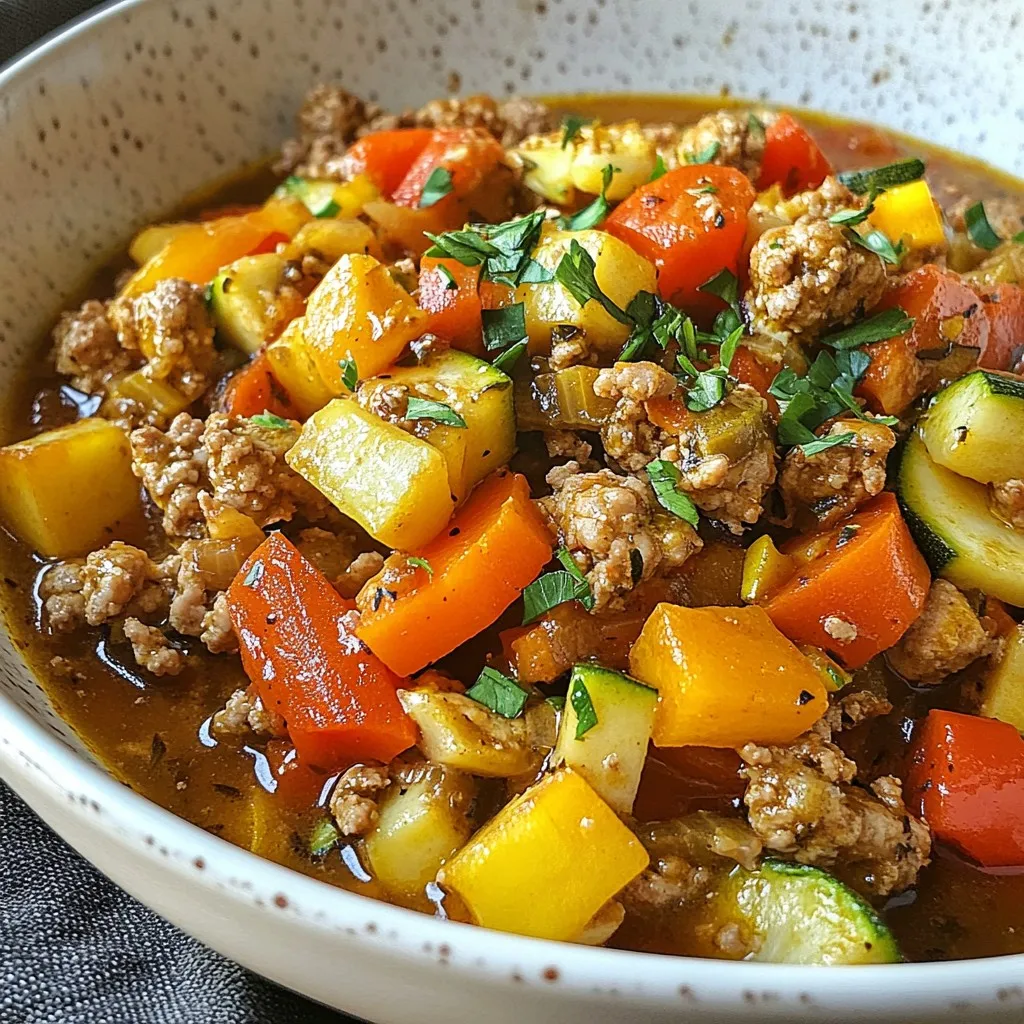 - 1 pound ground turkey - 1 tablespoon olive oil - 1 medium onion, finely chopped - 2 cloves garlic, minced - 1 red bell pepper, diced - 1 cup carrots, thinly sliced - 1 zucchini, diced - 1 teaspoon dried oregano - 1 teaspoon ground cumin - 1 teaspoon sweet paprika - Salt and freshly ground black pepper, to taste - 1 can (15 oz) diced tomatoes, drained and rinsed - 1 cup vegetable broth These ingredients create a colorful and healthy base for your dish. Ground turkey is lean and packed with protein. The veggies add crunch and nutrition. - 1 teaspoon chili powder - 1 tablespoon soy sauce - 1 cup corn, fresh or frozen - 1 teaspoon lemon juice Adding these options gives you more flavor. Chili powder adds heat. Soy sauce brings umami. Corn adds sweetness and texture. - Fresh parsley, chopped - Lemon wedges - Grated cheese Garnishing makes your dish pop. Fresh parsley adds color and freshness. Lemon wedges give a bright taste. Cheese adds creaminess and richness. {{ingredient_image_2}} First, gather all your ingredients. You need: - 1 pound ground turkey - 1 tablespoon olive oil - 1 medium onion, finely chopped - 2 cloves garlic, minced - 1 red bell pepper, diced - 1 cup carrots, thinly sliced - 1 zucchini, diced - 1 teaspoon dried oregano - 1 teaspoon ground cumin - 1 teaspoon sweet paprika - Salt and freshly ground black pepper, to taste - 1 can (15 oz) diced tomatoes, drained and rinsed - 1 cup vegetable broth - Fresh parsley, chopped, for garnish Chop the onion, garlic, bell pepper, carrots, and zucchini before you start cooking. This saves time and helps the dish cook evenly. Heat the olive oil in a large skillet over medium heat. After one minute, add the onion and garlic. Sauté them for about 3-4 minutes. Wait until the onion turns soft and clear. The garlic should smell good. Next, add the ground turkey. Use a wooden spoon to break it apart. Cook for around 5-7 minutes. Make sure it turns brown and there are no pink bits left. Then, toss in the diced red bell pepper, sliced carrots, and zucchini. Stir often for about 5 minutes. You want the veggies to get soft and bright. Now, sprinkle the dried oregano, ground cumin, and sweet paprika over the turkey and veggies. Season with salt and pepper. Mix everything well so the spices spread evenly. Add the drained diced tomatoes and vegetable broth. Stir again to blend. Increase the heat a bit until it simmers. Then, lower the heat and cover the skillet. Let it cook for 10-15 minutes. This helps the flavors come together. After cooking, taste the dish. Adjust the salt, pepper, or spices if you wish. Finally, remove the skillet from heat and sprinkle fresh parsley on top. Serve hot and enjoy! To keep your ground turkey tender, cook it over medium heat. This helps it brown nicely without drying out. Stir it often to break up clumps. Use a wooden spoon for best results. Cook until there are no pink bits left. This should take about 5 to 7 minutes. Boost the taste with spices. I love using dried oregano, ground cumin, and sweet paprika. These spices add depth and warmth. Feel free to add fresh herbs like basil or thyme for extra flavor. A splash of lemon juice can brighten the dish, too. Always taste and adjust seasoning before serving. Add your vegetables after the turkey is browned. This keeps them crisp yet tender. Cook the veggies for about 5 minutes until they soften and shine with color. Cover the skillet while simmering to cook the veggies evenly. This way, they soak up all those amazing flavors. Pro Tips Use Fresh Herbs: Fresh parsley adds a burst of flavor and color to the dish. Feel free to substitute or add other fresh herbs like basil or cilantro for a unique twist. Adjust the Spice Level: If you prefer a bit of heat, consider adding red pepper flakes or diced jalapeños when sautéing the vegetables for an extra kick. Meal Prep Friendly: This dish can be made in advance and stored in the fridge for up to three days. Reheat it gently on the stove or in the microwave for a quick meal. Experiment with Vegetables: Feel free to swap in seasonal vegetables like spinach, kale, or bell peppers for added nutrients and variety in flavor. {{image_4}} You can switch ground turkey for other proteins. Try ground chicken or beef for a different taste. Plant-based ground meat works well, too. For veggies, use what you have. Spinach, broccoli, or peas add great color and nutrition. Just chop them up and mix them in. Adjusting spices lets you change the flavor. Want it spicy? Add red pepper flakes or cayenne. For a sweeter taste, mix in cinnamon or nutmeg. You can also try herbs like basil or thyme for a fresh twist. Taste as you go and find what you love best. This dish is great for meal prep. Make a big batch and store it. Divide it into containers for quick meals all week. It keeps well in the fridge for up to four days. Just reheat it in the microwave or on the stove. You’ll have tasty meals ready in no time! To keep your One-Pan Savory Ground Turkey fresh, store it in an airtight container. This helps prevent drying out. Let the dish cool to room temperature before sealing. Use leftovers within three to four days for the best taste. Always label your containers with the date so you know when to enjoy them. When it’s time to enjoy your leftovers, reheating is simple. Place the turkey in a skillet over medium heat. Stir occasionally to heat evenly. If it seems dry, add a splash of broth or water. You can also use the microwave. Put the turkey in a microwave-safe bowl, cover it, and heat for 2-3 minutes. Stir halfway to ensure even heating. Want to save some for later? Freezing works great! Allow the dish to cool completely. Portion it into freezer-safe bags or containers. Remove as much air as possible before sealing. Label each bag with the date. You can freeze it for up to three months. When ready to eat, thaw it overnight in the fridge. Then, reheat it on the stove or in the microwave. Enjoy a quick meal anytime! You can pair this dish with several sides. Here are some tasty options: - Rice: White or brown rice works well. - Quinoa: A healthy grain that complements the turkey. - Salad: A fresh green salad adds crunch. - Bread: Crusty bread is perfect for soaking up juices. These sides will enhance your meal and add variety. Yes, you can easily make this recipe gluten-free. Use gluten-free vegetable broth. Check the labels on your spices too. Some brands may add gluten. By doing this, you can enjoy a safe and tasty meal. Ground turkey is fully cooked when it reaches a safe internal temperature. Use a meat thermometer; the turkey should be 165°F (75°C). Look for these signs: - No pink spots in the meat. - Juices run clear when pierced. - The meat is firm and not soft. These tips ensure you have a safe and delicious dish! This blog post covered all you need to make one-pan savory ground turkey. We explored the key ingredients and optional choices for extra taste. I shared steps for preparing and cooking, plus helpful tips for great results. You can also tweak the dish with different proteins and spices. In the end, this meal is easy, tasty, and great for any day. Enjoy trying new flavors while keeping it simple!