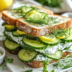 Here&rsquo;s what you need to make these tasty cucumber salad sandwiches: - 1 large cucumber, thinly sliced - 8 slices of whole grain bread - 4 oz cream cheese, softened at room temperature - 2 tablespoons Greek yogurt - 1 tablespoon fresh dill, finely chopped - 1 tablespoon fresh lemon juice - Salt and freshly ground black pepper, to taste - 1 teaspoon garlic powder - Microgreens or fresh lettuce leaves (for garnish) These sandwiches are not just fresh; they&rsquo;re also good for you. Each serving is low in calories and high in vitamins. The cucumber is hydrating and full of fiber, while the cream cheese and Greek yogurt provide protein. Whole grain bread adds healthy carbs. For the best flavor and quality, I recommend using: - Organic cucumbers for freshness and taste. - Philadelphia cream cheese for a smooth texture. - Chobani Greek yogurt for a creamy consistency. - Any whole grain bread that you enjoy, like Dave's Killer Bread. If you have dietary needs, swap cream cheese with vegan cream cheese. This keeps the sandwich just as creamy and delicious. {{ingredient_image_2}} To make the creamy spread, grab a mixing bowl. Add 4 oz of softened cream cheese and 2 tablespoons of Greek yogurt. Use a fork or spatula to mix them until smooth. Then, add 1 tablespoon of fresh dill, 1 tablespoon of fresh lemon juice, salt, pepper, and 1 teaspoon of garlic powder. Stir until everything combines into a creamy blend. This spread will add a rich flavor to the sandwiches. Now, lay out 8 slices of whole grain bread on a clean surface. This will be your assembly area. Take 4 slices and spread a generous layer of the creamy mix over them. Make sure to cover the entire slice for the best taste. Next, layer the thin cucumber slices on top of the spread. Overlap them slightly so every bite is crunchy and fresh. Finally, place the remaining bread slices on top. Press down gently to hold everything together. If you want a crispy sandwich, try toasting them. Heat a non-stick skillet over medium heat. Place the assembled sandwiches into the skillet. Toast each side for about 2-3 minutes until golden brown. Keep an eye on them to avoid burning. Once done, take them out and cut each sandwich into triangles or quarters. This makes them easy to eat. For a nice touch, garnish with microgreens or a fresh lettuce leaf on top. To get the best texture from your cucumbers, choose a large one. Look for one that feels firm and has smooth skin. Wash it well before slicing. Use a sharp knife or a mandoline to cut thin slices. Thin slices will crunch nicely in each bite. After slicing, sprinkle some salt on the cucumbers. This helps draw out extra moisture. Let them sit for about ten minutes. Then, pat them dry with paper towels. This step makes sure your sandwiches stay crisp and not soggy. To boost the flavor of your cream cheese spread, mix in fresh herbs. Besides dill, try adding chives or parsley for a fresh taste. A dash of lemon zest can brighten the flavor too. If you want a little heat, add a pinch of cayenne pepper. For a tangy kick, mix in some capers or a bit of horseradish. Be sure to taste the mixture as you go. Adjust the salt and pepper to your liking for the best flavor. When serving your cucumber sandwiches, presentation matters. Arrange the sandwiches on a colorful platter. Cut them into fun shapes like triangles or quarters. This makes them easy to grab. Garnish with microgreens or fresh lettuce leaves on top. This adds color and freshness. For an extra touch, place a small bowl of the cream cheese spread on the side. Guests can dip their sandwiches for more flavor. A vibrant, fresh look will make your sandwiches even more inviting! Pro Tips Fresh Cucumber Selection: Choose firm cucumbers with a vibrant green color for the best crunch and flavor. Spread Consistency: Make sure your cream cheese is softened to room temperature for easier spreading and a smoother texture. Toasting Alternatives: If you prefer a lighter option, skip the toasting and serve the sandwiches fresh for a crisp, cool bite. Garnishing Ideas: Experiment with different microgreens or herbs to personalize your presentation and enhance flavor. {{image_4}} You can get creative with your spreads. Instead of the cream cheese mix, try hummus. It adds a nice, nutty flavor. Avocado spread is another great option. It gives a creamy texture and healthy fats. For a zesty kick, use tzatziki sauce. This adds a fresh taste that pairs well with cucumbers. While whole grain bread is classic, you can explore other options. Sourdough bread adds a tangy flavor that complements the cucumber. Rye bread gives a hearty touch, perfect for a robust bite. If you want something lighter, try a soft white or a baguette. Each type brings its own charm. Enhance your sandwiches with fun toppings. Add sliced radishes for a crunchy bite. Fresh herbs like basil or cilantro can boost flavor. You could also sprinkle on some capers for a salty surprise. For a sweet twist, try thin slices of apple or pear. These toppings make each sandwich unique and exciting. To keep your cucumber salad sandwiches fresh, wrap them tightly in plastic wrap. This helps prevent air from drying them out. You can also place them in an airtight container. Store them in the fridge for up to two days. If you notice any soggy bread, eat those sandwiches first. They won't last as long as the others. To keep cucumbers crisp, wrap them in a paper towel. Then, place them in a plastic bag or container. The paper towel absorbs extra moisture. Store cucumbers in the crisper drawer of your fridge. This area is cool and keeps them fresh longer. Use cucumbers within a week for the best taste. If you want to make cucumber sandwiches ahead, prepare the spread and cucumbers first. You can store the spread in the fridge for up to three days. Slice cucumbers just before assembling the sandwiches. This keeps them crisp and prevents sogginess. Assemble your sandwiches no more than a few hours before serving. This way, they stay fresh and delicious. Yes, you can make these sandwiches vegan easily. Swap the cream cheese for a vegan alternative. Use plant-based yogurt instead of Greek yogurt. You might also try mashed avocado for a creamy texture. This way, you keep the flavor while making it suitable for a vegan diet. Cucumber salad sandwiches pair well with many sides. You can serve them with fresh fruit, like grapes or berries. A light salad with mixed greens and a simple vinaigrette works nicely too. Chips or veggie sticks add a nice crunch. You could also serve a flavorful dip, like hummus or tzatziki, on the side. Cucumber sandwiches stay fresh for about 2 to 4 hours at room temperature. If you keep them in the fridge, they can last up to a day. The cucumbers might release water and make the bread soggy. To avoid this, store the cucumber slices separately and assemble them just before serving. This blog post covered how to make tasty cucumber salad sandwiches. We explored ingredients, from cream cheese to bread choices. You learned step-by-step instructions and some helpful tips for the best texture and flavor. We also discussed ways to store leftovers and answered common questions. Cucumber sandwiches are tasty and easy to make. With these insights, you can create a great snack or meal. Enjoy making these yummy treats!