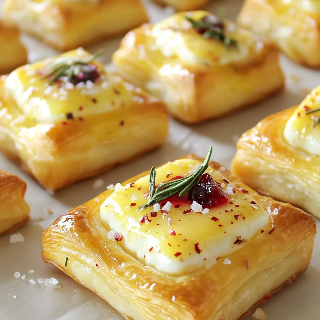 - 1 package (2 sheets) of puff pastry - 8 oz wheel of Brie cheese - 1 cup cranberry sauce The main ingredients set the stage for these tasty bites. Puff pastry gives a light and flaky texture. Brie cheese adds a creamy richness. The cranberry sauce brings a sweet-tart flavor that balances everything. - 1 tablespoon fresh rosemary, finely chopped - Sea salt, for a finishing sprinkle For the aromatic flavors, fresh rosemary adds a lovely herbal note. As it bakes, it releases a warm scent. A sprinkle of sea salt on top enhances the flavors. This small touch makes a big difference in taste. - Purpose of using an egg wash The egg wash serves a key role. It creates a shiny, golden-brown crust on the pastry. This gives your bites a beautiful appearance. A nice look can make your dish more inviting. - How to prepare To prepare the egg wash, simply beat one egg in a small bowl. Use a pastry brush to apply it to the tops of your pastry bites. Make sure to cover them well for an even finish. This step is easy but adds a lot of value. {{ingredient_image_2}} 1. Preheat your oven to 400°F (200°C). This helps the bites bake evenly. 2. Prepare a baking sheet by lining it with parchment paper. This prevents sticking and makes cleanup easy. 1. Roll out the puff pastry sheets on a lightly floured surface. Aim for a thin layer to let them puff up nicely. 2. Cut each pastry sheet into 3-inch squares. You will make about 24 squares in total. 3. Place one square on the prepared baking sheet. In the center, add a slice of Brie cheese. Leave space to fold the pastry. 4. Spoon about 1 tablespoon of cranberry sauce over the Brie. Spread it evenly, but avoid letting it overflow. 5. For extra flavor, sprinkle a pinch of finely chopped rosemary on top of the cranberry sauce. This adds a nice aroma. 1. Fold the corners of each puff pastry square toward the center. This will encase the Brie and cranberry mix. Pinch the edges to seal them well. 2. Brush the tops with the beaten egg using a pastry brush. This gives the bites a lovely golden color. 3. Lightly sprinkle sea salt over the tops before baking. This enhances the flavor. 4. Place the baking sheet in the oven and bake for 15-20 minutes. Watch them closely to avoid burning. They should puff up and turn golden brown. 5. Once baked, remove the sheet from the oven. Let the bites cool for a few minutes before serving. This helps the cheese set slightly, making them easier to eat. To make the best puff pastry bites, rolling is key. Start with lightly floured surfaces. Roll each sheet evenly to avoid uneven cooking. Thin pastry puffs better. Aim for about 1/8-inch thickness. Sealing is just as important. After adding the Brie and cranberry sauce, fold the corners toward the center. Pinch the edges firmly to keep the filling inside. This will prevent any spills while baking. A tight seal leads to a perfect bite. You can boost flavor with herbs. Fresh rosemary adds a lovely scent. Try thyme or sage for different tastes. Each herb gives a unique twist. Use what you enjoy most. If you want a change from cranberry sauce, consider other fruit preserves. Apricot or fig preserves work well. They add sweetness and richness. This way, you can create new flavors each time. Presentation matters. Arrange the baked bites on a beautiful platter. Garnish with rosemary sprigs for color. Adding a bowl of extra cranberry sauce makes it even more inviting. Pair your bites with dips or drinks. A light salad or a fruit chutney can complement them well. For drinks, try a sparkling wine or a light cocktail. These pairings enhance the overall experience. Pro Tips Chill the Brie: For easier slicing, place the Brie in the freezer for about 15-20 minutes before cutting. This will help it hold its shape better when baked. Use Egg Wash Generously: Don't skimp on the egg wash! A thorough brush will ensure your bites achieve that perfect golden color and shine. Experiment with Toppings: Feel free to add different toppings like chopped nuts, honey, or a sprinkle of cinnamon for a unique twist on flavors. Serve Warm: These bites are best enjoyed warm, so serve them immediately after baking for the ultimate gooey, cheesy experience. {{image_4}} You can change up the cheese in these bites. Try goat cheese for a tangy twist. Cream cheese works well too, giving a nice creamy texture. If you want a stronger flavor, consider blue cheese. It adds a rich taste that pairs great with cranberry. For fruit preserves, cranberry sauce is classic, but you could use fig jam or raspberry preserves. Both bring a sweet and tart balance. Apple butter is another tasty option. It adds a warm spice that enhances the bites. If you need a gluten-free option, look for gluten-free puff pastry. Many brands offer this, and it bakes up just as flaky. You can also make a crust using almond flour for a nutty flavor. For vegan alternatives, swap out the Brie with a vegan cheese. Look for brands that melt well. Instead of the egg wash, brush with plant-based milk for a nice finish. These swaps keep the flavor while catering to different diets. Make these bites festive for the holidays! You can add chopped nuts like pecans or walnuts. They add crunch and depth. Dried fruits like apricots or cherries can also bring a sweet touch. For a winter vibe, sprinkle in some cinnamon or nutmeg with the cranberry. This adds warmth and a cozy flavor. You can also serve them with a spiced apple cider to enhance the season's spirit. To store your leftover cranberry brie bites, let them cool down first. Place them in an airtight container. They stay fresh in the fridge for up to three days. If you want to keep them longer, freezing is a great option. Wrap each bite in plastic wrap, then place them in a freezer bag. They can last up to two months in the freezer. To refresh your puff pastry bites, preheat your oven to 350°F (175°C). Place the bites on a baking sheet. Bake for about 10-15 minutes. This helps restore their crispiness. You can also use an air fryer for a quick and tasty option. Set it to 350°F and heat for about 5-7 minutes. In the fridge, your cranberry brie bites last for about three days. In the freezer, they stay good for two months. Always check for spoilage before eating. Signs include a strange smell or a change in color. If you notice these, it's best to throw them away. Yes, you can prep these bites in advance. To save time, assemble them a day before. After you fold the pastry, cover them tightly with plastic wrap. Store them in the fridge. When you're ready, just brush with egg wash and bake. This keeps them fresh and tasty. You can also freeze them before baking. Just remember to add a few extra minutes to the baking time when you pull them out of the freezer. These bites pair well with many sides and drinks. You could serve them with a light salad for balance. A simple arugula salad with lemon dressing works great. For drinks, try sparkling wine or cider. Both add a fun twist. You can also offer a cheese board with nuts and fruits for a more festive touch. This makes your serving table look beautiful. Cranberry brie bites can be gluten-free if you choose the right pastry. Look for gluten-free puff pastry at your local store. Some brands make great options. If you're unsure, check the label. This way, you can enjoy these bites without worry. You can also make a batch using gluten-free bread instead of pastry. Just cut the bread into squares and layer with cheese and cranberry. You learned about making delicious cranberry Brie bites. We covered main ingredients like puff pastry, Brie cheese, and cranberry sauce. The flavors from rosemary and sea salt elevate these treats. You now know how to prepare the egg wash, assemble the bites, and bake them to perfection. Keep in mind the tips for rolling and flavor enhancements. Explore ingredient swaps and seasonal twists. Lastly, remember how to store and reheat these bites. Enjoy creating tasty snacks that impress friends and family.