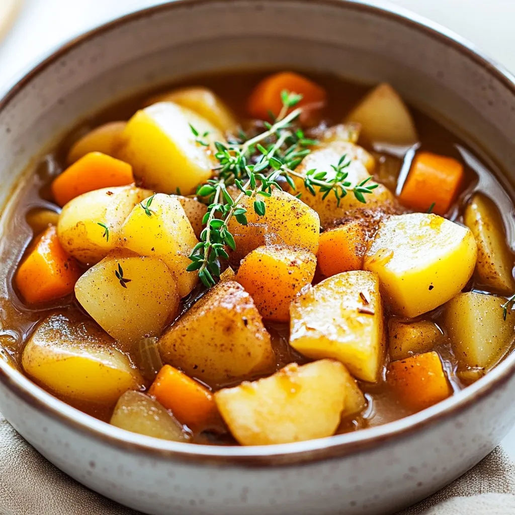 Here’s what you need for a warm bowl of Fall Apple Cider Stew Mash: - 4 medium-sized apples, peeled and diced into bite-sized pieces - 2 cups apple cider (fresh or store-bought) - 2 large carrots, diced evenly - 2 medium potatoes, peeled and cut into cubes - 1 onion, finely chopped - 2 cloves garlic, minced or pressed - 2 celery stalks, diced into small pieces - 1 cup vegetable broth (homemade or low-sodium if preferred) - 1 teaspoon ground cinnamon - 1/2 teaspoon ground nutmeg - 2 tablespoons olive oil (extra virgin is recommended for flavor) - Salt and freshly ground black pepper, to taste - Fresh thyme leaves, for garnish If you want to spice things up, consider adding: - A dash of cayenne pepper for heat - A tablespoon of maple syrup for sweetness - A splash of apple vinegar for tang These options can change the flavor profile and keep it exciting! Don't have something on hand? No problem! Here are some swaps you can try: - Use sweet potatoes instead of regular potatoes for a different taste. - Swap out vegetable broth for chicken broth if you prefer. - If you don’t have apples, try pears for a similar texture. These substitutions keep your stew tasty and adaptable! {{ingredient_image_2}} Start by peeling and dicing the apples into small pieces. You want them to be bite-sized. Next, peel and cut the potatoes into cubes. Dice the carrots and chop the onion finely. Mince the garlic and dice the celery. Having all your veggies ready makes cooking easier. It helps to have everything prepped before you start. In a large pot, heat the olive oil over medium heat. When the oil shimmers, add the onions and garlic. Sauté them for 3-4 minutes. You want the onions soft and clear. Then, add the diced carrots and celery. Stir them well and let them cook for about 5 minutes. This step builds a sweet base for your stew. Now it’s time to add the liquids. Pour in the apple cider and vegetable broth. Then, add the apples and potatoes. Don’t forget the ground cinnamon, nutmeg, salt, and pepper. Stir everything well. Bring the pot to a gentle boil. Once boiling, lower the heat and let it simmer uncovered for 25-30 minutes. Stir occasionally until the apples and potatoes are tender. After cooking, use a potato masher or an immersion blender to mash the stew. You can make it chunky or smooth, based on your taste. Adjust the seasoning if needed. Finally, serve the warm stew in bowls and garnish with fresh thyme leaves for a touch of color. Enjoy the hearty warmth of this fall dish! To boost the taste of your Fall Apple Cider Stew Mash, try adding herbs. Fresh thyme works well. You can also add a bay leaf while cooking for depth. For a sweet twist, mix in a tablespoon of maple syrup. This adds a lovely richness to the flavor. If you like a bit of heat, add a pinch of cayenne pepper. This will warm up the dish nicely. The cooking time can change based on your stove. If your apples or potatoes are larger, it might take longer to get them tender. Keep an eye on your stew. Stirring often helps cook things evenly. If you want a thicker stew, cook it a bit longer. Just let it simmer until it reaches the right thickness. Always taste it before serving to make sure it’s just right. When serving your stew, consider adding a side of warm, crusty bread. It’s perfect for dipping. A light salad can also make a nice pair. For a cozy touch, add some shredded cheese on top. This adds creaminess and flavor. Don’t forget to garnish with fresh thyme leaves. They add a pop of color and a fresh taste. Enjoy your hearty meal! Pro Tips Choose the Right Apples: Opt for a mix of sweet and tart apples, such as Honeycrisp and Granny Smith, to add depth and balance to your stew. Enhance the Flavor: For an added layer of flavor, consider adding a splash of balsamic vinegar or a dash of maple syrup to the stew. Texture Preference: Experiment with the texture by using a combination of mashing and leaving some chunks intact for a more rustic feel. Storage Tips: This stew can be stored in the refrigerator for up to three days. Reheat gently on the stove, adding a little water or broth if it becomes too thick. {{image_4}} You can easily add protein to your Fall Apple Cider Stew Mash. Adding cooked chicken or turkey gives a nice flavor. If you prefer beef, use lean ground beef for a hearty touch. For a simple addition, try diced cooked sausage. Each option boosts the stew's nutrition and taste. Just add the protein after sautéing the vegetables. Let it cook until heated through before adding the liquids. If you want a vegetarian version, skip the meat outright. You can add beans like chickpeas or lentils for protein. They mix well with the stew and add great texture. Tofu is another good option. Just cube it and toss it in with the veggies. This way, you keep all the flavor without using meat. It’s a filling dish that everyone can enjoy! Using different apple varieties can change the stew's flavor. Sweet apples like Fuji or Honeycrisp add a lovely sweetness. Tart apples like Granny Smith can give a nice contrast. You can even mix apples for a fuller taste. Aim for about four medium apples total, combining different flavors. This little twist makes your stew unique every time! After you enjoy your Fall Apple Cider Stew Mash, cool it down first. Store it in an airtight container. It can stay fresh in the fridge for about 3 to 5 days. Make sure to label the container with the date. This helps you keep track of freshness. If you want to save some stew for later, freezing works well. Allow the stew to cool completely before freezing. Use freezer-safe containers or bags. It’s best to leave some room for expansion. You can freeze the stew for up to 3 months. When you're ready to eat, just thaw it in the fridge overnight. To reheat, you can use a pot or the microwave. If using a pot, warm it over low heat. Stir the stew occasionally to heat evenly. If using a microwave, heat in short bursts. Stir in between to avoid hot spots. You might need to add a splash of apple cider or broth to get the right consistency again. Enjoy your meal warm! Yes, you can use different types of apples. Each kind brings its own flavor. For a sweet taste, use Fuji or Honeycrisp apples. If you like tart flavors, try Granny Smith or Braeburn. Mixing apple types can add depth to your dish. Just make sure to peel and dice them into small pieces. To make this dish gluten-free, simply use gluten-free vegetable broth. Most apple cider is gluten-free, but check the label to be sure. The other ingredients are naturally gluten-free, so you can enjoy this dish safely. Always read labels to avoid hidden gluten. Serving sides can enhance your meal. Warm crusty bread pairs well, soaking up the stew's flavors. A light salad adds freshness and balances the richness. Consider roasted Brussels sprouts or green beans for a hearty touch. Enjoy these sides with your warm stew for a complete meal. This article covered the key ingredients, cooking steps, and tips for making Fall Apple Cider Stew Mash. You learned about ingredient substitutions and how to enhance flavors. We also explored variations, such as protein options and apple types. Finally, you received storage tips to maintain freshness. In conclusion, this dish is easy to make and adjust based on what you have. Enjoy experimenting with flavors and ingredients. Cooking should be fun and rewarding!