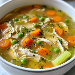 To make a great chicken soup, you need some key items. Gather the following: - 1 whole chicken (3-4 lbs), cleaned and cut into pieces - 10 cups water, preferably filtered - 2 tablespoons extra virgin olive oil - 1 large onion, diced - 3 cloves garlic, minced finely - 3 medium carrots, peeled and sliced - 3 celery stalks, sliced diagonally These main ingredients form the heart of your soup. The chicken gives it a rich flavor, while the veggies add color and taste. Seasonings bring your soup to life. Use these: - 1 teaspoon dried thyme - 1 teaspoon dried rosemary - 1 bay leaf - Salt and freshly cracked black pepper, to taste These herbs and spices create a warm, inviting aroma. They make your chicken soup comforting and delicious. Garnishes add a lovely finish to your dish. Consider using: - 1 cup frozen peas - Fresh parsley, chopped The peas give a nice pop of color and sweetness. Chopped parsley adds freshness and a burst of flavor. You can also pair your soup with crusty bread or a side salad for a complete meal. Enjoy the warmth! {{ingredient_image_2}} Start with a large stockpot. Heat 2 tablespoons of extra virgin olive oil over medium heat. Once the oil is hot, add 1 large diced onion and 3 minced garlic cloves. Saut&eacute; these for about 5 minutes. You want the onion to be soft and clear. Stir often to keep them from sticking to the pot. Now, it's time for the chicken. Add a whole chicken, cleaned and cut into pieces, to the pot. Pour in 10 cups of water. Turn up the heat to bring everything to a rolling boil. Once it boils, lower the heat to keep it at a gentle simmer. Use a spoon to skim off any foam that forms. This step helps make your broth clear and tasty. After skimming, it's time to add flavor. Toss in 3 sliced carrots and 3 sliced celery stalks. Add 1 teaspoon of dried thyme, 1 teaspoon of dried rosemary, and 1 bay leaf. Season with salt and freshly cracked black pepper to taste. Stir everything well. Let it simmer for about 1.5 hours. The chicken will cook through and become tender. Once the chicken is cooked, carefully take it out and place it on a cutting board. Shred the meat with two forks. Discard the bones and skin. Place the shredded chicken back into the pot. Finally, stir in 1 cup of frozen peas. Let it simmer for another 10 minutes. This allows all the flavors to blend perfectly. To make your chicken soup burst with flavor, start with a whole chicken. This gives a rich taste. Use fresh veggies like onions, carrots, and celery. Saut&eacute; them first in olive oil to release their natural sweetness. Add herbs like thyme and rosemary for depth. These small steps make a big difference in taste. When your soup boils, foam forms on top. This foam is just proteins and impurities. To skim it off, use a ladle or a spoon. Gently scoop the foam from the surface. Do this every few minutes during the first half hour of cooking. This keeps your broth clear and tasty. Once the chicken is cooked, let it cool a bit. Place it on a cutting board. Use two forks to shred the meat from the bones. Hold one fork in each hand. Pull the meat apart, working in small sections. Discard the bones and skin. This will make your soup hearty and full of tender chicken pieces. Pro Tips Choose Quality Chicken: For the best flavor, opt for organic or free-range chicken. The quality of the chicken significantly influences the taste of your soup. Don&rsquo;t Rush the Simmer: Allow your soup to simmer gently for the full time to extract maximum flavor from the ingredients. Skimming the foam helps achieve a clear broth. Customize Your Veggies: Feel free to add or substitute with your favorite vegetables like potatoes, green beans, or corn for a personal touch. Make Ahead and Freeze: This soup freezes well! Make a big batch and store it in airtight containers for quick meals on busy days. {{image_4}} You can make your chicken soup even heartier by adding noodles or rice. Both options are easy to use. If you choose noodles, add them near the end of cooking. Cook them directly in the soup for about 10 minutes. For rice, let it simmer for about 15 minutes. Use long-grain white rice or brown rice for a healthy twist. If you want a vegetarian or vegan version, you have options. Replace the chicken with hearty vegetables. Use mushrooms, carrots, and celery for depth. You can add vegetable broth instead of water. Beans or lentils can boost protein and texture. Add your favorite herbs and spices for flavor. To spice things up, try adding heat to your chicken soup. You can mix in chili flakes or fresh jalape&ntilde;os for a kick. Sriracha or hot sauce can also work well. Start with a small amount, then taste and adjust. This twist adds warmth and excitement to your cozy bowl. To keep your chicken soup fresh, store it in a sealed container. Let it cool down first. This helps prevent bacteria growth. The soup will last about 3 to 4 days in the fridge. Make sure to label it with the date. This way, you&rsquo;ll know when to use it. Freezing chicken soup is easy and smart. Use freezer-safe containers or bags. Leave some space at the top for expansion. The soup can last up to 3 months in the freezer. When you're ready to eat it, thaw the soup in the fridge overnight. This keeps the texture nice. Reheat your chicken soup on the stove for the best flavor. Pour it into a pot and warm it over medium heat. Stir it often until it's heated through. If you use the microwave, place it in a microwave-safe bowl. Heat in short bursts, stirring in between. This helps it heat evenly. Enjoy your cozy bowl of soup! To store leftover chicken soup, let it cool first. Pour the soup into airtight containers. Make sure to leave some space at the top. This allows for expansion when freezing. You can keep it in the fridge for up to three days. If you want to keep it longer, freeze it for up to three months. Just remember to label the containers with the date. Yes, you can use chicken breasts instead of a whole chicken. Just remember that the flavor may not be as rich. Whole chickens add more depth to the broth. If using breasts, adjust the cooking time. Cook the chicken for about 20-30 minutes until fully done. You can still shred the chicken and add it back to the soup. Homemade chicken soup offers many health benefits. It provides warmth and comfort, especially on cold days. The broth is hydrating and can help ease a sore throat. Chicken is a great source of protein, which is vital for health. Vegetables add vitamins and minerals that boost your immune system. Plus, it&rsquo;s low in fat and can be made with fresh ingredients. Enjoying a bowl can lift your spirits and help you feel better. In this post, we covered how to make chicken soup. You learned about essential ingredients, herbs, and seasonings. I shared tips for perfect flavor and how to store your soup right. Remember, you can add noodles or make it vegan too. Homemade chicken soup offers comfort and nutrition. Use these steps and tips to create your own tasty version. You now have the tools to make this dish your own. Enjoy the warmth and flavor of your creation!