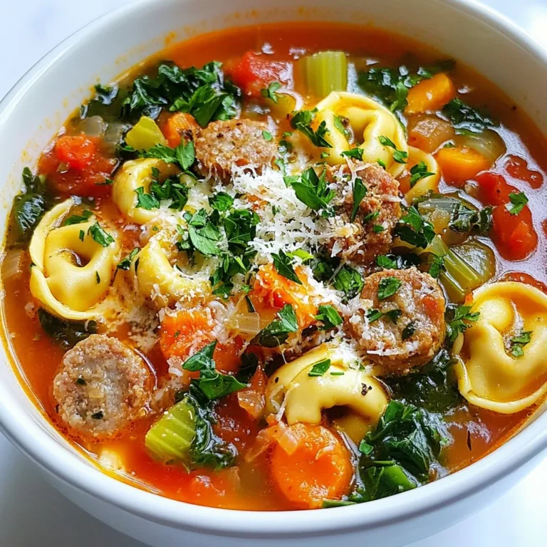 - 1 tablespoon olive oil - 1 pound Italian sausage (mild or spicy) - 1 medium onion, diced finely - 2 cloves garlic, minced - 2 medium carrots, diced into small pieces - 2 celery stalks, diced - 6 cups chicken broth (low-sodium preferred) - 1 can (14.5 ounces) diced tomatoes, undrained - 1 teaspoon dried Italian herbs (oregano, basil, thyme) - 1 cup fresh spinach, roughly chopped - 1 package (9 ounces) cheese tortellini - Salt and freshly ground black pepper to taste - Grated Parmesan cheese for serving - Fresh parsley, chopped, for garnish You can swap the Italian sausage with turkey sausage or chicken sausage for a lighter meal. Fresh herbs can replace dried ones for a brighter flavor. If you want a vegetarian version, use veggie broth and omit the sausage. Fresh spinach is best, but frozen spinach works, just thaw and drain it well. Use low-sodium chicken broth to control salt levels. - Large pot or Dutch oven - Wooden spoon or spatula - Cutting board - Knife - Measuring spoons and cups - Ladle for serving - Bowls for serving These tools help you create a warm, hearty meal easily. Make sure your pot is big enough to hold all the ingredients. A good knife makes chopping quick and fun! {{ingredient_image_2}} Start by gathering all your ingredients. This makes cooking easier. - 1 tablespoon olive oil - 1 pound Italian sausage - 1 medium onion, diced finely - 2 cloves garlic, minced - 2 medium carrots, diced into small pieces - 2 celery stalks, diced In a large pot, heat the olive oil over medium heat. Once hot, add the Italian sausage. Use a spoon to break it into smaller pieces. Cook until it turns brown, about 5-7 minutes. Next, add the diced onion and minced garlic. Stir well and cook for another 2-3 minutes. You want the onion to be translucent. After that, toss in the diced carrots and celery. Cook for another 5-6 minutes until the veggies soften. Once your veggies are ready, pour in 6 cups of chicken broth. Add 1 can of undrained diced tomatoes as well. Stir everything until it mixes well. Sprinkle in 1 teaspoon of dried Italian herbs. Season with salt and freshly ground black pepper to taste. Increase the heat slightly and bring your soup to a gentle simmer. Let it cook uncovered for about 10 minutes. This helps the flavors blend nicely. Now it's time to add the tortellini. Stir in 1 package of cheese tortellini. Cook according to the package instructions, usually about 4-5 minutes. You want them tender but not mushy. Next, gently fold in 1 cup of roughly chopped fresh spinach. Let it wilt in the soup for about 1 minute. This keeps it bright and fresh. Taste your soup and adjust the seasoning if needed. Add more salt or pepper if desired. Ladle the hot soup into bowls. Garnish with grated Parmesan cheese and fresh parsley before serving. Enjoy your hearty and easy meal! To boost flavor in your sausage tortellini soup, herbs and spices are key. I recommend using dried Italian herbs like oregano, basil, and thyme. This mix brings warmth and depth. Fresh herbs like parsley can add a bright touch. Don't forget to season with salt and black pepper. This simple step can make a huge difference! One common mistake is not browning the sausage enough. This step adds great flavor to the soup. Another pitfall is overcooking the tortellini. Keep an eye on them; they should be tender but not mushy. Finally, avoid adding too much broth at once. It's better to add gradually. This way, you control the soup's thickness. For a cozy meal, serve your soup in rustic bowls. A drizzle of olive oil on top gives a nice shine. Pair the soup with crusty bread for dipping. This combination offers a hearty and satisfying experience. You can also add a side salad for freshness. A simple green salad complements the rich flavors perfectly. Pro Tips Choose Your Sausage Wisely: Select a high-quality Italian sausage for the best flavor. If you're unsure, you can mix mild and spicy sausages for a balanced taste. Fresh Herbs for Flavor: If possible, use fresh herbs instead of dried for a brighter flavor profile. Add them towards the end of cooking to retain their freshness. Customize Your Veggies: Feel free to add other vegetables like zucchini or bell peppers for added nutrition and color. Just make sure they cook down in the same time frame as the carrots and celery. Perfect Tortellini Texture: To prevent the tortellini from becoming mushy, add them to the soup towards the end of the cooking process, following the package instructions closely. {{image_4}} If you have dietary needs, you can make simple swaps. For a gluten-free version, use gluten-free tortellini. You can use vegetable broth instead of chicken broth for a lighter taste. If you want to lower fat, choose lean turkey sausage. Swap out heavy cream with almond milk for a dairy-free option. Always make sure to read labels to avoid allergens. You can easily switch the sausage for other meats. Ground turkey or chicken gives a lighter flavor. If you want a smoky taste, try chorizo. You can even add diced ham for a different twist. Each meat adds its own unique flavor, so feel free to experiment! For a vegetarian or vegan soup, leave out the meat. You can add more veggies like mushrooms, bell peppers, or zucchini. Use plant-based tortellini for a vegan option. Instead of chicken broth, use vegetable broth. Adding beans or lentils boosts protein and adds heartiness. This way, you keep the soup filling and nutritious without meat. To store your sausage tortellini comfort soup, let it cool first. Pour it into an airtight container. Make sure to leave some space at the top. This helps the soup expand if it freezes. You can keep it in the fridge for up to three days. When you are ready to eat, reheating is easy. Pour the soup into a pot. Heat it on medium-low. Stir it often to avoid sticking. You can also microwave it in a bowl. Cover it loosely. Heat in short bursts, stirring in between until it's hot. If you want to freeze the soup, do it right after it cools. Use freezer-safe containers. Leave space at the top for expansion. The soup can last in the freezer for about three months. When ready to eat, thaw it in the fridge overnight. Reheat as mentioned above. Enjoy a warm bowl anytime! Yes, you can make this soup ahead of time. It keeps well in the fridge for up to three days. Just let it cool completely, then store it in an airtight container. When you're ready to eat, simply reheat it over medium heat. The flavors will deepen and taste even better! You can add many healthy options. Try adding: - Kale or Swiss chard for added greens. - Chickpeas for extra protein and fiber. - Zucchini for a boost of vitamins. - Bell peppers for color and crunch. These additions can make the soup heartier and more nutritious. To thicken the soup, you have a few easy options. You can: - Add a bit of cornstarch mixed with water. Stir this in and let it cook for a few minutes. - Blend a small amount of the soup and stir it back in for a creamy texture. - Use mashed potatoes or cooked rice to thicken it naturally. These methods will give you a nice, hearty consistency. This soup recipe gives you all you need to know. We explored key ingredients, tools, and steps. You learned tips to enhance flavor and avoid mistakes. Variations let you customize it for any diet. Proper storage and reheating keep leftovers tasty. By following these steps, you can make a delicious meal that warms you inside and out. Enjoy your cooking journey!