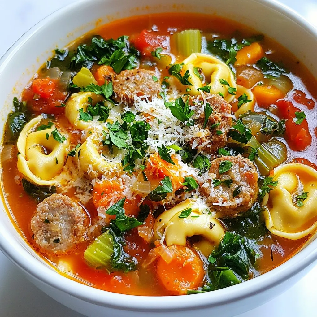 - 1 tablespoon olive oil - 1 pound Italian sausage (mild or spicy) - 1 medium onion, diced finely - 2 cloves garlic, minced - 2 medium carrots, diced into small pieces - 2 celery stalks, diced - 6 cups chicken broth (low-sodium preferred) - 1 can (14.5 ounces) diced tomatoes, undrained - 1 teaspoon dried Italian herbs (oregano, basil, thyme) - 1 cup fresh spinach, roughly chopped - 1 package (9 ounces) cheese tortellini - Salt and freshly ground black pepper to taste - Grated Parmesan cheese for serving - Fresh parsley, chopped, for garnish You can swap the Italian sausage with turkey sausage or chicken sausage for a lighter meal. Fresh herbs can replace dried ones for a brighter flavor. If you want a vegetarian version, use veggie broth and omit the sausage. Fresh spinach is best, but frozen spinach works, just thaw and drain it well. Use low-sodium chicken broth to control salt levels. - Large pot or Dutch oven - Wooden spoon or spatula - Cutting board - Knife - Measuring spoons and cups - Ladle for serving - Bowls for serving These tools help you create a warm, hearty meal easily. Make sure your pot is big enough to hold all the ingredients. A good knife makes chopping quick and fun! {{ingredient_image_2}} Start by gathering all your ingredients. This makes cooking easier. - 1 tablespoon olive oil - 1 pound Italian sausage - 1 medium onion, diced finely - 2 cloves garlic, minced - 2 medium carrots, diced into small pieces - 2 celery stalks, diced In a large pot, heat the olive oil over medium heat. Once hot, add the Italian sausage. Use a spoon to break it into smaller pieces. Cook until it turns brown, about 5-7 minutes. Next, add the diced onion and minced garlic. Stir well and cook for another 2-3 minutes. You want the onion to be translucent. After that, toss in the diced carrots and celery. Cook for another 5-6 minutes until the veggies soften. Once your veggies are ready, pour in 6 cups of chicken broth. Add 1 can of undrained diced tomatoes as well. Stir everything until it mixes well. Sprinkle in 1 teaspoon of dried Italian herbs. Season with salt and freshly ground black pepper to taste. Increase the heat slightly and bring your soup to a gentle simmer. Let it cook uncovered for about 10 minutes. This helps the flavors blend nicely. Now it's time to add the tortellini. Stir in 1 package of cheese tortellini. Cook according to the package instructions, usually about 4-5 minutes. You want them tender but not mushy. Next, gently fold in 1 cup of roughly chopped fresh spinach. Let it wilt in the soup for about 1 minute. This keeps it bright and fresh. Taste your soup and adjust the seasoning if needed. Add more salt or pepper if desired. Ladle the hot soup into bowls. Garnish with grated Parmesan cheese and fresh parsley before serving. Enjoy your hearty and easy meal! To boost flavor in your sausage tortellini soup, herbs and spices are key. I recommend using dried Italian herbs like oregano, basil, and thyme. This mix brings warmth and depth. Fresh herbs like parsley can add a bright touch. Don't forget to season with salt and black pepper. This simple step can make a huge difference! One common mistake is not browning the sausage enough. This step adds great flavor to the soup. Another pitfall is overcooking the tortellini. Keep an eye on them; they should be tender but not mushy. Finally, avoid adding too much broth at once. It's better to add gradually. This way, you control the soup's thickness. For a cozy meal, serve your soup in rustic bowls. A drizzle of olive oil on top gives a nice shine. Pair the soup with crusty bread for dipping. This combination offers a hearty and satisfying experience. You can also add a side salad for freshness. A simple green salad complements the rich flavors perfectly. Pro Tips Choose Your Sausage Wisely: Select a high-quality Italian sausage for the best flavor. If you're unsure, you can mix mild and spicy sausages for a balanced taste. Fresh Herbs for Flavor: If possible, use fresh herbs instead of dried for a brighter flavor profile. Add them towards the end of cooking to retain their freshness. Customize Your Veggies: Feel free to add other vegetables like zucchini or bell peppers for added nutrition and color. Just make sure they cook down in the same time frame as the carrots and celery. Perfect Tortellini Texture: To prevent the tortellini from becoming mushy, add them to the soup towards the end of the cooking process, following the package instructions closely. {{image_4}} If you have dietary needs, you can make simple swaps. For a gluten-free version, use gluten-free tortellini. You can use vegetable broth instead of chicken broth for a lighter taste. If you want to lower fat, choose lean turkey sausage. Swap out heavy cream with almond milk for a dairy-free option. Always make sure to read labels to avoid allergens. You can easily switch the sausage for other meats. Ground turkey or chicken gives a lighter flavor. If you want a smoky taste, try chorizo. You can even add diced ham for a different twist. Each meat adds its own unique flavor, so feel free to experiment! For a vegetarian or vegan soup, leave out the meat. You can add more veggies like mushrooms, bell peppers, or zucchini. Use plant-based tortellini for a vegan option. Instead of chicken broth, use vegetable broth. Adding beans or lentils boosts protein and adds heartiness. This way, you keep the soup filling and nutritious without meat. To store your sausage tortellini comfort soup, let it cool first. Pour it into an airtight container. Make sure to leave some space at the top. This helps the soup expand if it freezes. You can keep it in the fridge for up to three days. When you are ready to eat, reheating is easy. Pour the soup into a pot. Heat it on medium-low. Stir it often to avoid sticking. You can also microwave it in a bowl. Cover it loosely. Heat in short bursts, stirring in between until it's hot. If you want to freeze the soup, do it right after it cools. Use freezer-safe containers. Leave space at the top for expansion. The soup can last in the freezer for about three months. When ready to eat, thaw it in the fridge overnight. Reheat as mentioned above. Enjoy a warm bowl anytime! Yes, you can make this soup ahead of time. It keeps well in the fridge for up to three days. Just let it cool completely, then store it in an airtight container. When you're ready to eat, simply reheat it over medium heat. The flavors will deepen and taste even better! You can add many healthy options. Try adding: - Kale or Swiss chard for added greens. - Chickpeas for extra protein and fiber. - Zucchini for a boost of vitamins. - Bell peppers for color and crunch. These additions can make the soup heartier and more nutritious. To thicken the soup, you have a few easy options. You can: - Add a bit of cornstarch mixed with water. Stir this in and let it cook for a few minutes. - Blend a small amount of the soup and stir it back in for a creamy texture. - Use mashed potatoes or cooked rice to thicken it naturally. These methods will give you a nice, hearty consistency. This soup recipe gives you all you need to know. We explored key ingredients, tools, and steps. You learned tips to enhance flavor and avoid mistakes. Variations let you customize it for any diet. Proper storage and reheating keep leftovers tasty. By following these steps, you can make a delicious meal that warms you inside and out. Enjoy your cooking journey!